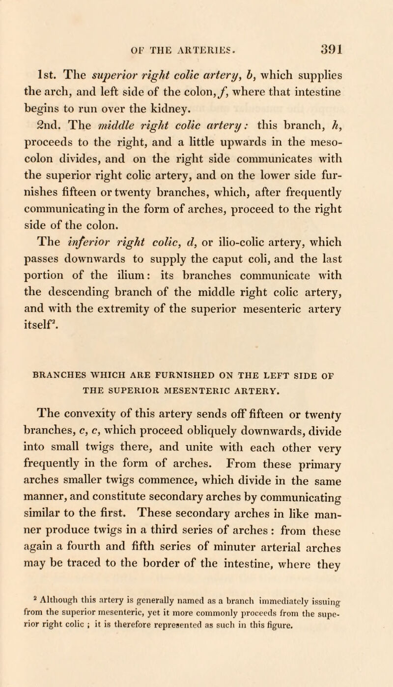 1st. The superior right colic artery^ h, which supplies the arch, and left side of the colon,y, where that intestine begins to run over the kidney. 2nd. The middle right colic artery: this branch, h, proceeds to the right, and a little upwards in the meso¬ colon divides, and on the right side communicates wdth the superior right colic artery, and on the lower side fur¬ nishes fifteen or twenty branches, which, after frequently communicating in the form of arches, proceed to the right side of the colon. The inferior right colic, d, or ilio-colic artery, which passes downwards to supply the caput coli, and the last portion of the ilium: its branches communicate with the descending branch of the middle right colic artery, and with the extremity of the superior mesenteric artery itseir. BRANCHES WHICH ARE FURNISHED ON THE LEFT SIDE OF THE SUPERIOR MESENTERIC ARTERY. The convexity of this artery sends off fifteen or twenty branches, c, c, wdiich proceed obliquely downwards, divide into small twigs there, and unite with each other very frequently in the form of arches. From these primary arches smaller twigs commence, which divide in the same manner, and constitute secondary arches by communicating similar to the first. These secondary arches in like man¬ ner produce twigs in a third series of arches : from these again a fourth and fifth series of minuter arterial arches may be traced to the border of the intestine, where they * Although this artery is generally named as a branch immediately issuing from the superior mesenteric, yet it more commonly j)rocecds from the supe¬ rior right colic ; it is therefore represented as such in this figure.