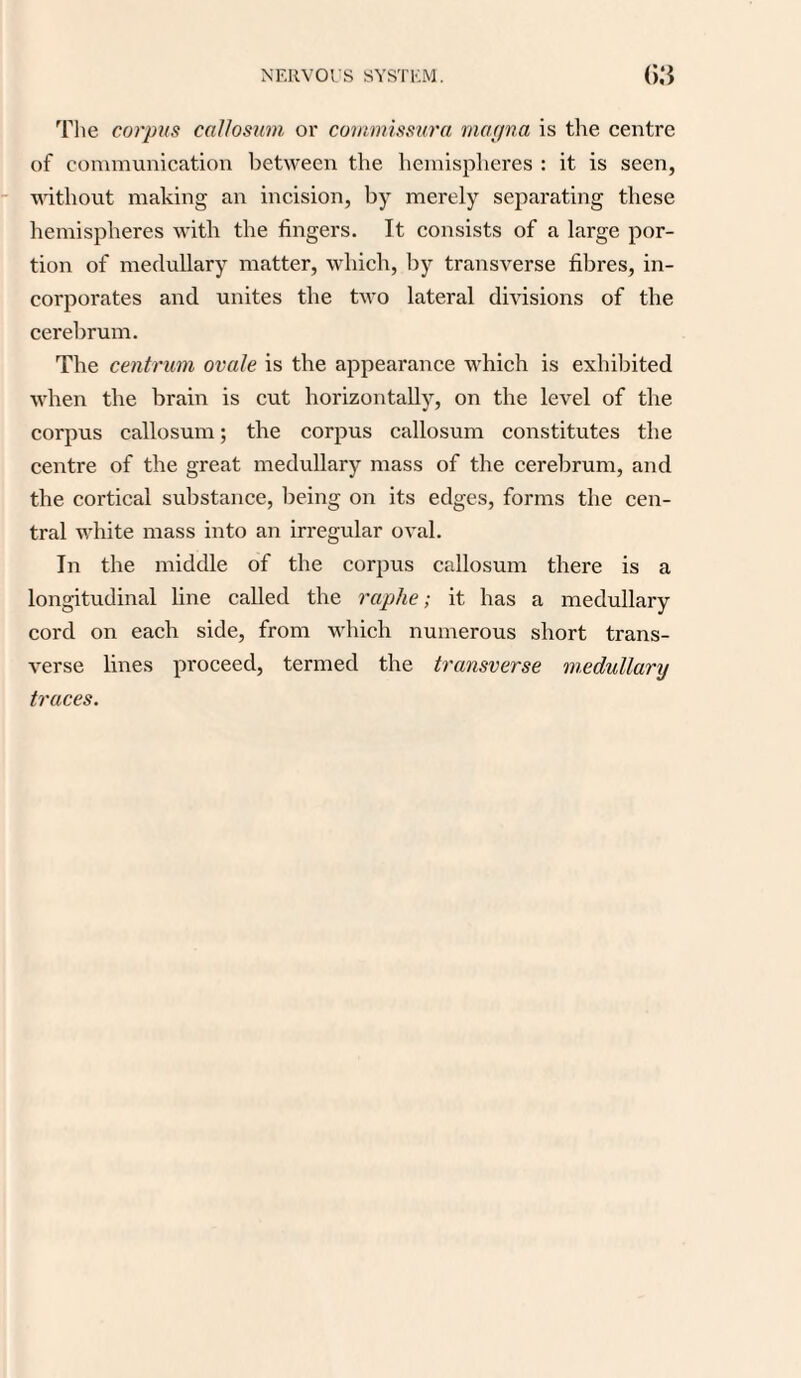 The corpus callosum, or commissura marjna is the centre of communication between the hemispheres : it is seen, without making an incision, by merely separating these hemispheres with the fingers. It consists of a large por¬ tion of medullary matter, which, by transverse fibres, in¬ corporates and unites the two lateral divisions of the cerebrum. The centrum ovale is the appearance which is exhibited when the brain is cut horizontally, on the level of the corpus callosum; the corpus callosum constitutes the centre of the great medullary mass of the cerebrum, and the cortical substance, being on its edges, forms the cen¬ tral white mass into an irregular oval. In the middle of the corpus callosum there is a longitudinal line called the raphe; it has a medullary cord on each side, from which numerous short trans¬ verse lines proceed, termed the transverse medullary traces.