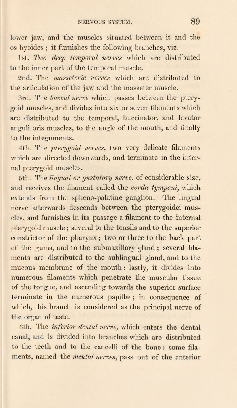 lower jaw, and the muscles situated between it and the os hyoides ; it furnishes the following branches, viz. 1st. Two deep temporal nerves which are distributed to the inner part of the temporal muscle. 2nd. The masseteric nerves which are distributed to the articulation of the jaw and the masseter muscle. 3rd. The buccal nerve which passes between the ptery¬ goid muscles, and divides into six or seven filaments which are distributed to the temporal, buccinator, and levator anguli oris muscles, to the angle of the mouth, and finally to the integuments. 4th. The pterygoid nerves, two very delicate filaments which are directed downwards, and terminate in the inter¬ nal pterygoid muscles. 5th. The lingual or gustatory nerve, of considerable size, and receives the filament called the corda tympani, which extends from the spheno-palatine ganglion. The lingual nerve afterwards descends between the pterygoidei mus¬ cles, and furnishes in its passage a filament to the internal pterygoid muscle; several to the tonsils and to the superior constrictor of the pharynx; two or three to the back part of the gums, and to the submaxillary gland ; several fila¬ ments are distributed to the sublingual gland, and to the mucous membrane of the mouth: lastly, it divides into numerous filaments which penetrate the muscular tissue of the tongue, and ascending towards the superior surface terminate in the numerous papillae; in consequence of which, this branch is considered as the principal nerve of the organ of taste. Gth. The inferior dental nerve, which enters the dental canal, and is divided into branches which are distributed to the teeth and to the cancelli of the bone : some fila¬ ments, named the mental nerves, pass out of the anterior