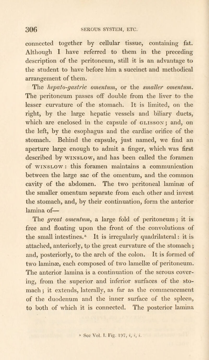 connected together by cellular tissue, containing fat. Although I have referred to them in the preceding description of the peritoneum, still it is an advantage to the student to have before him a succinct and methodical arrangement of them. The hepato-gastric omentum, or the smaller omentum. The peritoneum passes off double from the liver to the lesser curvature of the stomach. It is limited, on the right, by the large hepatic vessels and biliary ducts, which are enclosed in the capsule of glisson ; and, on the left, by the esophagus and the cardiac orifice of the stomach. Behind the capsule, just named, we find an aperture large enough to admit a finger, which was first described by winslow, and has been called the foramen of winslow : this foramen maintains a communication between the large sac of the omentum, and the common cavity of the abdomen. The two peritoneal laminae of the smaller omentum separate from each other and invest the stomach, and, by their continuation, form the anterior lamina of— The great omentum, a large fold of peritoneum; it is free and floating upon the front of the convolutions of the small intestines.a It is irregularly quadrilateral: it is attached, anteriorly, to the great curvature of the stomach; and, posteriorly, to the arch of the colon. It is formed of two lamime, each composed of two lamellae of peritoneum. The anterior lamina is a continuation of the serous cover¬ ing, from the superior and inferior surfaces of the sto¬ mach ; it extends, laterally, as far as the commencement of the duodenum and the inner surface of the spleen, to both of which it is connected. The posterior lamina “ See Vol. E Fig. UJ7, i, i, i.