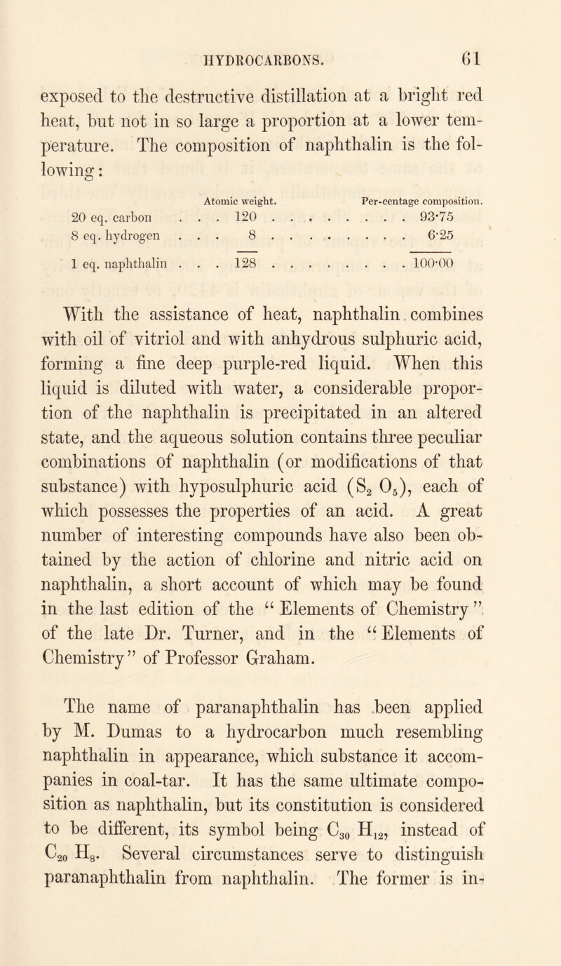 exposed to the destructive distillation at a bright red heat, but not in so large a proportion at a lower tem¬ perature. The composition of naphthalin is the fol¬ lowing : Atomic weight. Per-centage composition. 20 eq. carbon . . . 120 93*75 8 eq. hydrogen ... 8 6*25 1 eq. naphthalin ... 128 100*00 With the assistance of heat, naphthalin combines with oil of vitriol and with anhydrous sulphuric acid, forming a fine deep purple-red liquid. When this liquid is diluted with water, a considerable propor¬ tion of the naphthalin is precipitated in an altered state, and the aqueous solution contains three peculiar combinations of naphthalin (or modifications of that substance) with hyposulphuric acid (S2 05), each of which possesses the properties of an acid. A great number of interesting compounds have also been ob¬ tained by the action of chlorine and nitric acid on naphthalin, a short account of which may be found in the last edition of the “ Elements of Chemistry of the late Dr. Turner, and in the u Elements of Chemistry” of Professor Graham. The name of paranaphthalin has been applied by M. Dumas to a hydrocarbon much resembling naphthalin in appearance, which substance it accom¬ panies in coal-tar. It has the same ultimate compo¬ sition as naphthalin, but its constitution is considered to be different, its symbol being C30 PI12, instead of C20 H8. Several circumstances serve to distinguish paranaphthalin from naphthalin. The former is in-