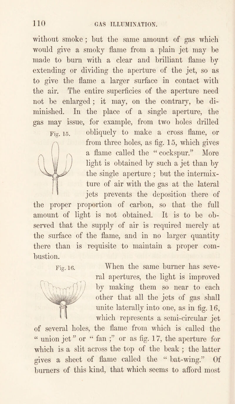 without smoke ; but the same amount of gas which would give a smoky flame from a plain jet may be made to burn with a clear and brilliant flame by extending or dividing the aperture of the jet, so as to give the flame a larger surface in contact with the air. The entire superficies of the aperture need not be enlarged; it may, on the contrary, be di¬ minished. In the place of a single aperture, the gas may issue, for example, from two holes drilled Fig. 15. obliquely to make a cross flame, or from three holes, as fig. 15, which gives ^ ! r a flame called the “ cock spur.” More \ I W I J light is obtained by such a jet than by the single aperture ; but the intermix- j ture of air with the gas at the lateral jets prevents the deposition there of the proper proportion of carbon, so that the full amount of light is not obtained. It is to be ob¬ served that the supply of air is required merely at the surface of the flame, and in no larger quantity there than is requisite to maintain a proper com¬ bustion. Fig. 16. When the same burner has seve¬ ral apertures, the light is improved by making them so near to each other that all the jets of gas shall unite laterally into one, as in fig. 16, which represents a semi-circular jet of several holes, the flame from which is called the “ union jet ” or “ fan f or as fig. 17, the aperture for which is a slit across the top of the beak ; the latter gives a sheet of flame called the “ bat-wing.” Of burners of this kind, that which seems to afford most