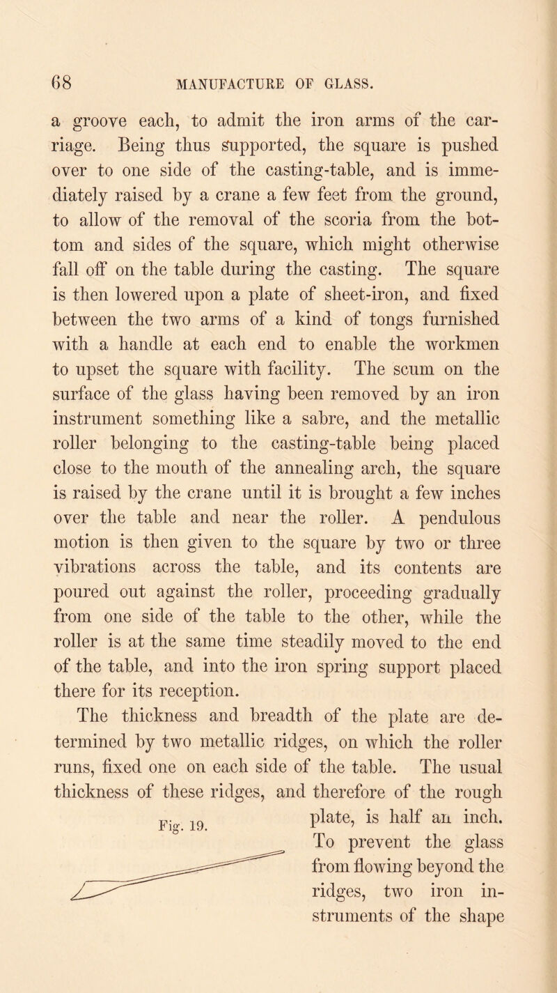 a groove each, to admit the iron arms of the car¬ riage. Being thus supported, the square is pushed over to one side of the casting-table, and is imme¬ diately raised by a crane a few feet from the ground, to allow of the removal of the scoria from the bot¬ tom and sides of the square, which might otherwise fall off on the table during the casting. The square is then lowered upon a plate of sheet-iron, and fixed between the two arms of a kind of tongs furnished with a handle at each end to enable the workmen to upset the square with facility. The scum on the surface of the glass having been removed by an iron instrument something like a sabre, and the metallic roller belonging to the casting-table being placed close to the mouth of the annealing arch, the square is raised by the crane until it is brought a few inches over the table and near the roller. A pendulous motion is then given to the square by two or three vibrations across the table, and its contents are poured out against the roller, proceeding gradually from one side of the table to the other, while the roller is at the same time steadily moved to the end of the table, and into the iron spring support placed there for its reception. The thickness and breadth of the plate are de¬ termined by two metallic ridges, on which the roller runs, fixed one on each side of the table. The usual thickness of these ridges, and therefore of the rough Fio. 19 plate, is half an inch. To prevent the glass from flowing beyond the ridges, two iron in¬ struments of the shape