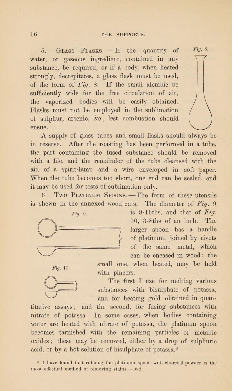 5. Glass Flasks. If the quantity of water, or gaseous ingredient, contained in any substance, be required, or if a body, when heated strongly, decrepitates, a glass flask must be used, of the form of Fig. 8. If the small alembic be sufficiently wide for the free circulation of air, the vaporized bodies will be easily obtained. Flasks must not be employed in the sublimation of sulphur, arsenic, &c., lest combustion should ensue. A supply of glass tubes and small flasks should always be in reserve. After the roasting has been performed in a tube, the part containing the fused substance should be removed with a file, and the remainder of the tube cleansed with the aid of a spirit-lamp and a wire enveloped in soft paper. When- the tube becomes too short, one end can be sealed, and it may be used for tests of sublimation only. 6. Two Platinum Spoons.—The form of these utensils is shewn in the annexed wood-cuts. The diameter of Fig. 9 Fig. 9. Fig. 10. is 9-16tbs, and that of Fig. 10, 3-8tlis of an inch. The larger spoon has a handle of platinum, joined by rivets of the same metal, which can be encased in wood; the small one, when heated, may be held with pincers. The first I use for melting various substances with bisulphate of potassa, and for heating gold obtained in quan¬ titative assays; and the second, for fusing substances with nitrate of potassa. In some cases, when bodies containing water are heated with nitrate of potassa, the platinum spoon becomes tarnished with the remaining particles of metallic oxides; these may be removed, either by a drop of sulphuric acid, or by a hot solution of bisulphate of potassa.* * I have found that rubbing the platinum spoon with charcoal powder is the most effectual method of removing stains. — Ed. 4^