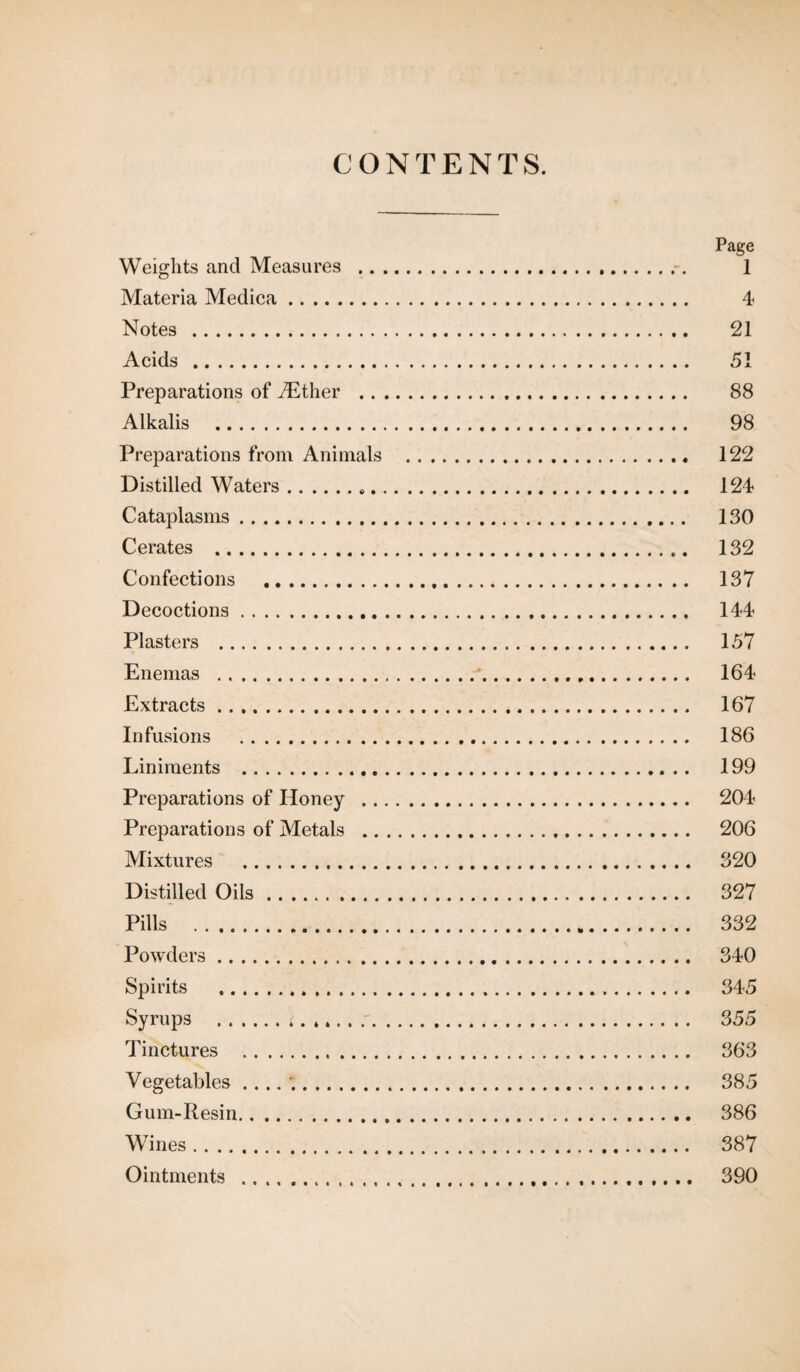 CONTENTS. Page Weights and Measures .1 Materia Medica. 4 Notes . 21 Acids . 51 Preparations of iEther . 88 Alkalis . 98 Preparations from Animals . 122 Distilled Waters... 124 Cataplasms. 130 Cerates . 132 Confections . 137 Decoctions. 144 Plasters . 157 Enemas . 164 Extracts. 167 Infusions . 186 Liniments . 199 Preparations of Honey . 204 Preparations of Metals . 206 Mixtures . 320 Distilled Oils. 327 Pills . 332 Powders. 340 Spirits . 345 Syrups .i.. 355 Tinctures . 363 Vegetables ..... 385 Gum-Resin. 386 Wines. 387 Ointments . 390