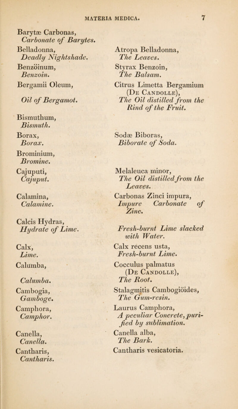 Barytae Carbonas, Carbonate of Barytes. Belladonna, Deadly Nightshade. Benzoinum, Benzoin. Bergamii Oleum, Oil of Bergamot. Bismuthum, Bismuth. Borax, Borax. Brominium, Bromine. Cajuputi, Cajuput. Calamina, Calamine. Calcis Hydras, Hydrate of Lime. Calx, Lime. Calumba, Calumba. Cambogia, Gamboge. Camphora, Camphor. Canella, Canella. Cantharis, Cantharis. Atropa Belladonna, The Leaves. Styrax Benzoin, The Balsam. Citrus Limetta Bergamium (De Candolle), The Oil distilled from the Rind of the Fruit. Sodae Biboras, Biborate of Soda. Melaleuca minor, The Oil distilled from the Leaves. Carbonas Zinci impura, Impure Carbonate of Zinc. Fresh-burnt Lime slacked with Water. Calx recens usta, Fresh-burnt Lime. Cocculus palmatus (De Candolle), The Root. Stalagmitis Cambogioides, The Gum-resin. Laurus Camphora, A peculiar Concrete, puri¬ fied by sublimation. Canella alba, The Bark. Cantharis vesicatoria.