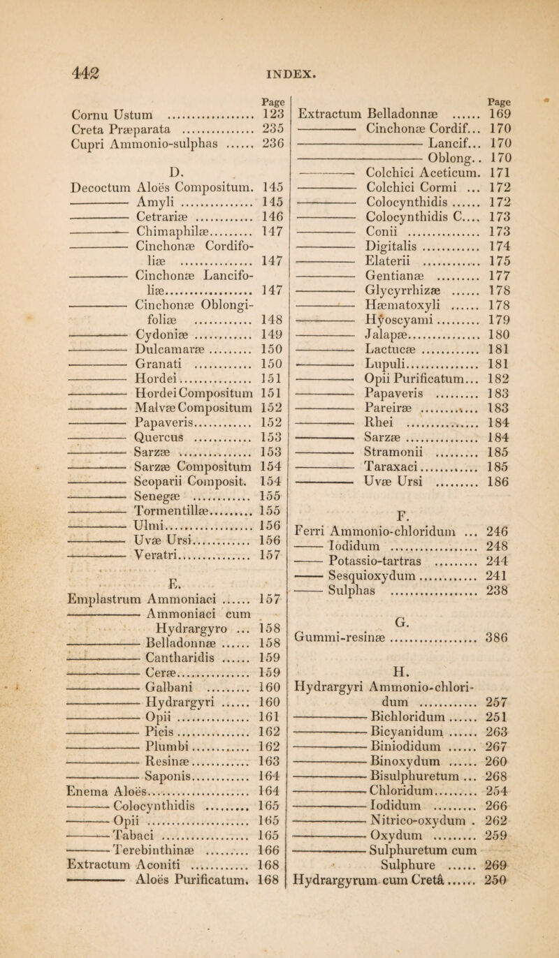 Cornu Ustum . Creta Praeparata . Cupri Ammonio-sulphas . D. Decoctum Aloes Compositum. •- Amyli . - Cetrariae . -— Chimaphilae. - Cinchonae Cordifo- liae . - Cinchonae Lancifo- lise. - Cinchonae Oblongi- foliae . - Cydoniae . - Dulcamarae. --Granati . - Hordei. - Hordei Compositum - Malvae Compositum - Papaveris. - Quercus . - Sarzae ... - Sarzae Compositum - Scoparii Composit. - Senegae . - Torm en tiliae. - Ulmi. - Uvae Ursi. - Veratri. E. Emplastrum Ammoniaci . - Ammoniaci cum Hydrargyro ... -Belladonnae . --Cantharidis . -Cerae. -Galbani . -Hydrargyri . -Opii . -Picis. -Plumbi. -Resinae. -Saponis. Enema Aloes. -Colocynthidis . -Opii . -*—Tabaci . -Terebinthinae .. Extractum Aconiti . ■-- ■■ Aloes Purificatum. Page Extractum Belladonnae . 169 - Cinchonae Cordif... 170 -Lancif... 170 -Oblong.. 170 -- Colchici Aceticum. 171 - Colchici Cormi ... 172 - Colocynthidis. 172 - Colocynthidis C.... 173 - Conii . 173 - Digitalis . 174 - Elaterii . 175 - Gentianae . 177 - Glycyrrhizae . 178 - Haematoxyli . 178 - Hyoscyami. 179 - Jalapae. 180 - Lactucae . 181 —- Lupuli. 181 -- Opii Purificatum... 182 - Papaveris . 183 - Pareirae .%... 183 - Rhei . 184 - Sarzae . 184 - Stramonii . 185 - Taraxaci. 185 - Uvae Ursi . 186 F. Ferri Ammonio-chloridum ... 246 -Iodidum . 248 - Potassio-tartras . 244 -Sesquioxydum. 241 -Sulphas . 238 G. Gummi-resinae. 386 H. Hydrargyri Ammonio-chlori¬ dum . 257 -Bichloridum. 251 -— Bicyanidum . 263 -Biniodidum . 267 -Binoxydum . 260 -Bisulphuretum ... 268 -Chloridum. 254 -Iodidum . 266 -Nitrico-oxydum . 262 -Oxydum . 259 -Sulphuretum cum j Sulphure . 269 Hydrargyrum cum Creta. 250 Page 123 235 236 145 145 146 147 147 147 148 149 150 150 151 151 152 152 153 153 154 154 155 155 156 156 157 157 158 158 159 159 160 160 161 162 162 163 164 164 165 165 165 166 168 168
