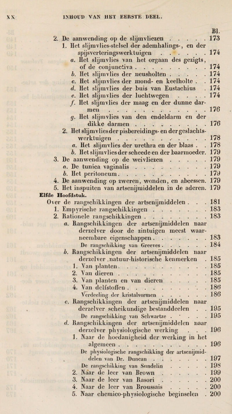 2. De aanwending’ op de slijmvliezen. 1. Het slijmvües-stelsel der ademhalings-, en der spijsverteringswerktuigen. a. Het slijmvlies van het orgaan des gezigts, of de conjunctiva. b. Het slijmvlies der neusholten. c. Het slijmvlies der mond- en keelholte . d. Het slijmvlies der huis van Eustachius e. Het slijmvlies der luchtwegen .... ƒ. Het slijmvlies der maag en der dunne dar¬ men . g. Het slijmvlies van den endeldarm en der dikke darmen. 2. Hel slijmvlies der pisbereidings- en der geslachts- werktuigen.. a. Het slijmvlies der urethra en der blaas . h. Het slijmvlies der scheede en der baarmoeder. 3. De aanwending op de weivliezen. a. De tunica vaginalis. h. Het peritoneum... 4. De aanwending op zweren, wonden, en abcessen. 5. Het inspuiten van artsenijmiddelen in de aderen. Elfde Hoofdstuk. Over de rangschikkingen der artsenijmiddelen . . . 1. Empyrische rangschikkingen. 2. Rationele rangschikkingen. a. Rangschikkingen der artsenijmiddelen naar derzelver door de zintuigen meest waar¬ neembare eigenschappen. De rangschikking van Greeves. h. Rangschikkingen der artsenijmiddelen naar derzelver natuur historische kenmerken 1. Van planten.. 2. Van dieren. 3. Van planten en van dieren. 4. Van delfstoffen.'. Verdeeling der kristalvormen. c. Rangschikkingen der artsenijmiddelen naar derzelver scheikundige bestanddeeten De rangschikking van Schwartze . d. Rangschikkingen der artsenijmiddelen naar derzelver physiologische werking 1. Naar de hoedanigheid der werking in het algemeen. De physiologische rangschikking der artsenijmid- . delen van Dr. Duncan. De rangschikking van Sundelin. 2. Naar de leer van Rrown. 3. Naar de leer van Rasori. 4. Naar de leer van Broussais. 5. Naar chemico-physiologische beginselen . BI. 173 174 174 174 174 174 174 176 176 178 178 179 179 179 179 179 179 181 183 183 183 184 185 185 185 185 186 186 195 195 196 196 197 198 199 200 200 200