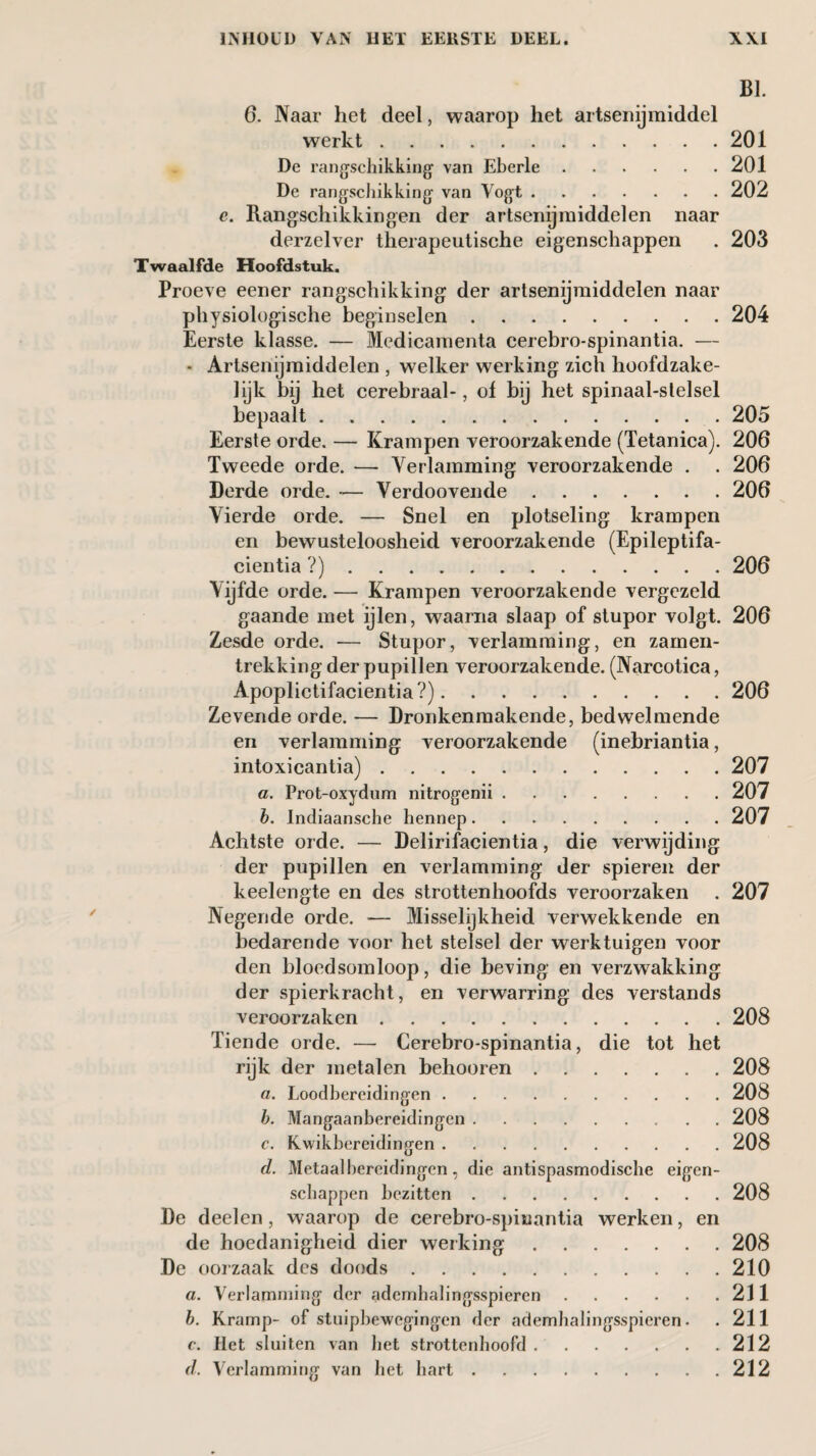 BI. 6. Naar het deel, waarop het artsenijmiddel werkt.201 De rangschikking van Eberle.201 De rangschikking van Vogt.202 e. Rangschikkingen der artsenijmiddelen naar derzelver therapeutische eigenschappen . 203 Twaalfde Hoofdstuk. Proeve eener rangschikking der artsenijmiddelen naar physiologische beginselen.204 Eerste klasse. — Medicamenta cerebro-spinantia. — - Artsenijmiddelen , welker werking zich hoofdzake¬ lijk bij het cerebraal-, ol bij het spinaal-slelsel bepaalt.205 Eerste orde. — Krampen veroorzakende (Tetanica). 206 Tweede orde. — Verlamming veroorzakende . . 206 Derde orde. -— Verdoovende.206 Vierde orde. — Snel en plotseling krampen en bewusteloosheid veroorzakende (Epileptifa- cientia ?).206 Vijfde orde. — Krampen veroorzakende vergezeld gaande met ijlen, waarna slaap of stupor volgt. 206 Zesde orde. — Stupor, verlamming, en zarneii- trekking der pupillen veroorzakende. (Narcotica, Apoplictifacientia?).206 Zevende orde. — Dronkenmakende, bedwelmende en verlamming veroorzakende (inebriantia, intoxicantia).207 a. Prot-oxydum nitrogenii.207 b. Indiaansche hennep.207 Achtste orde. — Delirifacientia, die verwijding der pupillen en verlamming der spieren der keelengte en des strottenhoofds veroorzaken . 207 Negende orde. — Misselijkheid verwekkende en bedarende voor het stelsel der werktuigen voor den bloedsomloop, die beving en verzwakking der spierkracht, en verwarring des verstands veroorzaken.208 Tiende orde. — Cerebro-spinantia, die tot het rijk der metalen behooren.208 Loodhercidingen.208 Mangaanbereidingen.208 Kwikbereidingen.208 d. Metaal bereidingen, die antispasmodische eigen¬ schappen bezitten.208 De deelen, waarop de cerebro-spinantia werken, en de hoedanigheid dier werking.208 De oorzaak des doods.210 a. Verlamming der ademhalingsspieren.211 b. Kramp- of stuipbewegingen der ademhalingsspieren. . 211 c. Het sluiten van het strottenhoofd.212 d. Verlamming van het hart.212 a. c.