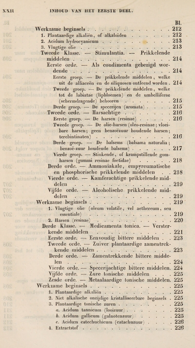 Werkzame beginsels .'. 1. Plantaardige alkaliën, of alkaloïden. 2. Acidurn hydrocyanicum.. 3. Vlugtige olie.. Tweede Klasse. -— Stimulantia. — Prikkelende middelen. Eerste orde. — Als condimenta gebezigd wor¬ dende . Eerste groep. — De prikkelende middelen , welke uit de alliaceën en de siliquosen ontleend worden . Tweede groep. — De prikkelende middelen, welke tot de labiatae (lipbloemen) en de umbelliferae (scbermdragende) behooren. Derde groep. — De specerijen (aromata) .... Tweede orde. — Harsachtige. Eerste groep. — De harsen (resinae). Tweede groep. — De olie-harsen (oleo-resinaevloei¬ bare harsen; geen benzoëzuur houdende harsen 5 terebintinaten). Derde groep. — De balsems (balsama naturalia; benzoë-zuur houdende balsems). Vierde groep. — Stinkende, of krampstillende gom¬ harsen (gummi resinae foetidae). Derde orde. — Ammoniakale, empyreumatische en phosphorische prikkelende middelen Vierde orde. — Kamferachtige prikkelende mid¬ delen . Vijfde orde. —- Alcoholische prikkelende mid¬ delen . Werkzame beginsels. 1. Vlugtige olie (oleum volatile, vel aethereum, seu essentiale). 2. Harsen (resinae). Derde Klasse. — Medicamenta tonica. — Verster¬ kende middelen. Eerste orde. — Eenvoudig’ bittere middelen . Tweede orde. ■— Zuiver plantaardige zamentrek- kende middelen. Derde orde. — Zamentrekkende bittere midde¬ len . Vierde orde. — Specerijachtige bittere middelen. Vijfde orde. —- Zure tonische middelen . Zesde orde. — Metaalaardige tonische middelen. Werkzame beginsels. 1. Plantaardige alkaliën. 2. Niet alkalische onzijdige kristalliseerbare beginsels . 3. Plantaardige tonische zuren. a. Acidurn tannicum (looizuur). b. Acidurn gallicum (galnotenzuur). c. Acidurn catechucbicum (catachuzuur) . 4. Extractstof.. BI. 212 212 . 213 213 214 214 214 215 215 216 216 216 217 218 218 219 219 219 219 220 221 223 223 224 224 225 225 225 225 225 225 225 225 226 226