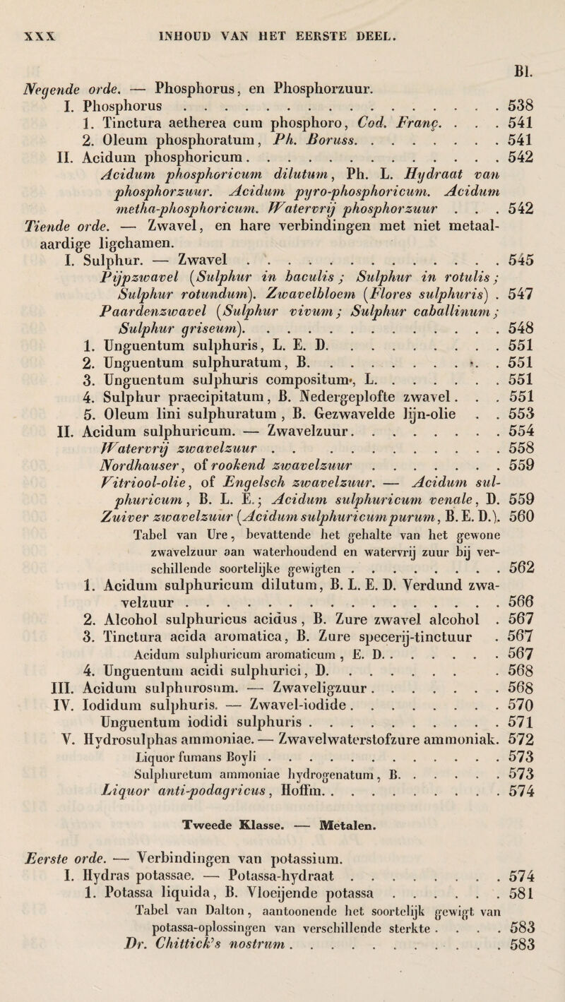 BI. Negende orde, — Phosphorus, en Phosphorzuur. I. Phosphorus.538 1. Tinctura aetherea cum phosphoro, Cod. Frang. . . . 541 2. Oleum phosphoratum, Ph. Boruss.541 II. Acidum phosphoricum.542 Acidwm phosphoricum dilutum, Ph. L. Hydraat van phosphorzuur. Acidum pyro-phosphoricum. Acidum metha-phosphoricum. JVatervrij phosphorzuur . . .542 Tiende orde. — Zwavel, en hare verbindingen met niet metaal- aardige ligchamen. I. Sulphur. — Zwavel ... 545 Pijpzwavel (Sulphur in haculis; Sulphur in rotulis; Sulphur rotundmn). Zwavelhloem (Flores sulphuris) . 547 Paardenzwavel (Sulphur vivum; Sulphur caballinum ; Sulphur griseum).548 1. Unguentum sulphuris, L. E. D.551 2. Unguentum sulphuratum, B.». .551 3. Unguentum sulphuris compositum*, L.551 4. Sulphur praecipitatum, B. Nedergeplofte zwavel. . . 551 5. Oleum lini sulphuratum , B. Gezwavelde lijn-olie . . 553 II. Acidum sulphuricum. — Zwavelzuur.554 JVatervrij zwavelzuur . . 558 Nordhauser, of rookend zwavelzuur.559 Vitriool-olie, of Engelsch zwavelzuur. — Acidum sul¬ phuricum , B. L. Ë. y Acidum sulphuricum venale, D. 559 Zuiver zwavelzuur (Acidum sulphuricumpurum, B. E. D. j. 560 Tabel van Ure, bevattende het gehalte van het gewone zwavelzuur aan waterhoudend en watervrij zuur bij ver¬ schillende soortelijke gewigten.562 1. Acidum sulphuricum dilutum, B. L. E. D. Verdund zwa¬ velzuur .566 2. Alcohol sulphuricus aeidus, B. Zure zwavel alcohol . 567 3. Tinctura acida aromatica, B. Zure specerij-tinctuur . 567 Acidum sulphuricum aromaticum , E. D.567 4. Unguentum acidi sulphurici, D. . 568 III. Acidum sulphurosnm. — Zwaveligzuur.568 IV. Iodidum sulphuris. — Zwavel-iodide.570 Unguentum iodidi sulphuris.571 V. Hydrosulphas ammoniae. — Zwavelwaterstofzure ammoniak. 572 Liquor fumans Boyli.573 SulpJiuretum ammoniae hydrogenatum, B.573 Liquor anti-podagricus, Hoffm.574 Tweede Klasse. — Metalen. Eerste orde. — Verbindingen van potassium. I. Hydras potassae. — Potassa-hydraat.574 1. Potassa liquida, B. Vloeijende potassa.581 Tabel van Dalton, aantoonende liet soortelijk gcwigt van potassa-oplossingen van verschillende sterkte .... 583 Dr. ChitticÈs nostrum.. 583