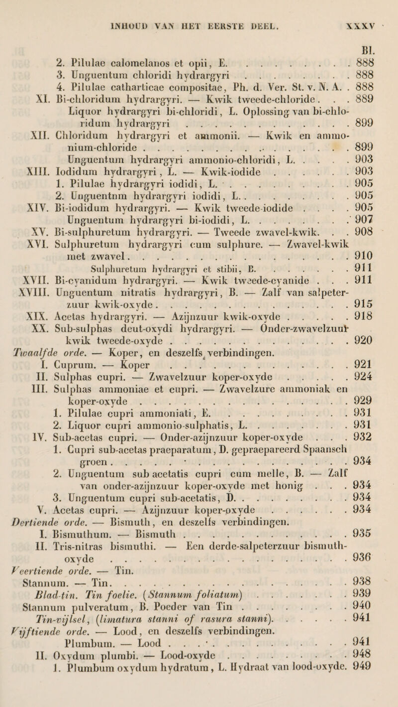 BI. 2. Pilulae calomelanos et opii, E.888 3. Unguentum chloridi hydrargyri.888 4. Pilulae catharticae compositae, Ph. d. Ver. St. v. N. A. . 888 XI. Bi-cliloridum hydrargyri. — Kwik tweede-chluride. . . 889 Liquor hydrargyri bi-chloridi, L. Oplossing van bi-chlo- ridum hydrargyri.899 XII. Chloridum hydrargyri et ammonii. — Kwik en ammo¬ nium-chloride . 899 Unguentum hydrargyri ammonio-chloridi, L.903 XIII. Iodidum hydrargyri, L. — Kwik-iodide.903 1. Pilulae hydrargyri iodidi, L..905 2. Unguentum hydrargyri iodidi, L.905 XIV. Bi-iodidum hydrargyri. — Kwik tweede iodide .... 905 Unguentum hydrargyri bi-iodidi, L.907 XV. Bi-sulphuretum hydrargyri. — Tweede zwavel-kwik. . . 908 XYI. Sulphuretum hydrargyri cum sulphure. — Zwavel-kwik met zwavel.910 Sulphuretum hydrargyri et stibii, E.911 XVII. Bi-cyanidum hydrargyri. — Kwik tweede-cyanide . . .911 XVIII. Unguentum nitratis hydrargyri, B. — Zalf van salpeter¬ zuur kwik-oxyde.915 XIX. Acetas hydrargyri. — Azijnzuur kwik-oxyde.918 XX. Sub-sulphas deut-oxydi hydrargyri. — Onder-zwavelzuub kwik tweede-oxyde.. . 920 Twaalfde orde. — Koper, en deszelfs verbindingen. I. Cuprum. — Koper .921 II. Sulphas cupri. — Zwavelzuur koper-oxyde.924 III. Sulphas ammoniae et cupri. — Zwavelzure ammoniak en koper-oxyde.929 1. Pilulae cupri ammoniati, E.931 2. Liquor cupri ammonio-sulphatis, L.931 IV. Sub-acetas cupri. — Onder-azijnzuur koper-oxyde . . . 932 1. Cupri sub-acetas praeparatum, D. gepraepareerd Spaansch groen.•.. 934 2. Unguentum sub acetatis cupri cum melle, B. — Zalf van onder-azijnzuur koper-oxyde met honig . . . 934 3. Unguentum cupri sub-acetatis, D. . .934 V. Acetas cupri. — Azijnzuur koper-oxyde.934 Dertiende orde. — Bismuth, en deszells verbindingen. I. Bismuthum. — Bismuth.935 II. Tris-nitras bismuthi. — Een derde-salpeterzuur bismuth- oxyde.936 Veertiende orde. — Tin. Stannum. — Tin. ..938 Bladtin. Tinfoelie. (Stannum foliatum).939 Stannum pulveratum, B. Poeder van Tin.940 Tin-vijlsel, (limatura stanni of rasura stanni).941 Vijftiende orde. — Lood, en deszelfs verbindingen. Plumbum. — Lood . . *.941 II. Oxydum plumbi. — Lood-oxyde.948 J. Plumbum oxydum hydratum , L. Hydraat van lood-oxyde. 949