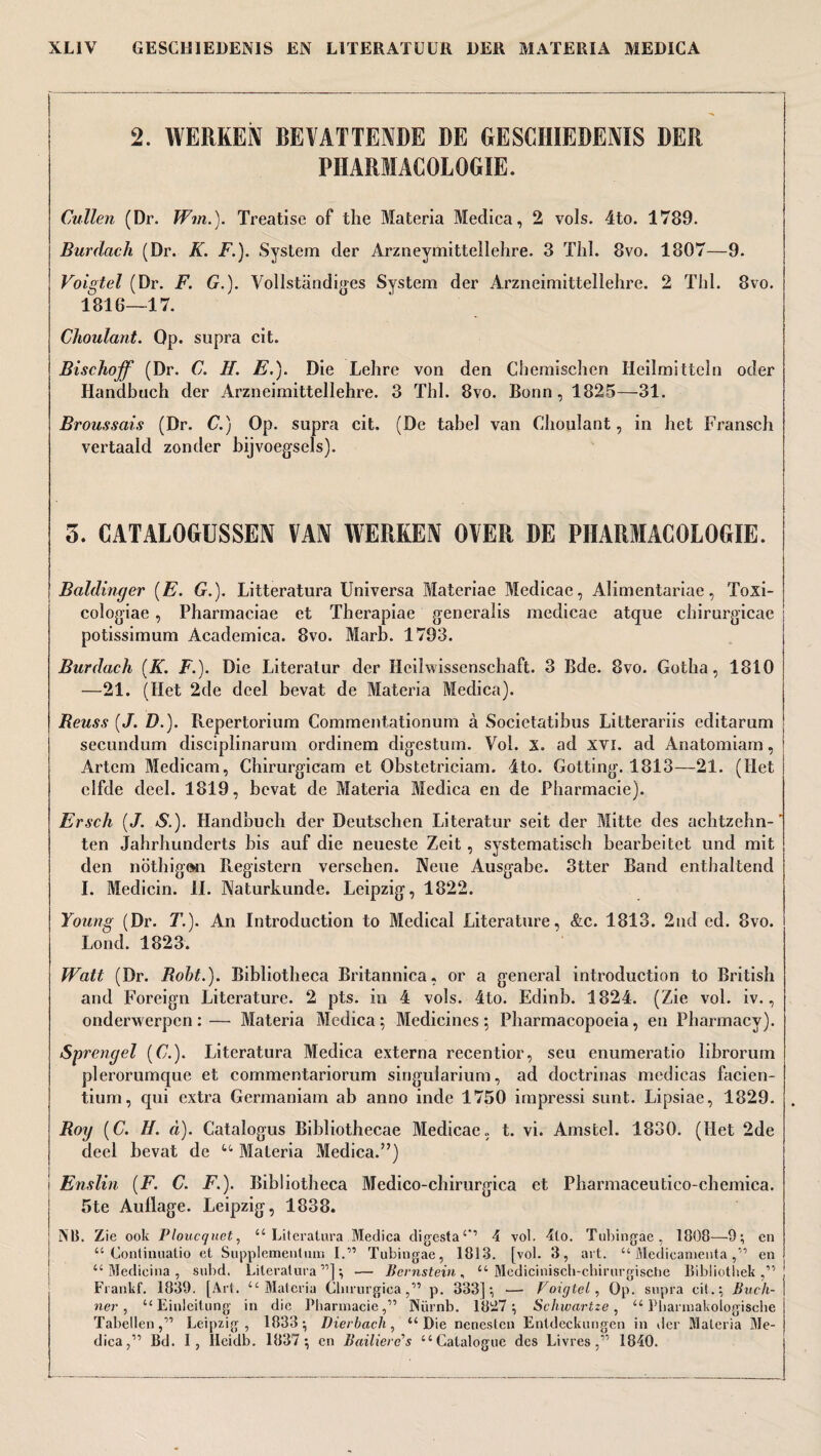 2. WERKEN BEVATTENDE DE GESCHIEDENIS DER PHARIACOLOGIE. Cullen (Dr. Win.). Treatise of the Materia Medica, 2 vols. 4to. 1789. Burdach (Dr. K. F.). System der Arzneymitteïlehre. 3 Thl. 8vo. 1807—9. Voigtel (Dr. F. G.). Vollstandiges System der Arzneimittellehre. 2 Thl. 8vo. 1816—17. Choulant. Op. supra cit. Bischoff (Dr. C. H. E.). Die Lehre von den Chemischen Heilmitteln oder Handbuch der Arzneimittellehre. 3 Thl. 8vo. Bonn, 1825—31. Broussais (Dr. C.) Op. supra cit. (De tabel van Choulant, in het Fransch vertaald zonder bijvoegsels). 5. CATALOGUSSEN VAN WERKEN OVER DE PHARMACOLOGIE. Baldinyer (E. G.). Litteratura Universa Matcriae Medicae, Alimentariae, Toxi- cologiae , Pharmaciae et Therapiae generalis medicae atque chirurgicae potissimum Academica. 8vo. Marb. 1793. Burdach (K. F.). Die Literatur der Hcilwissenschaft. 3 Bde. 8vo. Gotha, 1810 —21. (Het 2de deel bevat de Materia Medica). Reuss (J. D.). Repertorium Commentationum a Socictatibus Litterariis editarum secundum disciplinarum ordinem digestum. Vol. x. ad XVI. ad Anatomiam, Artcm Medicam, Chirurgicam et Obstetriciam. ito. Gotting. 1813—21. (Het elfde deel. 1819, bevat de Materia Medica en de Pharmacie). Ersch (J. *$.). Handbuch der Deutschen Literatur seit der Mitte des achtzehn- ten Jahrhunderts bis auf die neueste Zeit, systematisch bearbeitet und mit den nöthigan Registern versehen. Neue Ausgabe. 3tter Band enthaltend I. Medicin. 11. Naturkunde. Leipzig, 1822. Young (Dr. T.). An Introduction to Medical Literature, &c. 1813. 2nd ed. 8vo. Lond. 1823. Watt (Dr. Robt.). Bibliotheca Britannica, or a general introduction to British and Foreign Literature. 2 pts. in 4 vols. 4to. Edinb. 1824. (Zie voi. iv., onderwerpen:— Materia Medica; Medicines; Pharmacopoeia, en Pharmacy). Sprenyel (C.). Literatura Medica externa recentior, seu enumeratio librorum plerorumque et commentariorum singularium, ad doctrinas medicas facien- tium, qui extra Germaniam ab anno inde 1750 impressi sunt. Lipsiae, 1829. Roy (C. H. d). Catalogus Bibliothecae Medicae, t. vi. Amstel. 1830. (Het 2de deel bevat de u Materia Medica.”) I Enslin (F. C. F.). Bibliotheca Medico-chirurgica ct Pharmaceutico-chemica. 5te Aullage. Leipzig, 1838. NI3. Z e ook Ploucquet, “Literatura Medica digesta4’ 1 voi. 4lo. Tubingae, 1808—9; en “ Continuatio et Supplement uni I.” Tubingae, 1813. [voi. 3, art. “ Medicamenta en “Medicina, subd. Literatura ”]; — Bernstein, “ Mcdiciniscb-chirurgische Bibliotbek Frankf. 1839. [Art. “Materia Clnrurgicap. 333]-, — Voigtel, Op. supra cit.; Buch¬ ner, “ Einleitung in die PharmacieNürnb. 18-7; Schwartze, “ Pharmakologische TabellenLeipzig, 1833; Dierbach, “Die nenesten Entdeckungen in iler Materia Me¬ dica,” Bd. I, Ileidb. 1837; en Bailiere’s “Catalogue dcs Livres,” 1840.