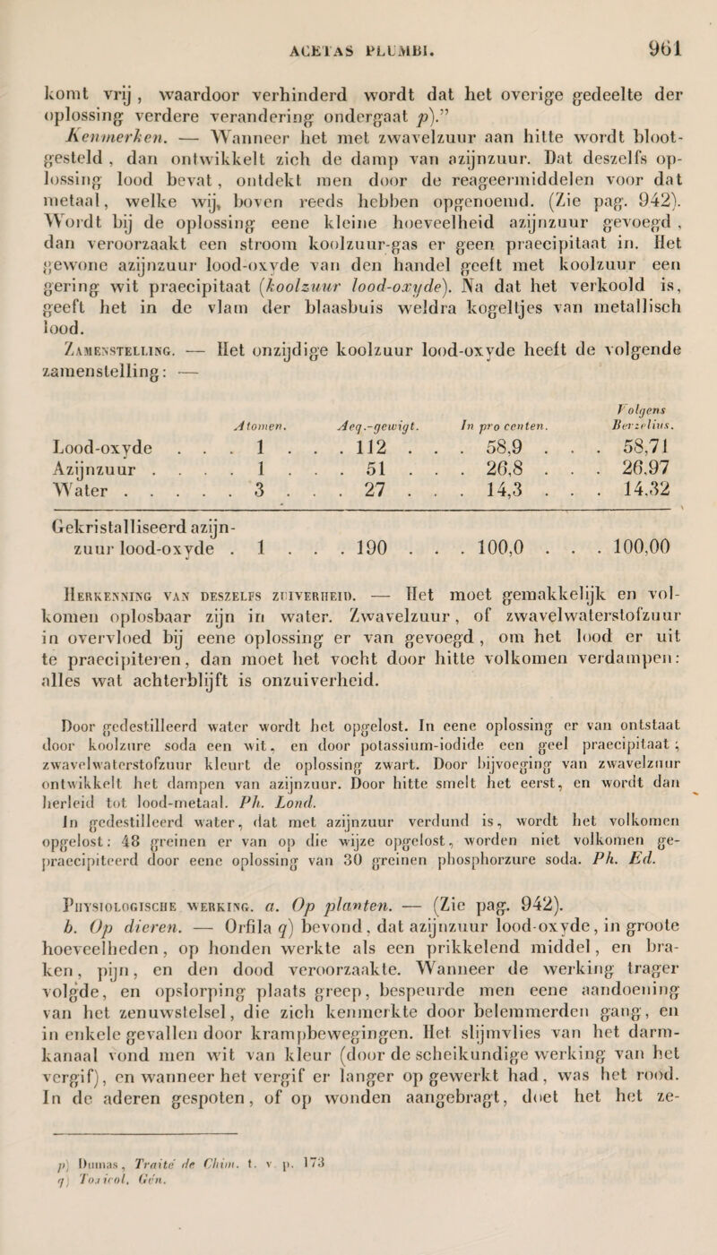 komt vrij , waardoor verhinderd wordt dat het overige gedeelte der oplossing verdere verandering ondergaat p).7’ Kenmerken. — Wanneer het met zwavelzuur aan hitte wordt bloot¬ gesteld , dan ontwikkelt zich de damp van azijnzuur. Dat deszelfs op¬ lossing lood bevat, ontdekt men door de reageermiddelen voor dat metaal, welke wij, boven reeds hebben opgenoemd. (Zie pag. 942). W ordt bij de oplossing eene kleine hoeveelheid azijnzuur gevoegd , dan veroorzaakt een stroom koolzuur gas er geen praecipitaat in. Het gewone azijnzuur lood-oxyde van den handel geelt met koolzuur een gering wit praecipitaat (koolzuur lood-oxyde). Na dat het verkoold is, geeft het in de vlam der blaasbuis weldra kogeltjes van metallisch lood. Zamenstelling. — Het onzijdige koolzuur lood-oxyde heelt de volgende zamenstelling: — Lood-oxyde Azijnzuur . Water . A tomen. 1 1 3 Acq .-gewigt. In pro centen. . 112 . . . 58,9 . . 51 . . . 26,8 . . 27 . . . 14,3 . 1 olgens Berzelius. 58,71 26,97 14,32 Gekristalliseerd azijn¬ zuur lood-oxyde 1 190 . . . 100,0 . . . 100,00 Herkenning van deszelfs zuiverheid. — Het moet gemakkelijk en vol¬ komen oplosbaar zijn in water. Zwavelzuur, of zwavelwaterstofzuur in overvloed bij eene oplossing er van gevoegd, om het lood er uit te praecipiteren, dan moet het vocht door hitte volkomen verdampen: alles wat achterblijft is onzuiverheid. Door gedestilleerd water wordt bet opgelost. In eene oplossing er van ontstaat door koolzure soda een wit, en door potassium-iodide een geel praecipitaat; zwavel waterstofzuur kleurt de oplossing zwart. Door bijvoeging van zwavelzuur ontwikkelt bet dampen van azijnzuur. Door hitte smelt bet eerst, en wordt dan herleid tot lood-metaal. Ph. Lond. Jn gedestilleerd water, dat met azijnzuur verdund is, wordt bet volkomen opgelost: 48 greinen er van op die wijze opgclost, worden niet volkomen ge- praecipiteerd door eene oplossing van 30 greinen phosphorzure soda. Ph. Ed. Physio logisch E werking, a. Op planten. — (Zie pag. 942). b. Op dieren. — Orfila q) bevond, dat azijnzuur lood-oxyde, in groote hoeveelheden, op honden werkte als een prikkelend middel, en bra¬ ken, pijn, en den dood veroorzaakte. Wanneer de werking trager volgde, en opslorping plaats greep, bespeurde men eene aandoening van het zenuwstelsel, die zich kenmerkte door belemmerden gang, en in enkele gevallen door krampbewegingen. Het slijmvlies van het darm¬ kanaal vond men wit van kleur (door de scheikundige werking van het vergif), en wanneer het vergif er langer op gewerkt had, was het rood. In de aderen gespoten, of op wonden aangebragt, doet het het ze- j>) Dumas, Traite' rle Cliini. t. v j>. 173 gj Toiirol, Gen.