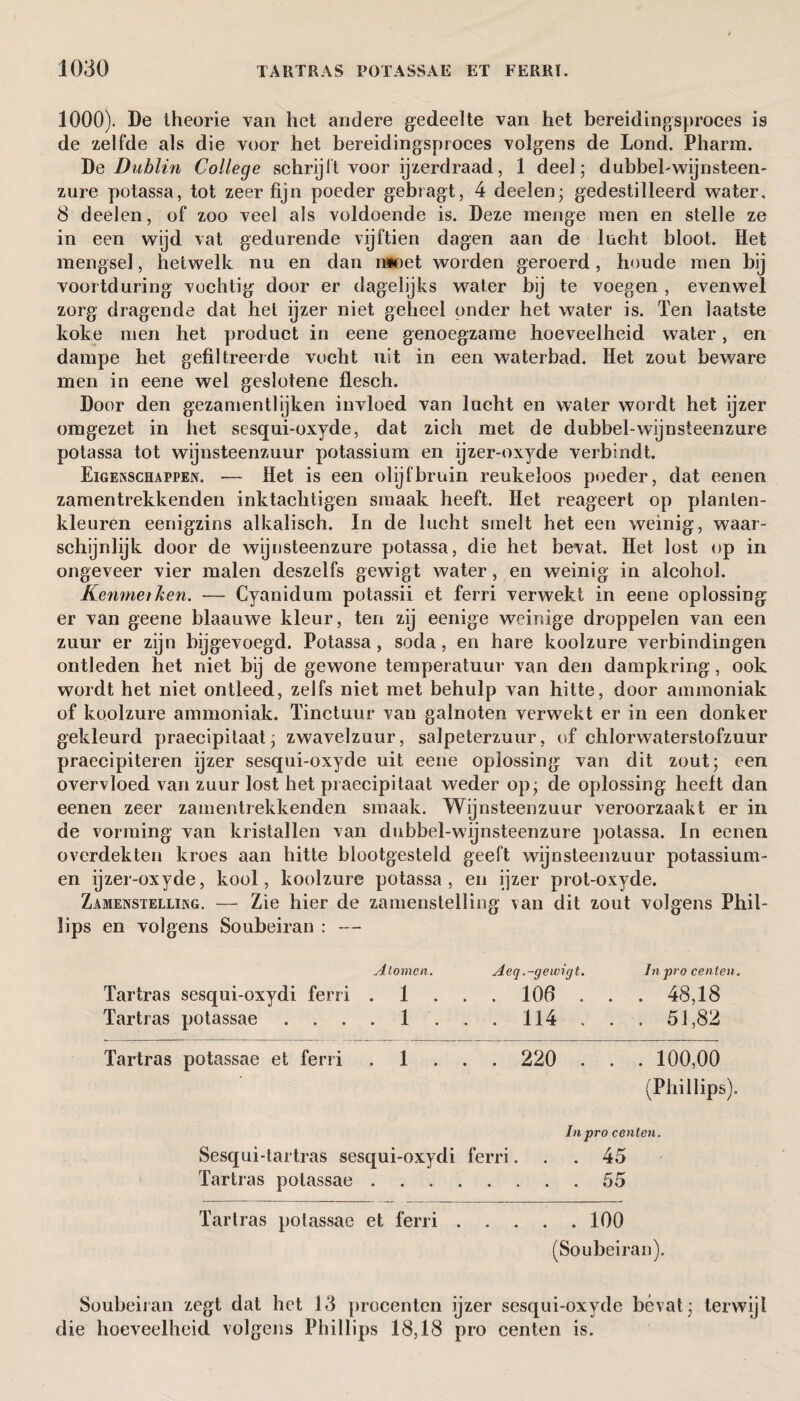 1000). De theorie van het andere gedeelte van het bereidingsproces is de zelfde als die voor het bereidingsproces volgens de Lond. Pharm. De Dublin College schrijft voor ijzerdraad, 1 deel; dubbel-wijnsteen- zure potassa, tot zeer fijn poeder gebragt, 4 deelen; gedestilleerd water, 8 deelen, of zoo veel als voldoende is. Deze menge men en stelle ze in een wijd vat gedurende vijftien dagen aan de lueht bloot. Het mengsel, hetwelk nu en dan moet worden geroerd, boude men bij voortduring vochtig door er dagelijks water bij te voegen , evenwel zorg dragende dat hel ijzer niet geheel onder het water is. Ten laatste koke men het product in eene genoegzame hoeveelheid water, en dampe het gefiltreerde vocht uit in een waterbad. Het zout beware men in eene wel geslotene flesch. Door den gezamentlijken invloed van lucht en water wordt het ijzer omgezet in het sesqui-oxyde, dat zich met de dubbel-wijnsteenzure potassa tot wijnsteenzuur potassium en ijzer-oxyde verbindt. Eigenschappen. — Het is een olijf bruin reukeloos poeder, dat eenen zamentrekkenden inktachtigen smaak heeft. Het reageert op planten- kleuren eenigzins alkalisch. In de lucht smelt het een weinig, waar¬ schijnlijk door de wijnsteenzure potassa, die het bevat. Het lost op in ongeveer vier malen deszelfs gewigt water, en weinig in alcohol. Kernnet ken. — Cyanidum potassii et ferri verwekt in eene oplossing er van geene blaauwe kleur, ten zij eenige weinige droppelen van een zuur er zijn bijgevoegd. Potassa, soda, en hare koolzure verbindingen ontleden het niet bij de gewone temperatuur van den dampkring, ook wordt het niet ontleed, zelfs niet met behulp van hitte, door ammoniak of koolzure ammoniak. Tinctuur van galnoten verwekt er in een donker gekleurd praecipitaat; zwavelzuur, salpeterzuur, of chlorwaterstofzuur praecipiteren ijzer sesqui-oxyde uit eene oplossing van dit zout; een overvloed van zuur lost het praecipitaat weder op; de oplossing heelt dan eenen zeer zamentrekkenden smaak. Wijnsteenzuur veroorzaakt er in de vorming van kristallen van dubbel-wijnsteenzure potassa. In eenen overdekten kroes aan hitte blootgesteld geeft wijnsteenzuur potassium- en ijzer-oxyde, kool, koolzure potassa, en ijzer prot-oxyde. Zamenstelling. — Zie hier de zamenstelling van dit zout volgens Phil¬ lips en volgens Soubeiran : — Atomen. Aeq.-gewigt. Inpro centen. Tartras sesqui-oxydi ferri 1 . . 106 . . . 48,18 Tartras potassae 1 . . . 114 51,82 Tartras potassae et ferri . 1 . . . 220 . . . 100,00 (Phillips). Inpro centen. Sesqui-tartras sesqui-oxydi ferri... 45 Tartras potassae.55 Tartras potassae et ferri.100 (Soubeiran). Soubeiran zegt dat het 13 procenten ijzer sesqui-oxyde bevat; terwijl die hoeveelheid volgens Phillips 18,18 pro centen is.