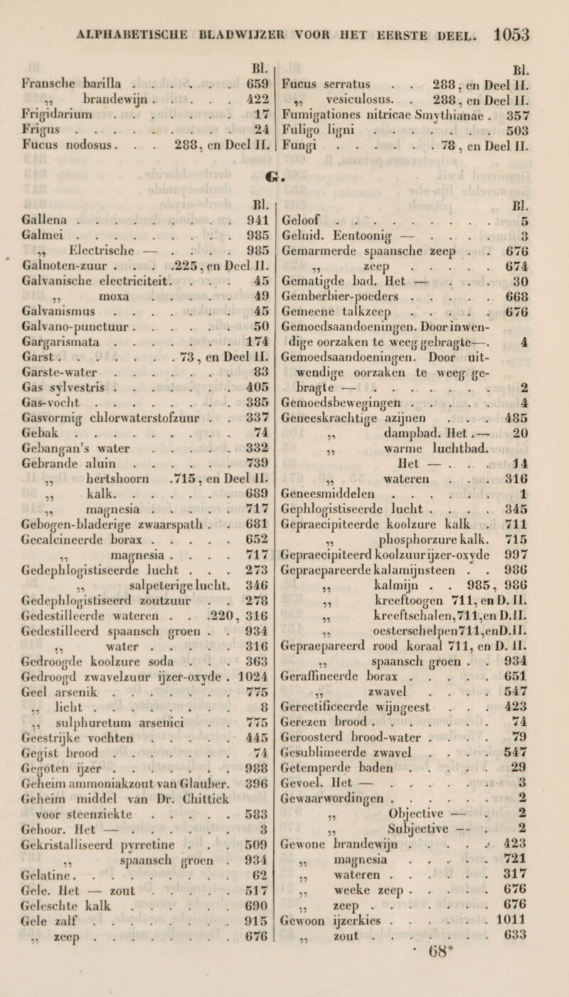 Bl. Fransche barilla.659 ,, brandewijn.422 Frigidarium.17 Frigus. 24 Fucus nodosus. . . 288, en Deel II. BI. Fucus serratus . . 288 , en Deel II. „ vesiculosus. . 288, en Deel II. Fumigationes nitricae Smythianae . 357 Fuligo ligni.503 Fungi.78 , en Deel II. O. Bl. BI. Gallena. 941 Geloof. 5 Galmei. 985 Geluid. Eentoonig — . . . . O fJ ,, Electrische — ... 985 Gemarmerde spaansche zeep . 676 Galnoten-zuur . . . .225, en Deel 11. ,, zeep. 674 Galvanische electriciteit. 45 Gematigde bad. Het — . . . 30 ,, moxa .... 49 Gemberbier-poeders. 668 Galvanismus. 45 Gemeene talkzeep. 676 Galvano-punctuur. 50 Gemoedsaandoeningen. Door inwen- Gargarismata. 174 dige oorzaken te weeggebragte—. 4 Garst.73 , en Deel 11. Gemoedsaandoeningen. Door uit- Garste-water. 83 wendige oorzaken te weeg ge- Gas sylvestris. 405 bragle — ....... 2 Gas-vocbt. 385 Gemoedsbewegingen. Geneeskrachtige azijnen 4 Gasvormig chlorwaterstofzuur . 337 485 Gebak . 74 ,, dampbad. Het .— 20 Gebangan’s water .... 332 ,, warme luchtbad. Gebrande aluin. 739 Het — . . . 14 ,, hertshoorn .715, en Deel 11. „ wateren 316 ,, kalk. 689 Geneesmiddelen. 1 ,, magnesia .... 717 Gephlogistiseerde lucht .... 345 Gebogen-bladerige zwaarspath . 681 Gepraecipiteerde koolzure kalk 711 Gecalcineerde borax .... 652 „ phosphorzure kalk. 715 ,, magnesia . 717 Gepraecipiteerd koolzuur ijzer-oxyde 997 Gedephlogistiseerde lucht . 273 Gepraepareerdekalamijnsteen . 986 „ salpeterige lucht. 346 ,, kalmijn . . 985 , 986 Gedephlogistiseerd zoutzuur 278 ,, kreeftoogen 711, en D. II. Gedestilleerde wateren . . .220 , 316 „ krceftschalen,711,en D.JI. Gedestilleerd spaansch groen . 934 ,, oesterschêlpen711,enD.II. ., water .... 316 Gepraepareerd rood koraal 711, en D. JE Gedroogde koolzure soda 363 ,, spaansch groen . Geraffineerde borax . 934 Gedroogd zwavelzuur ijzer-oxyde 1024 651 Geel arsenik. 775 ,, zwavel .... Gerectificeerde wijngeest 547 ., licht. 8 423 ,, sulphuretum arsenici 775 Gerezen brood. 74 Geestrijke vochten .... 445 Geroosterd brood-water .... 79 Gebist brood. 74 Gesublimeerde zwavel .... 547 Gegoten ijzer. 988 Getemperde baden. 29 Geheim ammoniakzout van Glauber. 396 Gevoel. Het —. 3 Geheim middel van Dr. Chittick Gewaarwordingen. 2 voor steenziekte .... 583 „ Objective — 2 Gehoor. Het —. 3 ,, Subjective — . 2 Gekristalliseerd pyrretine . 509 Gewone brandewijn.* 423 ,, spaansch groen 934 „ magnesia. 721 Gelatine. 62 ,, wateren. 317 Gele. Het — zout .... 517 ,, weeke zeep. 676 Gelesclite kalk. 690 ,, zeep. 676 Gele zalf. 915 Gewoon ijzerkies. 1011 ,, zeep. 676 ,, zout. • 68* 633