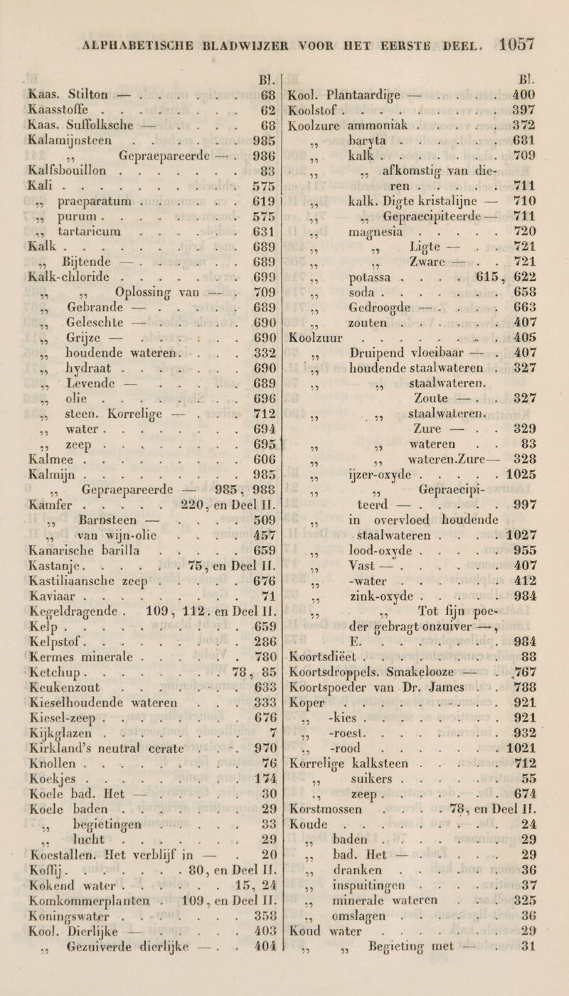 BI. Bi. Kaas. Stilton —. . 68 Kool. Plantaardige — .... 400 Kaass toffe. 62 Koolstof. 397 Kaas. Suffolksche — ... 68 Koolzure ammoniak. 372 Kalamij nsteen. • 985 77 baryta . 681 ,, Gepraepareerde — • 986 n kalk. 709 Kalfsbouillon. 83 ii „, afkomstig van die- Kali. 575 ren. 711 „ praeparatum. • 619 ii kalk. Digte kristalijne — 710 purum. 575 ii ,, Gepraecipiteerde — 711 ,, tartar icura. • 631 77 magnesia. 720 Kalk. 689 77 ,, Ligte — 721 „ Bijtende —. • 689 ii ,, Zware — . 721 Kalk-chloride. 699 ii potassa . . . • 615 , 622 ,, ,, Oplossing van — . 709 ii soda. 658 ,, Gebrande — .... 689 77 Gedroogde — .... 663 ,, Geleschte — .... 690 77 zouten . 407 „ Grijze —. 690 Koolzuur.- 405 ,, houdende wateren. # 332 ii Druipend vloeibaar — . 407 ,, hydraat. 690 7 7 houdende staalwateren . 327 ,, Levende — .... • 689 7 7 ,, staalwateren. „ olie. . 696 Zoute — . 327 „ steen. Korrelige — . • 712 ii ,, staalwateren. water. • 694 Zure — . 329 ,, zeep . • 695 ii „ wateren 83 Kalmee. 606 ii ,, wateren.Zure— 328 Kalmijn. 985 ii ijzer-oxyde. 1025 ,, Gepraepareerde — 985, 988 ii ,, Gepraecipi- Kamfer. 220, en Deel II. teerd —. 997 ,, Barnsteen — ... 509 ii in overvloed houdende ,, van wijn-olie 457 staalwateren .... 1027 Kanarische barilla .... 659 ii lood-oxyde . 955 Kastanje. . . . . . 75, en Deel II. ii Vast — ...... 407 Kastiliaansche zeep .... 676 ii -water. 412 Kaviaar. 71 ii zink-oxyde. 984 Kegeldragende . 109, 112. en Deel II. ii „ Tot lijn poe- Kelp. 659 der gebragt onzuiver —-, Kelpstof. 286 E. 984 Kermes minerale. 780 Koortsdiëet. 88 Ketchup. 78 , 85 Koortsdroppcls. Smakelooze — .767 Keukenzout.• . 633 Koortspoeder van Dr. James . 788 Kieselhoudcnde wateren 333 Koper 921 Kiesel-zeep. 676 ii -kies . 921 Kijkglazen. 7 ii -roesi. 932 Kirkland’s neutral cerate . -. 970 7 7 -rood. 1021 Knollen. 76 Korrelige kalksteen. 712 Koekjes. 174 ii suikers. 55 Koele bad. Het — .... 30 • i zeep. 674 Koele baden. 29 Korstmossen .... 78, en Deel II. ,, begietingen .... 33 Koude . 24 lucht . 29 ii baden . 29 Koestallen. Het verblijf in — 20 ii bad. Het —. 29 Kolïij.80, en Deel II. ii dranken. 36 Kokend water. 15 , 24 ii inspuitingen. 37 Komkommorplanten . 109, en Deel II. ii minerale wateren 325 Koningswater. • 358 ii omslagen. 36 Kool. Dierlijke — .... • 403 Koud water. 29 ,, Gezuiverde dierlijke — . • 404 ii ,, Begieting met — 31