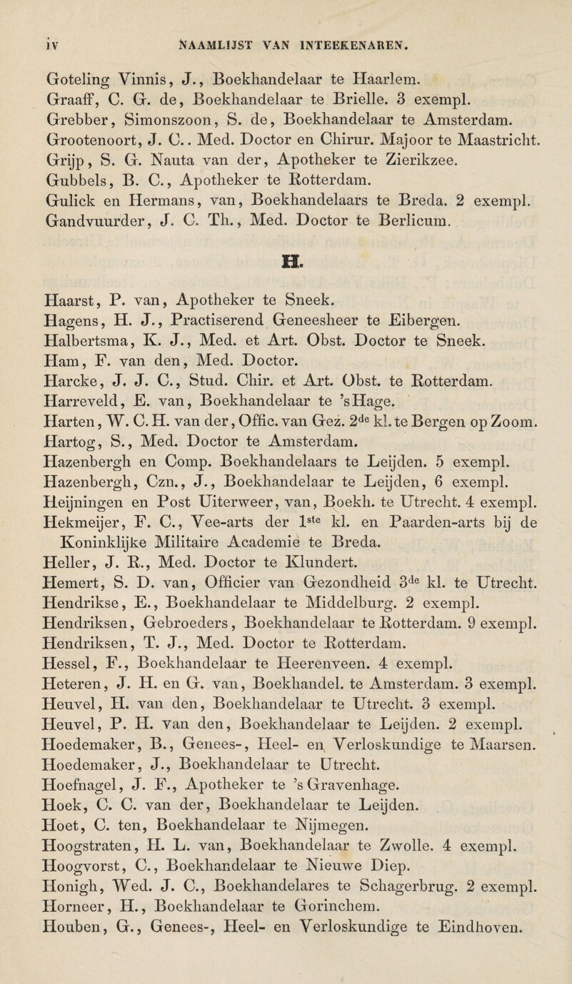 Goteling Vinnis, J., Boekhandelaar te Haarlem. GraafF, C. G. de, Boekhandelaar te Brielle. 3 exempl. Grebber, Simonszoon, S. de, Boekhandelaar te Amsterdam. Grootenoort, J. C.. Med. Doctor en Chirnr. Majoor te Maastricht. Grijp, S. G. Nauta van der, Apotheker te Zierikzee. Gubbels, B. C., Apotheker te Rotterdam. Gulick en Hermans, van, Boekhandelaars te Breda. 2 exempl. Gandvuurder, J. C. Th., Med. Doctor te Berlicum. Haarst, P. van, Apotheker te Sneek. Hagens, H. J., Practiserend Geneesheer te Eibergen. Halbertsma, K. J., Med. et Art. Obst. Doctor te Sneek. Ham, F. van den, Med. Doctor. Harcke, J. J. C., Stud. Chir. et Art. Obst. te Rotterdam. Harreveld, E. van, Boekhandelaar te ’sHage. Harten, W. C. H. van der, Offic. van Gez. 2de kl. te Bergen op Zoom. Hartog, S., Med. Doctor te Amsterdam. Hazenbergh en Comp. Boekhandelaars te Heijden. 5 exempl. Hazenbergh, Czn., J., Boekhandelaar te Leijden, 6 exempl. Heijningen en Post Uiterweer, van, Boekh. te Utrecht. 4 exempl. Hekmeijer, F. C., Vee-arts der lste kl. en Paarden-arts bij de Koninklijke Militaire Academiè te Breda. Heller, J. R., Med. Doctor te Klundert. Hemert, S. D. van, Officier van Gezondheid 3de kl. te Utrecht. Hendrikse, E., Boekhandelaar te Middelburg. 2 exempl. Hendriksen, Gebroeders, Boekhandelaar te Rotterdam. 9 exempl. Hendriksen, T. J., Med. Doctor te Rotterdam. Hessel, F., Boekhandelaar te Heerenveen. 4 exempl. Heteren, J. H. en G. van, Boekhandel, te Amsterdam. 3 exempl. Heuvel, H. van den, Boekhandelaar te Utrecht. 3 exempl. Heuvel, P. H. van den, Boekhandelaar te Leijden. 2 exempl. Hoedemaker, B., Genees-, Heel- en, Verloskundige te Maarsen. Hoedemaker, J., Boekhandelaar te Utrecht. Hoefnagel, J. F., Apotheker te *s Gravenhage. Hoek, C. C. van der, Boekhandelaar te Leijden. Hoet, C. ten, Boekhandelaar te Nijmegen. Hoogstraten, H. L. van, Boekhandelaar te Zwolle. 4 exempl. Hoogvorst, C., Boekhandelaar te Nieuwe Diep. Honigh, Wed. J. C., Boekhandelares te Schagerbrug. 2 exempl. Homeer, H., Boekhandelaar te Gorinchem. Houben, G., Genees-, Heel- en Verloskundige te Eindhoven.