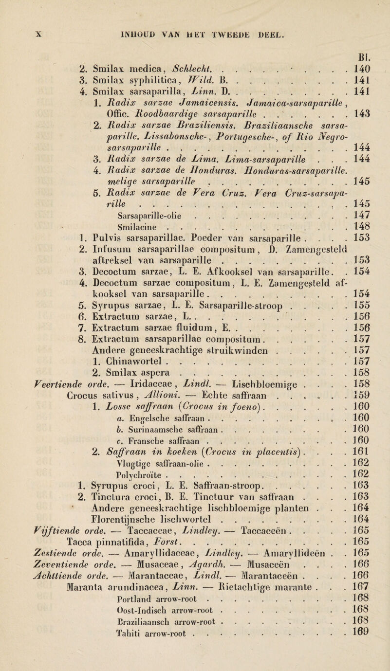 BI. 2. Smilax inedica, Schlecht. .... 140 3. Smilax syphilitica, Wild. B.141 4. Smilax sarsaparilla, Linn. D.141 1. Radix sarzae Jamaicensis. Jamaica-sarsaparille, Offic. Roodbaardige sarsaparille . .' . . . . .143 2. Radix sarzae Braziliensis. Braziliaansche sarsa¬ parille. Lissabonsche-, Portugesche-, of Rio iVegro- sarsaparille. 144 3. Radix sarzae de Lima. Lima-sarsaparille , . . 144 4. Radix sarzae de Honduras. Honduras-sarsaparille. melige sarsaparille.145 5. Radix sarzae de Vera Cruz. Vera Cruz-sarsapa- rille .. . , . 145 Sarsaparille-olie.147 Smilacine.148 1. Pulvis sarsaparillae. Poeder van sarsaparille .... 153 2. Infusum sarsaparillae compositum, P. Zamengesteld aftreksel van sarsaparille .......... 153 3. Decoctum sarzae, L. E. Afkooksel van sarsaparille. . 154 4. Decoctum sarzae compositum, L. E. Zamengesteld af¬ kooksel van sarsaparille.. . .154 5. Syrupus sarzae, L. E. Sarsaparille-stroop . . . . .155 6. Extractum sarzae, L. 156 7. Extractum sarzae fluidum, E.156 8. Extractum sarsaparillae compositum.157 Andere geneeskrachtige struik winden.157 1. Chinawortel.157 2. Smilax aspera. 158 Veertiende orde. -— Iridaceae , Lindl. — Lischbloemige .... 158 Crocus sativus, Allioni. — Echte saffraan . . « . . .159 1. Losse saffraan (Crocus in foeno).160 a. Engelsche saffraan.. . 160 b. Surinaamsche saffraan. .160 c. Fransche saffraan.160 2. Saffraan in koeken (Crocus in placentis). . . .161 Vlugtige salfraan-olie.162 Polychroïte .. . 162 1. Syrupus croci, L. E. Saffraan-stroop.163 2. Tinctura croci, B. E. Tinctuur van saffraan .... 163 Andere geneeskrachtige lischbloemige planten . . . 164 Florentijnsche lischwortel.164 Vijftiende orde. — Taccaceae, Lindley. — Taccaceën.165 Tacca pinnatifida, Forst.165 Zestiende orde. — Amaryllidaceae, Lindley. — Amaryllideën . . 165 Zeventiende orde. — Musaceae, Agardh. — Musaceën . . . .166 Achttiende orde. — Marantaceae, Lindl. -— Marantaceën .... 166 Maranta arundinaeea, Linn. — Bietachtige marante . . . 167 Portland arrow-root.168 Oost-Jndiscli arrow-root.168 Braziliaanscli arrow-root.168 Tahiti arrow-root.169