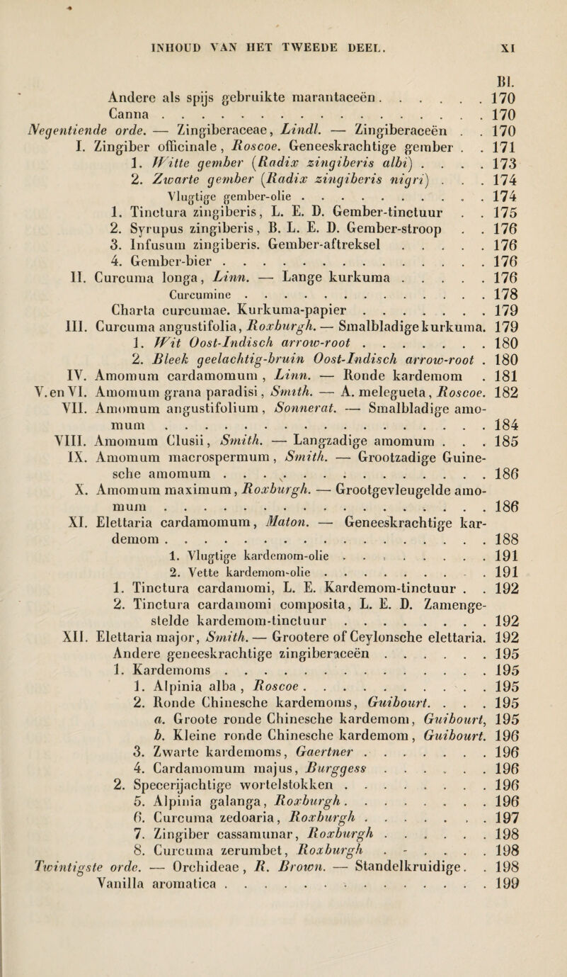 BI. Andere als spijs gebruikte marantaceën.170 Canna.170 Negentiende orde. — Zingiberaceae, Lindl. — Zingiberaceën . . 170 I. Zingiber officinale , Iioscoe. Geneeskrachtige gember . . 171 1. Witte gember (Radix zingiberis albi) .... 173 2. Zwarte gember (Radix zingiberis nigri) . . . 174 Vlugtige gember-olie.. . 174 1. Tinetura zingiberis, L. E. B. Gember-tinctuur . . 175 2. Syrupus zingiberis, B. L. E. D. Gember-stroop . . 176 3. Infusum zingiberis. Gember-aftreksel.176 4. Gember-bier.176 II. Curcuma longa, Linn. — Lange kurkuma.176 Curcumine.178 Charta curcumae. Kurkuma-papier.179 III. Curcuma angustifolia, Roxburgh. — Smalbladige kurkuma. 179 1. Wit Oost-Indisch arrow-root.180 2. Bleek geelachtig-bruin Oost-Indisch arrow-root . 180 IV. Amomum cardamomum , Linn. — Ronde kardemom . 181 V.enVI. Amomum grana paradisi, Smith. — A. melegueta, Roscoe. 182 VII. Amomum angustifolium , Sonnerat. — Smalbladige amo¬ mum .184 VIII. Amomum Clusii, Smith. — Langzadige amomum . . . 185 IX. Amomum macrospermum, Smith. — Grootzadige Guine- sche amomum . . ..186 X. Amomum maximum, Roxburgh. — Grootgevleugelde amo¬ mum .186 XI. Elettaria cardamomum, Maton. — Geneeskrachtige kar¬ demom .188 1. Vlugtige karclemorn-olie . . 191 2. Vette kardemom-olie. . 191 1. Tinetura cardamomi, L. E. Kardemom-tinctuur . . 192 2. Tinetura cardamomi composita, L. E. D. Zamenge- stelde kardemom-tinctuur.192 XII. Elettaria major, Smith. — Grootere of Ceylonsche elettaria. 192 Andere geneeskrachtige zingiberaceën.195 1. Kardemoms.195 1. Alpinia alba , Roscoe.. . 195 2. Ronde Chinesche kardemoms, Guibourt. . . . 195 a. Groote ronde Chinesche kardemom, Guibourt, 195 b. Kleine ronde Chinesche kardemom, Guibourt. 196 3. Zwarte kardemoms, Gaertner.196 4. Cardamomum majus, Burggess.196 2. Specerijachtige wortelstokken.196 5. Alpinia galanga, Roxburgh. 196 6. Curcuma zedoaria, Roxburgh.197 7. Zingiber cassamunar, Roxburgh.198 8. Curcuma zerumbet, Roxburgh ...... 198 Twintigste orde. — Orchideae , R. Brown. — Standelkruidige. . 198 Vanilla aromatica.199