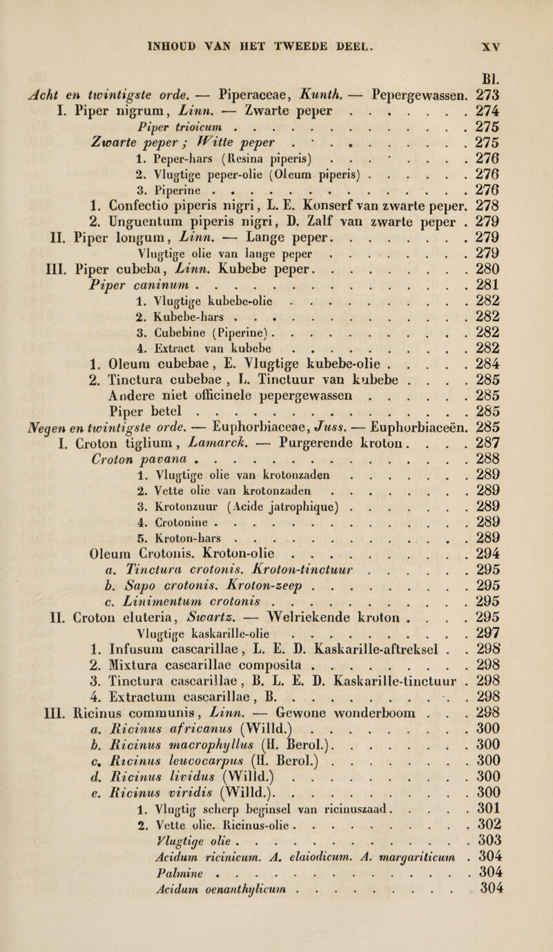 BI. Acht en twintigste orde. — Piperaceae, Kunth. — Pepergewassen. 273 I. Piper nigrum, Linn. -— Zwarte peper.274 Piper trioicum.275 Zwarte peper; Witte peper . * . 275 1. Peper-hars (Ilesina piperis) ........ 276 2. Vlugtige peper-olie (Oleum piperis).276 3. Piperine.276 1. Confectio piperis nigri, L. E. Konserf van zwarte peper. 278 2. Unguentum piperis nigri, D. Zalf van zwarte peper . 279 II. Piper tongum, Linn. — Lange peper.279 Vlugtige olie van lange peper.279 III. Piper cubeba, Linn. Kubebe peper.280 Piper caninum.281 1. Vlugtige kubebe-olie.282 2. Kubebe-hars.282 3. Cubebine (Piperine).282 4. Extract van kubebe.282 1. Oleum cubebae, E. Ylugtige kubebe-olie.284 2. Tinctura cubebae , L. Tinctuur van kubebe .... 285 Andere niet officinele pepergewassen.285 Piper betel.285 Negen en twintigste orde. — Euphorbiaceae, Juss. — Euphorbiaceën. 285 I. Croton tiglium, Lamarck. — Purgerende kroton.... 287 Croton pavana.288 1. Vlugtige olie van krotonzaden.289 2. Vette olie van krotonzaden.289 3. Krotonzuur (Acide jatrophique).289 4. Crotonine.289 5. Kroton-hars. 289 Oleum Crotonis. Kroton-olie.294 a. Tinctura crotonis. Kroton-tinctuur.295 b. Sapo crotonis. Kroton-zeep.295 c. Linimentum crotonis.295 II. Croton eluteria, Swartz. — Welriekende kroton .... 295 Vlugtige kaskarille-olie.297 1. Infusum cascarillae, L. E. D. Kaskarille-aftreksel . . 29S 2. Mixtura cascarillae composita.298 3. Tinctura cascarillae , B. L. E. D. Kaskarille-tinctuur . 298 4. Extractum cascarillae, B.. . 298 III. Ricinus communis, Linn. — Gewone wonderboom . . . 298 a. Ricinus africanus (Willd.).300 b. Ricinus macrophylius (H. Berol.).. . 300 c. Ricinus leucocarpus (11. Berol.).300 d. Ricinus lividus (Willd.).300 e. Ricinus viridis (Willd.).300 1. Vlugtig scherp beginsel van ricinuszaad.301 2. Vette olie. Ricinus-olie.302 Vlugtige olie.303 Acidum ricinicutn. A. elaiodicum. A. maryariticum . 304 Palmine.304 Acidum oenanthylicum. 304