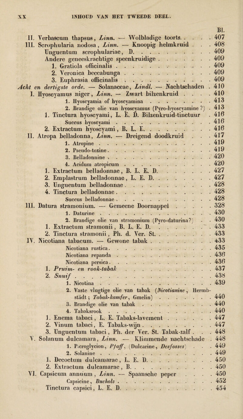 BI II. Verbascum thapsus, Linn. — Wolbladige toorts.407 III. Scrophularia nodosa , Linn. — Knoopig helmkruid . . . 408 Unguentum scrophulariae, D..409 Andere geneeskrachtige speenkruidige ....... 409 1. Gratiola officinalis ............ 409 2. Veronica beccabunga ........... 409 3. Euphrasia officinalis.409 Acht en dertigste orde. — Solanaceae, Lindl. — Nachtschaden . 410 I. Hyoscyamus niger, Linn. — Zwart bilzenkruid .... 410 1. Hyoscyamia of hyoscyamina . 413 2. Brandige olie van hyoscyamus (Pyro-hyoscyamine ?) . 413 1. Tinctura hyoscyami, L. E. D. Bilzenkruidtinctuur . 416 Succus hyoscyami . . 416 2. Extractum hyoscyami, B. L. E.416 II. Atropa belladonna, Linn. — Dreigend doodkruid . . . 417 1. Atropine ....... ....... 419 2. Pseudo-toxine.419 3. Belladonnine ..420 4. Acidum atropicum ..420 1. Extractum belladonnae, B. L. E. D, ...... 427 2. Emplastrum belladonnae, L. E. B. . , . . . . . 427 3. Unguentum belladonnae. 428 4. Tinctura belladonnae. 428 Succus belladonnae ..428 III. Datura stramonium. — Gemeene Doornappel.328 1. Daturine ..430 2. Brandige olie van stramonium (Pyro-daturina?) . • 430 1. Extractum stramonii, B. L. E. D. . . . . . . . 433 2. Tinctura stramonii, Ph. d. Ver. St.433 IV. Nicotiana tabacum. — Gewone tabak ........ 433 Nicotiana rustica. 435 Nicotiana repanda.. . 436 Nicotiana persica. 436 1. Pruim- en rook-tabak. 437 2. Snuif .. 438 1. Nicotina . 439 2. Vaste vlugtige olie van tabak (ISicotianine , llermb- stadt; Tabak-kamfer, Gmelin).440 3. Brandige olie van tabak ..440 4. Tabaksrook. 440 1. Enema tabaci, L. E. Tabaks-lavement.447 2. Vinurn tabaci, E. Tabaks-wijn.447 3. Unguentum tabaci, Ph. der Ver. St. Tabak-zalf . . . 448 V. Solanum dulcamara, Linn. — Klimmende nachtschade . 448 1. Picroglycion, Pfaff, (Dulcarine, Desfosses) . . . 449 2. Solanine.449 1. Decoctum dulcamarae, L. E. D. . . . . . . . . 450 2. Extractum dulcamarae, B.450 VI. Capsicum annuum , Linn. -— Spaansche peper .... 450 Capsicine, Bucholz. 452 Tinctura capsici, L. E. D. ..454