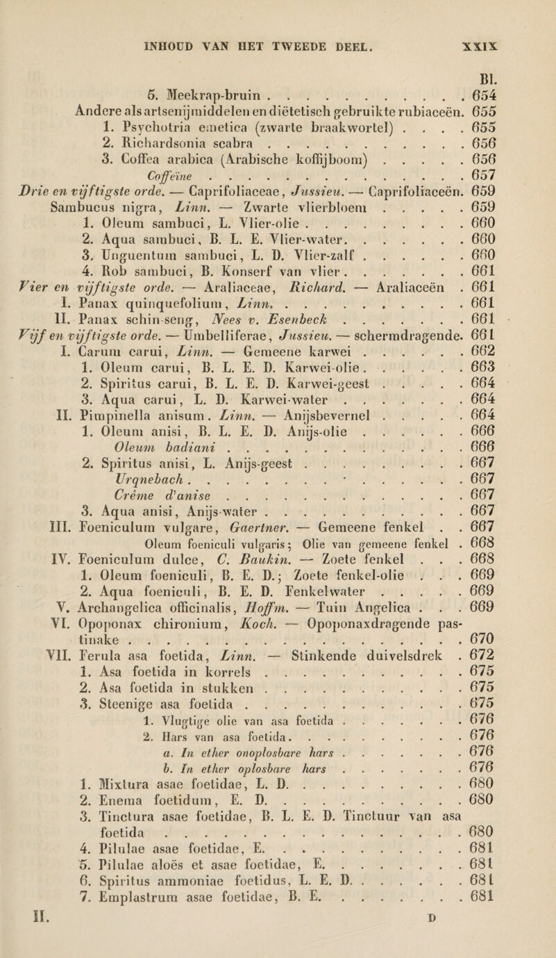 BI. 5. Meekrap-bruin.654 Andere als artsenijmiddelen en diëtetisch gebruikte rubiaceën. 655 1. Psychotria emetica (zwarte braakwortel) .... 655 2. Richardsonia scabra.656 3. Coffea arabica (Arabisehe koffijboom).656 Cojfeïne.65 7 Drie en vijftigste orde. — Caprifoliaceae, Jussieu. — Caprifoliaceën. 659 Sambucus nigra, Linn. — Zwarte vHerbloeni.659 1. Oleum sambuci, L. Ylier-olie.660 2. Aqua sambiici, B. L. E. Ylier-water.660 3. Unguentum sambuci, L. D. Ylier-zalf.660 4. Rob sambuci, B. Konserf van vlier.661 Vier en vijftigste orde. — Araliaceae, Richard. — Araliaceën . 661 1. Panax quinquefolium, Linn*. 661 II. Panax schin serig, Nees v. Esenbeck.661 Vijf en vijftigste orde. — Umbelliferae, Jussieu. — schermdragende. 661 I. Carum carui, Linn. — Gemeene karwei.662 1. Oleum carui, B. L. E. D. Karwei olie.663 2. Spiritus carui, B. L. E. D. Karwei-geest.664 3. Aqua carui, L. D. Karwei-water.664 II. Pimpinella anisum. Linn. — Anijsbevernel.664 1. Oleum anisi, B. L. E. D. Anijs-olie.666 Oleum badiani.666 2. Spiritus anisi, L. Anijs-geest.667 Urqnebach.*.667 Crème d’anise. 667 3. Aqua anisi, Anijs water.667 III. Foeniculum vulgare, Gaertner. — Gemeene fonkel . . 667 Oleum foeniculi vulgaris; Olie van gemeene fenkel . 668 IY. Foeniculum dulce, C. Baukin. —- Zoete fenkel . . . 668 1. Oleum foeniculi, B. E. D.; Zoete fenkel-olie . . . 669 2. Aqua foeniculi, B. E. D. Fenkelwater.669 Y. Archangelica officinalis, Hoffm. — Tuin Angelica . . . 669 YI. Opoponax chironium, Koch. — Opoponaxdragende pas* tinake.670 VIL Ferula asa foetida, Linn. — Stinkende duivelsdrek . 672 1. Asa foetida in korrels.675 2. Asa foetida in stukken.675 3. Steenige asa foetida.675 1. Vlugtige olie van asa foetida.6/6 2. Hars van asa foetida.676 a. In ether onoplosbare hars.676 b. In ether oplosbare hars.676 1. Mixtura asae foelidae, L. D.680 2. Enema foetidum, E. D.680 3. Tinctura asae foetidae, B. L. E. D. Tinctuur van asa foetida.680 4. Pilulae asae foetidae, E.681 5. Pilulae aloës et asae foetidae, E.681 6. Spiritus ammoniae foetidus, L. E. D. . . ... 681 7. Emplastrum asae foetidae, B. E.681 II. D