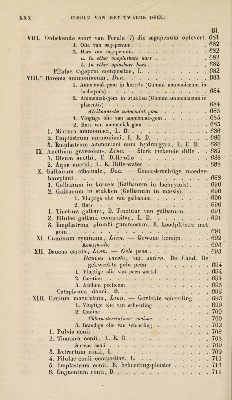 BL YIII. Onbekende soort van Ferula (?) die sagapenum oplevert. 681 1. Olie van sagapenum. 682 2. Hars van sagapenum.682 a. In ether onoplosbare hars ....... 682 b. In ether oplosbare hars . , ■. 682 Pilulae sagapeni compositae, L. ....... 682 VIII.* Dorema ammoniacum, Don.683 1. Arnmoniak-gom in korrels (Gummi ammoniacum in lachrymis).684 2» Ammoniak-gom in stukken (Gummi ammoniacum in placentis). 684 Afrikaansche ammoniak-gom ...... 685 1. Vlugtige olie van ammoniak-gom.685 2. Hars van ammoniak-gom.685 1. Mixtura ammoniaci, L. D. . . . . ..686 2. Emplastrum ammoniaci, L. E. D. ...... . 686 3. Emplastrum ammoniaci cum hydrargyro, L. E. D. . 686 IX. Anethum graveolens, Linn. — Sterk riekende dille . . 687 1. Oleum anethi, E. Dille-olie. 688 2. Aqua anethi, L. E. Dille-water.. 688 X. Galbanum officinale, Don. — Geneeskrachtige moeder- harsplant .. 688 1. Galbanum in korrels (Galbannm in lachrymis) * . . 690 2. Galbanum in stukken (Galbanum in massis). . . . 690 1. Vlugtige olie van galbanum.690 2. Hars.690 1. Tinctura galbani, D. Tinctuur van galbanum . , . 691 2. Pilulae galbani compositae, L. D.691 3. Emplastrum plumbi gummosum, B. Loodpleister met gom. .691 XI. Cuminum eyminum , Linn. — Gewone komijn .... 692 Romijn-olie.. 693 XII. Daucus carota, Linn. — Gele peen.693 Daucus carota, var. sativa, Be Cand. De gekweekte gele peen.. . 694 1. Vlugtige olie van peen-wortel.694 2. Carotine ..694 3. Acidum pecticum...695 Cataplasma dauci, D.695 XIII. Conium maculatum, Linn. —• Gevlekte scheerling . , 695 1. Vlugtige olie van scheerling ....... 699 2. Coniine.. 700 Chlorwaterstofznre coniine.700 3. Brandige olie van scheerling.702 1. Pulvis conii.708 2. Tinctura conii, L. E. B... 708 Succus conii.709 3. Extractum conii, L.. 709 4. Pilulae conii compositae, L.711 5. Emplastrum conii, B. Scheerling-pleister ..... 711 6. Unguentuin conii, D.711