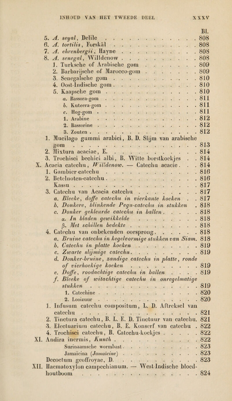 BI. 5. A. seyal, Delile.808 6. A. tortilis, Forskal.808 7. A. ehrenhergii, Hayne.808 8. Senegal, Willdenow.808 1. Turksche of Arabische gom.809 2. Barbarijsche of Marocco-gom.809 3. Senegalsche gom.810 4. Oost-Indische gom.810 5. Kaapsche gom. 810 a. Bassora-gorn.811 b. Kuteera-gom.811 c. Hog-gom.811 1. Arabine.812 2. Bassorine.812 3. Zouten.812 1. Mucilago gummi arabici, B. D. Slijm van arabische gom.. . . 813 2. Mixtura acaciae, E.814 3. Trochisci bechici albi, B. Witte borstkoekjes . . 814 X. Acacia catechu, Willdenow. — Catechu acacie. . . 814 1. Gambier catechu.816 2. Betelnoten-catechu.816 Kassu.817 3. Catechu van Acacia catechu. 817 a. Bleeke, doffe catechu in vierkante koeken . . 817 h. Donkere, blinkende Pegu-catechu in stukken . 818 c. Donker gekleurde catechu in ballen.818 a. In bladen gewikkelde.818 ƒ3. Met schillen bedekte.818 4. Catechu van onbekenden oorsprong.818 a. Bruine catechu in kegelvormige stukken van Siam. 818 b. Catechu in platte koeken. 819 c. Zwarte slijmige catechu.819 d. Donker-bruine, zandige catechu in platte, ronde of vierhoekige koeken.819 e. Doffe, roodachtige catechu in ballen .... 819 f. Bleeke of witachtige catechu in onregelmatige stukken.819 1. Catechine.820 2. Looizuur.820 1. Infusum catechu compositum, L. D. Aftreksel van catechu.821 2. Tinctura catechu, B. L. E. D. Tinctuur van catechu. 821 3. Electuariurn catechu, B. E. Konserf van catechu . 822 4. Trochisci catechu, B. Catechu-koekjes.822 XI. Andira inermis, Kunth.822 Surinaarnsehe wormbast.823 Jamaïcina (Jarnaicine).823 Decoctum geoffroyae, D.823 XII. Haematoxylon campechianum. — West Indische bloed- houtboom.824