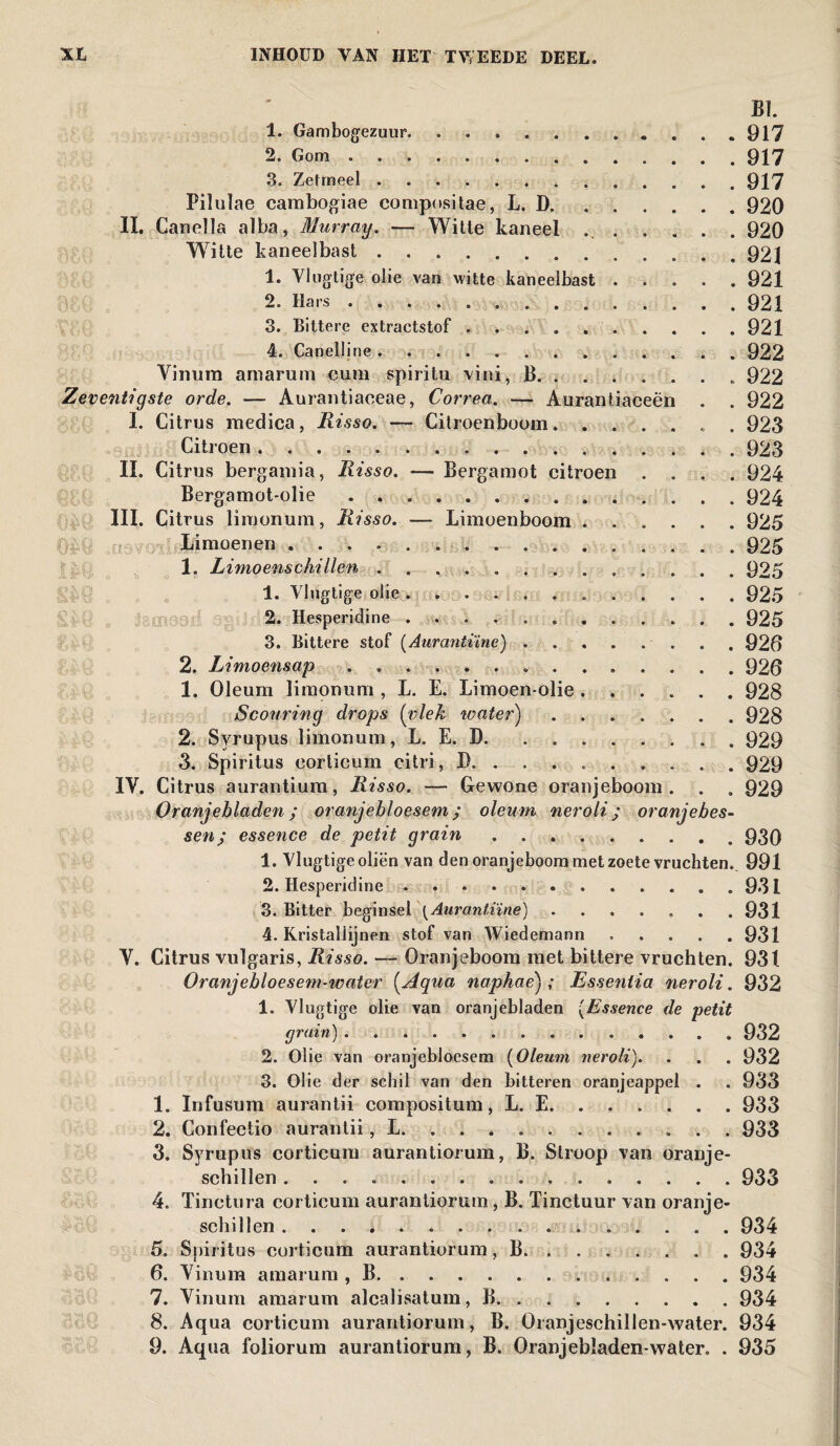 BI. 1. Gambogezuur. . 917 2. Gom. 917 3. Zetmeel .... • . . .917 Pilulae cambogiae compositae, L. D.920 II. Canella alba, Murray. — Witte kaneel ..920 Witte kaneelbast. 92J 1. Vlugtige olie van witte kaneelbast.921 2. Hars...921 3. Bittere extractstof ..921 4. Canelline.922 Vinum amarum cum spiritu vini, B. 922 Zeventigste orde. — Aurantiaceae, Correa. — Aurantiaceën . . 922 I. Citrus medica, Risso. — Citroenboom. 923 Citroen.923 II. Citrus bergainia, Risso. — Bergamot citroen .... 924 Bergamot-olie. 924 III. Citrus limonum, Risso. — Limoenboom.925 Limoenen .. 925 1. Limoenschillen.925 1. Vlugtige olie ..925 2. Hesperidine. 925 3. Bittere stof (Aurantime). 920 2. Limoensap .............. 926 1. Oleum limonum , L. E. Limoen-olie.928 Scouring drops (vlek water).928 2. Syrupus limonum, L. E. D. . . 929 3. Spiritus corticum citri, D. . . . .929 IV. Citrus aurantium, Risso. — Gewone oranjeboom. . . 929 Oranjebladen ; oranjebloesem ; oleum neroli; oranjebes- sen; essence de petit grain ..930 1. Vlugtige oliën van den oranjeboom met zoete vruchten. 991 2. Hesperidine. 931 3. Bitter beginsel [Aurantiïne).931 4. Kristallijnen stof van Wiedemann.931 V. Citrus vulgaris, Risso. — Oranjeboom met bittere vruchten. 931 Oranjebloesem-water (Aqua naphae); Essentia neroli. 932 1. Vlugtige olie van oranjebladen (Essence de petit grain) ..932 2. Olie van oranjebloesem (Oleum neroli). . . . 932 3. Olie der schil van den bitteren oranjeappel . . 933 1. Infusum aurantii compositum, L. E. ..... . 933 2. Confectio aurantii, L.. 933 3. Syrupus corticum aurantiorum, B. Stroop van oranje¬ schillen ..933 4. Tinctura corticum aurantiorum , B. Tinctuur van oranje¬ schillen . 934 5. Spiritus corticum aurantiorum, B.934 6. Vinum amarum , B.934 7. Vinum amarum alcalisatum, B.934 8. Aqua corticum aurantiorum, B. Oranjeschillen-water. 934