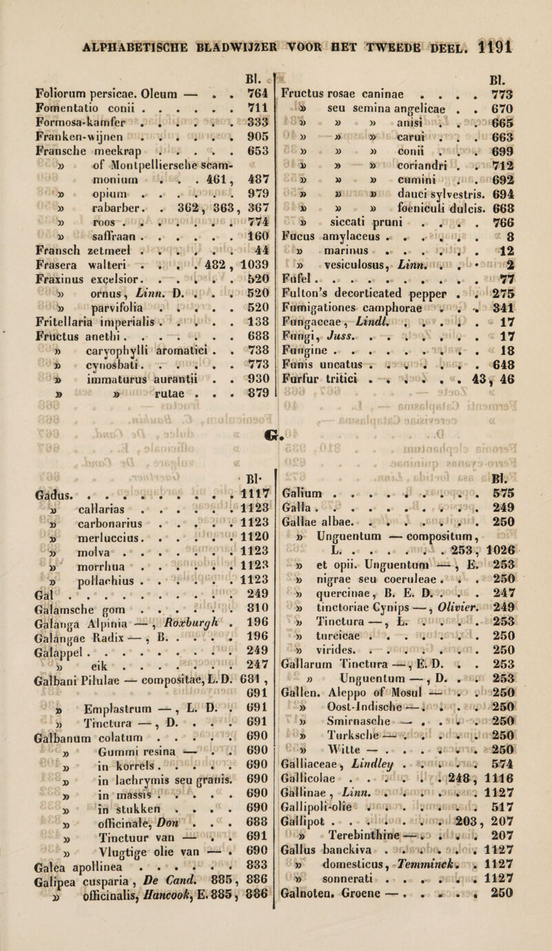 BI. o Foliorum persicae. Oleum — . . 764 Fomentatio conii.711 Formosa-kamfer.333 Franken-wijnen.905 Fransche meekrap . . . . . 653 » of Montpelliersche scam- moniurn . . . 461, 487 » o opium .<•.979 » rabarber. . 362, 363, 367 » roos.774 » saffraan ...... 160 Fransch zetmeel.44 Frasera walteri .... 482, 1039 Fraxinus exgelsior.520 » ornus, Linn. D. . . 520 » parvifolia.520 Fritellaria imperialis.138 Fructus anethi.688 » caryophylli aromatici . . 738 » cynosbati.773 » immaturus aurantii . . 930 » » rutae . . . 879 BI. Fructus rosae caninae .... 773 » seu semina angelicae . . 670 3) 0 a )) anisi . . . 665 » » carui . . . 663 » « » » conii . . . 699 i) » » coriandri . . 712 » » » cumini . . 692 » 0 » » dauci sylvestris. 694 » 0 » » foeniculi dulcis. 668 » siccati pruni .... 766 Fucus amylaceus .= .. .... 2: 8 » marinus 1 .0 . .- . '■} 12 » vesiculosus, Linn. . . • 2 Fnfel. .0 . . .. . .. .0 „ . 77 Fulton’s decorticated pepper . . 275 Fumigationes camphorae . . 341 Fungaccae, Lindl.17 Fungi, Juss.17 Fungine ..18 Funis uncatus.648 Furfur tritici.43, 46 01 o . .J . *— iJnsoiwl! G. * Bl* Gadus.. . 1117 » callarias.1123 » carbonarius.1123 » merluccius.1120 » molva .0 ••.1123 morrhua.1123 » pollaohius.1123 Gal .0 .0.249 Galamsche gom.810 Galanga Alpinia — , Roxburgh . 196 Galangae Radix — , B.196 Galappel ..249 » eik.247 Galbani Pilulae — compositae, L. D. 681 , a «3 0 0 0 9 dHlJlIf:» f 119113 691 » Emplastrum — , L. D. . 691 Tinctura — , D. 691 Galbanum colatum. 690 » Gummi resina — . 690 » in korrels. 690 X» in lachrymis seu granis. 690 » in massis. 690 » in stukken .... 690 » officinale, Don . . 688 » Tinctuur van — . . 691 » Vlugtige olie van — . 690 Galea 833 Galipea cusparia , De Cand. 885, 886 3) officinalis, Hancook, E. 885, 886 Bl. Galium. . 575 Galla .......... 249 Galiae albae.250 » Unguentum —compositum, L. .0 . .. . . .253, 1026 » et opii. Unguentum — , E. 253 » nigrae seu coeruleae. * . 250 » quercinae, B. E. D. . . . 247 » tinctoriae Cynips—, Olivier. 249 » Tinctura—, L.253 » tureicae.250 » virides. ....... 250 Gallarum Tinctura—, E. D. . . 253 » Unguentum —, D. . . 253 Gallen. Aleppo of Mosul — . . 250 » Oost-lndischc—i; . . . 250 » Smirnasche —■ .... 250 » Turkscbe —.250 » Witte — . . . . . •*. . i 250 Galliaceae, Lindley ..... 574 Gallicolae .. 248, 1116 Gailinae , Linn.1127 Gailipoli-olie . 517 Gallipot . . 6*1 idem. . . 203, 207 » Terebinthine —. ... 207 Gallus banckiva ...... 1127 » domesticus, Temminck. > 1127 » sonnerati . . . . . 1127 Galnoten. Groene — ..... 250