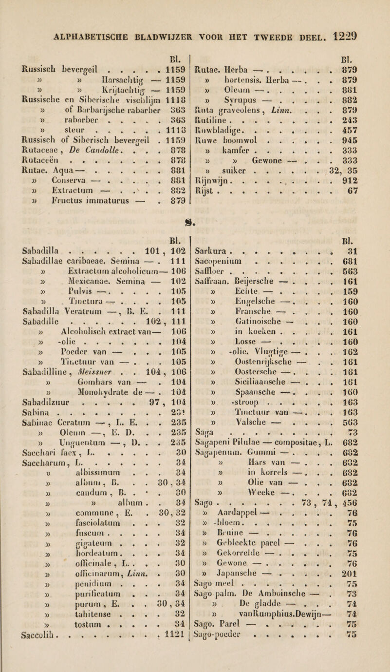 Russisch bevergeil. BI. 1159 Rutae. Herba — . . . • BI. 879 » i) Ilarsachtig — 1159 » hortensis. Herba — » 879 » » Krijtachtig — 1159 D Oleum — . • 881 Russische en Siberische viseblijm lllo » Syrupus — . • 882 » of Barbarijsche rabarber 363 Ruta graveolens , Linn. • 879 » rabarber . 363 Ru ti line. 243 » steur. 1113 Ruwbladige. 457 Russisch of Siberisch bevergeil . 1159 Ruwe boomwol • 945 Rutaeeae , De Candolle. . . 378 » kamfer .... 333 Rutaceën. 878 i) » Gewone — • 333 Rutae. Aqua—. 881 » suiker .... 32 , 35 » Conserva —. 881 Rijnwijn. 912 » Extractum — . .' . 882 Rijst. 67 » Fructus immaturus — 879 s. BI. Bl. Sabaclilla .101 , 102 Sarkura . .. 31 Sabaclillae caribaeae. Semina — . 111 Sacopenium. 681 » Extractum alcoholicum— 106 Saffloer . 563 Mexicanae. Semina — 102 Saffraan. Beijersche — . 161 » Pulvis —. . . . . 105 » Echte — ... 159 » Tinctura — ... . 105 x> Engelsche — . 160 Sabaclilla Veralrum —, B. E. . 111 » Fransche — . 160 Sabadille .102 , 111 » Gatinoische — 160 » Alcoholisch extract van — 106 » in koeken . 161 -olie. » Losse — ... 160 » Poeder van — . 105 » -olie. VJugtigc — . 162 » Tinctuur van — . . 105 » Oostenrijksche — 161 Sabadilline, Meissner . . 104, 106 » Oostersche — . 161 » Gomhars van — . 104 » Siciliaansche — . 161 » Mo no hydra te de — - . 104 » Spaansche —. . 160 Sabadiizuur.97 , 104 v -stroop .... 163 Sabina » Tinctuur van —. 163 Sabinac Ccraturn — , L. E. . . 235 » Valsche — 563 » Oleum —, E. D. . 235 Saga . 73 » Unguentum — , !). . . 235 Sagapeni Pilulae — cornpositae , L. 682 Sacchari fa ex , L. 30 Sagapenum. Gummi — . 682 Saceharum, L. » Hars van — . 632 ü albissimum 34 » in korrels — „ 682 » album , B. . 30,34 » Olie van — . 632 » caridum , B. . 30 » Weeke —. 682 » » album . . 34 Sago.73 74, 456 » commune , E. 30, 32 » Aardappel — ... 76 fasciolatum 32 » -bloem. 75 fuscurn .... 34 » Bruine — .... 76 » gigateum . 32 » Gebleekte parel — 76 » liordeatum. . 34 » Gekorrelde — ... 75 )) officinale , L. . 30 » Gewone — .... 76 j) offlcinarum, Linn. . 30 » Japansche — ... 201 » pcnidium . . 34 Sago meel. 75 » purilicatum . 34 Sago palm. De Amboinschc — 73 » purum , E. . . 30,34 » De gladde — . • • 74 » tahitense . . . 32 » vanRumphius.Dewij n— 74 » tostum .... . 34 Sago. Parel — .... • * 75 Saccolih . Sago-poeder . 75