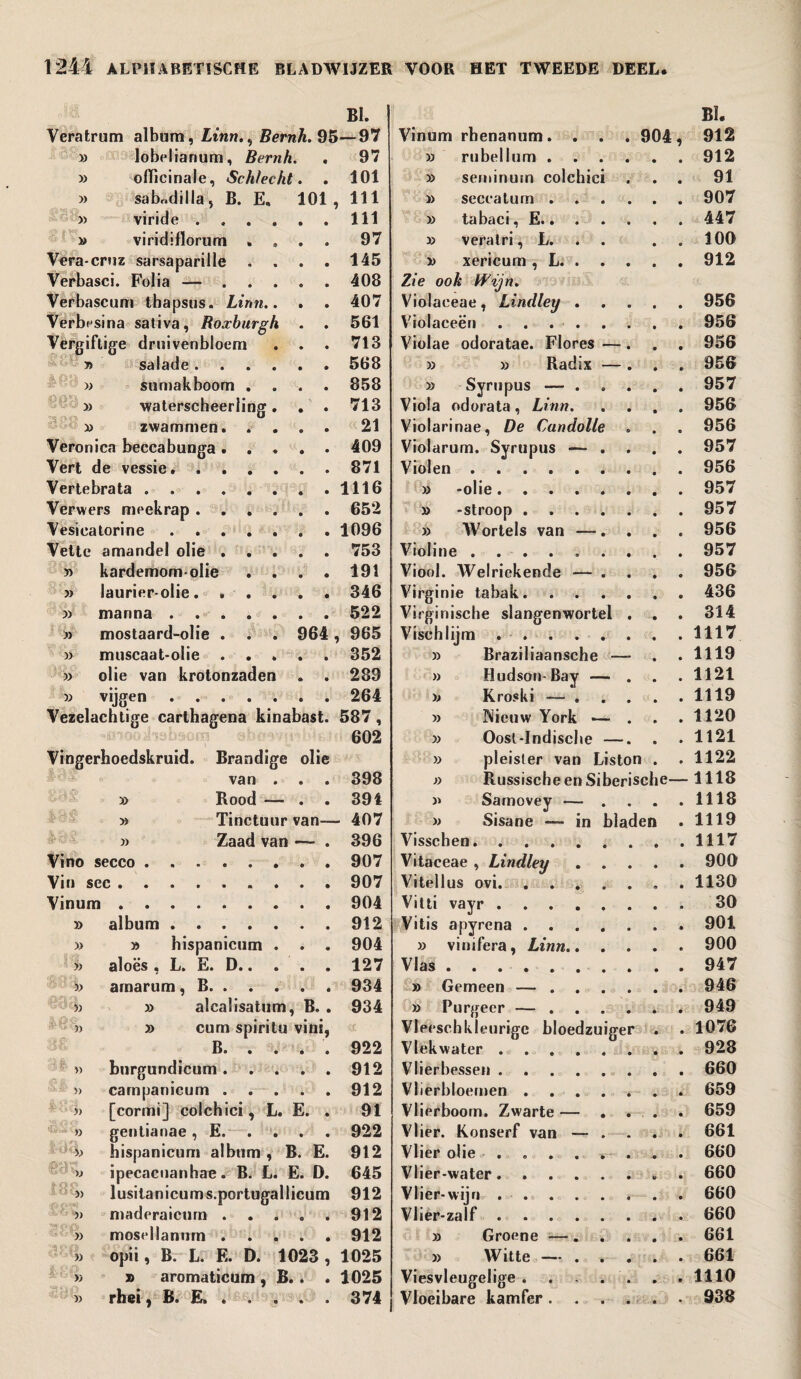 BI. Veratrum album, im, Bernh. 95—97 » lobelianum, Bernh. . 97 » officinale, Schleckt. . 101 » sabndilla, B. E, 101, 111 » viride.111 » viridiflorum .... 97 Vera-cruz sarsaparille . . . . 145 Verbasci. Folia —.408 Verbascum thapsus. Linn.. . . 407 Verbfsina sativa, Roxburgh . . 561 Vergiftige drnivenbloem . . . 713 » salade. . . . . . 568 » stimakboom .... 858 » waterscheerling. . . 713 » zwammen.21 Veronica beccabunga.409 Vert de vessie.871 Vertebrata.1116 Verwers meekrap.652 Vesicatorine.. 1096 Vette amandel olie.753 » kardemom-oiie .... 191 » laurier-olie.346 » manna.522 » mostaard-olie . . . 964, 965 » muscaat-olie ..... 352 » olie van krotonzaden . . 289 » vijgen.264 Vezelachtige carthagena kinabast. 587, 602 Vingerhoedskruid. Brandige olie van . . . 398 » Rood — . . 394 » Tinctuur van— 407 » Zaad van — . 396 Vino secco.907 Vin sec.907 Vinum.904 » album.912 )> » hispanicum . . . 904 » aloës , L. E. D.127 » arnarum, B.934 » » alcalisatum, B. . 934 » » cum spiritu vini, B. . . . . 922 o burgundicum.912 » carnpanicum.912 » [cormi] colchici, L. E. . 91 » gentianae, E.922 » hispanicum album, B. E. 912 » ipecacnanhae. B. L. E. D. 645 » lusilanicums.portugallicum 912 » maderaicurn ..... 912 » mosellanurn.912 » opii, B. L. E. D. 1023 , 1025 » » aromaticum, B. . . 1025 » rhei, B. E..374 Vinum rhenanum. . . • 904, BI. 912 » rubelium . 912 y> seminum colchici 91 » seceatum . 907 » tabaci, E.. 447 x> veralri, L. 100 » xericum , L. . 912 Zie ook Wijn. Violaceae, Lindley . 956 Violaceën . 956 Violae odoratae. Flores — 956 » » Radix — 956 » Syrupus — . 957 Viola odorata, Linn. 956 Violarinae, De Candolle o 956 Violarum. Syrupus — . 957 Violen. 956 » -olie. 957 » -stroop .... 957 » Wortels van —. 956 Violine. 957 Viool. Welriekende — . 956 Virginie tabak. . . 436 Virginische slangenwortel 314 Vischlijm. 1117 » Braziliaansche - 1119 » Hudson-Bay — 1121 )j Kroski — . 1119 » Kieuw York ■— 1120 » Oost-Indische — 1121 » pleister van Liston . 1122 » Russische en Siberische— 1118 » Sarnovey — . 1118 » Sisane ~ in bladen . 1119 Visschen. 1117 Vitaceae , Lindley . . 900 Vitellus ovi. .... * • 1130 Vitti vayr. 30 Vitis apyrena .... 901 » vinifera, Linn.. . 900 VlaS.. . 947 » Gemeen — ... 946 » Purgeer — ... 949 Vleëschkleurige bloedzuiger 1076 Vlekwater. 928 Vlier bessen. 660 Vlierbloemen .... 659 Vlierboom. Zwarte — . 659 Vlier. Konserf van —- . 661 Vlier olie ..... 660 Vlier-water. » • 660 Vlier-wijri. 660 Vlier-zalf. 660 » Groene — . 661 » Witte — . * 661 Viesvleugelige .... 1110 Vloeibare kamfer. . . 938