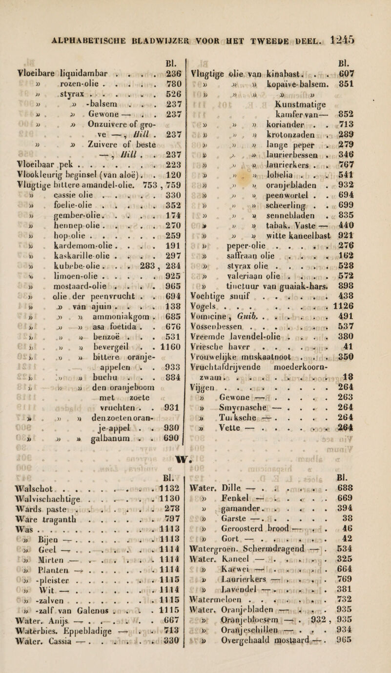 Vloeibare liquidambar .... Bl. 236 rozen-olie. 780 J) styrax . 526 )) » -balsem 237 n , b Gewone — 237 )) » Onzuivere of gro- S* I fi ve —, Hill . 237 a » Zuivere of beste . — , Hill . 237 Vloeibaar pek. 223 Vlookleurig beginsel (van aloë). 120 Vlugtige bittere amandel-olie. 753 , 759 » cassie olie. 330 » foelie-olie. 352 » gember-olie. 174 » hennep olie. 270 » hop-olie. 259 » kardemom-olie .... 191 kaskarille-olie .... 297 » kubebeolie. . • . 283 284 limoen-olie. 925 )) mostaard-olie .... 965 » olie der peenvrucht . . 694 » . x) van ajuin .... 138 » » ammoniakgom . 685 * b » asa foetida . 676 X> » » benzoë . 531 bt . w a bevergeil 1160 » » bittere oranje- appelen . 933 i) » buchu . . . 884 b » » den oranjeboom met zoete vruchten . 931 b » den zoeten oran- 4 je-appel . 930 » » )> galbanum . . 690 Bi. Walschot, . ..1132 Walvischachlige.1130 Wards paste.278 Ware traganth.797 Was .o . ..1113 » Bijen —.1113 » Geel —.1114 » Mirten — 1114 )) Planten ..1114 » -pleister.1115 » Wit —.1114 » -zalven.1115 » -zalf van Galenus . . . .1115 Water* Anijs — . . - .... 667 Waterbies. Eppebladige — . • 713 Water. Cassia —.330 Bl. Vlugtige olie van kinabast. . . 607 » x> » kopaïve-balsem. 851 » » n x> » Kunstmatige kamfer van— 852 » » » koriander . . 713 » » » krotonzaden . 289 .>.> » » lange peper . 279 x> x, » laurierbessen . 346 » » » laurierkers . . 767 x> » , j) lobelia . . . 541 » » >j oranjebladen . 932 » j> » peenworlel . . 694 » » » scheerling . . 699 » » w sennehladen . <; 335 * » » tabak. Vaste — 440 » » » witte kaneelbast 921 » peper-olie . . • • • 276 » saffraan olie • • • 162 » styrax olie . • • • 528 » valeriaan olie . • • • 572 » tinctuur van guaiak-hars. 898 Vochtige snuif 438 Vogels ... . . • • • 1126 Voimcine, Guib. . . . • • 491 Vossenbessen .... 537 Vreemde lavendel-olie . p • • 380 Vriescbe haver 41 Vrouweliike muskaatnoot • • • 350 Vruchtafdrijvende moederkoorn- zwam. • . . 13 Vijgen. 264 » Gewone — . • • • 263 )) Smyrnasche — . • • r 4 264 a Tuiksche —. • • ' • 264 » Vette — ... * 264 e BI. Water. Dille — . ï: . ... 688 » Fenkel — . . . ,. 669 gamander. Garste —. Geroosterd brood - - . . 46 » Gort — ... . . . 42 Watergroen. Schermdragend — . 534 Water. Kaneel — . ... 325 » Karwei — . . . . 664 D Laurierkers — . ... 769 » Lavendel — . . . . 381 Watermeloen .... Water. Oranjebladen — . . . 935 » Oranjebloesem — . 932, 935 » Oranjeschillen — . j . 934 » Overgehaald mostaard — . 965