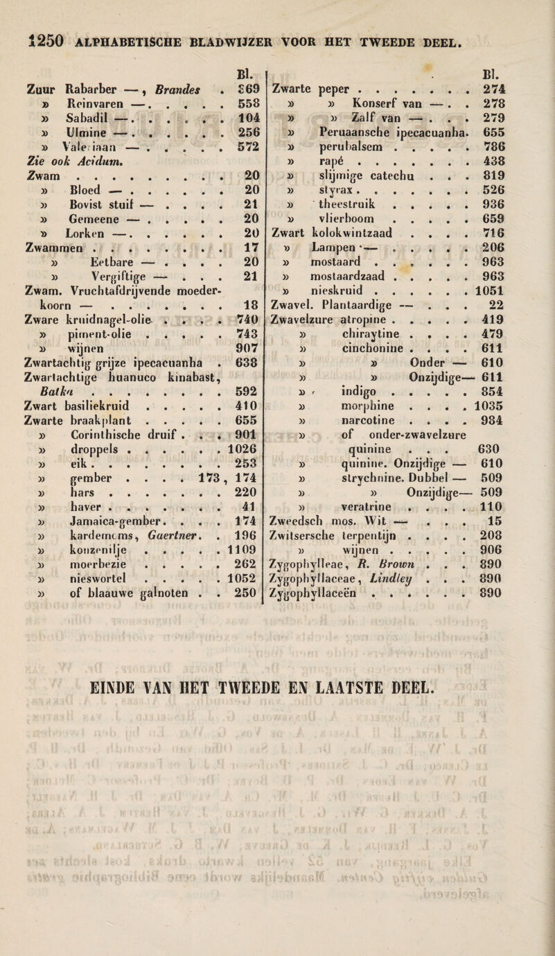 BI. Zuur Rabarber ■—, Branies . £69 » Reinvaren —.558 » Sabadil —.104 » Ulmine —.256 » Valeriaan — ..... 572 Zie ook Acidum. Zwam ......... 20 » Bloed —.20 33 Bovist stuif — .... 21 » Gemeene —.20 » Lorken —.20 Zwammen.17 » Eetbare — .... 20 » Vergiftige — ... 21 Zwam. Vruchtafdrijvende moeder- koorn —.18 Zware kruidnagel-olie.740 » pirnent-olie.743 » wijnen 907 Zwartaclitig grijze ipecacuanha . 638 Zwartachtige huanuco kinabast, Batka.592 Zwart basüiekruid.410 Zwarte braakplant.655 » Corinthische druif . . . 901 33 droppels.1026 » eik.253 33 gember .... 173, 174 » hars.220 » haver.. . 41 » Jamaica-gember. . . . 174 » kardemcms, Guertner. . 196 » konzenilje.1109 » moerbezie ..... 262 33 nieswortel.1052 33 of blaauwe galnoten . . 250 BI. Zwarte peper. 274 » )3 Konserf van — . . 278 » 3) Zalf van — . . . 279 Peruaansche ipecacuanha. 655 » perubalsem. 786 » rapé. 438 j) slijmige catechu . . . 819 » styrax. 526 » ' theeslruik. 936 33 vlierboom. 659 Zwart kolokwintzaad . . . . 716 Lampen *—. 206 » mostaard. 963 mostaardzaad ..... 963 » nieskruid . 1051 Zwavel. Plantaardige — ... 22 Zwavelzure atropine ..... 419 » chiraytine .... 479 j) cinchonine .... 611 » 33 Onder — 610 3) 33 Onzijdige— - 611 D * indigo. 854 morphine .... 1035 » narcotine .... 984 » of onder-zwavelzure quinine 630 » quinine. Onzijdige — 610 » strychnine. Dubbel — 509 33 Onzijdige— 509 veratrine .... 110 Zweedsch mos. Wit — , . . 15 Zwitsersche terpentijn .... 208 wijnen. 906 Zygophylleae, R. Brown . 890 Zygophyllaceae, Bindley . 890 Zygophyllaceën .. 890 EINDE VAN HET TWEEDE EN LAATSTE DEEL