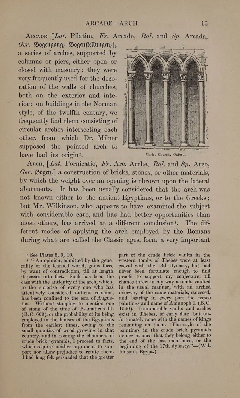 ARCADE—ARCH. 1b Arcapve [Lat. Pilatim, fr. Arcade, tal. and Sp. Arcada, Ger. Bogengang, Bogenftellungen, |, a series of arches, supported by columns or piers, either open or closed with masonry: they were very frequently used for the deco- ration of the walls of churches, both on the exterior and inte- rior: on buildings in the Norman style, of the twelfth century, we frequently find them consisting of circular arches intersecting each other, from which Dr. Milner supposed the pointed arch to Scania oa nome have had its origin®. Christ Church, Oxford. Arca, | Lat. Fornicatio, Fr. Arc, Arche, Ital. and Sp. Arco, Ger. Bogen, | a construction of bricks, stones, or other materials, by which the weight over an opening is thrown upon the lateral abutments. It has been usually considered that the arch was not known either to the antient Egyptians, or to the Greeks ; but Mr. Wilkinson, who appears to have examined the subject with considerable care, and has had better opportunities than most others, has arrived at a different conclusions. The dif- ferent modes of applying the arch employed by the Romans during what are called the Classic ages, form a very important _ al Wi 2, r See Plates 8, 9, 10. s “ An opinion, admitted by the gene- rality of the learned world, gains force by want of contradiction, till at length it passes into fact. Such has been the case with the antiquity of the arch, which, to the surprise of every one who has attentively considered antient remains, has been confined to the era of Augus- tus. Without stopping to mention one of stone of the time of Psamaticus II. (B.C. 600), or the probability of its being employed in the houses of the Egyptians from the earliest times, owing to the small quantity of wood growing in that country, and in roofing the chambers of crude brick pyramids, I proceed to facts, which require neither argument to sup- port nor allow prejudice to refute them. I had long felt persuaded that the greater part of the crude brick vaults in the western tombs of Thebes were at least coeval with the 18th dynasty, but had never been fortunate enough to find proofs to support my conjecture, till chance threw in my way a tomb, vaulted in the usual manner, with an arched doorway of the same materials, stuccoed, and bearing in every part the fresco paintings and name of Amunoph I. (B.C. 1540). Innumerable vaults and arches exist in Thebes, of early date, but un- fortunately none with the names of kings remaining on them. The style of the paintings in the crude brick pyramids evince at once that they belong either to the end of the last mentioned, or the beginning of the 17th dynasty.”—(Wil- kinson’s Egypt.)
