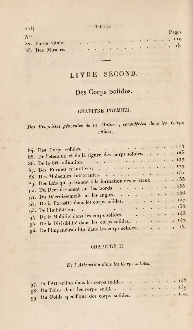 T AUI. F. x.\ij K'. 82. Force vitale. • • < 83. Des Muscles. • • • Pages , n«J . i'o. livre second. Des Corps Solides, CHAPITRE PREMIER. Pts Propriété, générales de la Matière, considérées dans les Corps solides- 8/|. Des Corps solides.* * ' 85. De l’étendue et de la figure des corps solides. . 86. De la Cristallisation. 87. Des Formes primitives. • ,. 88. Des Molécules intégrantes. . • • • •_ • • 89. Des Lois qui président à la formation des cristaux. 90. Du Décroissement sur les bords. , . « • • y!. Du Décroissement sur les angles. 92. De la Porosité dans les corps solides. . . , 90. De .. 94. De la Mobilité dans les corps solides. . . y5. De la Divisibilité dans les corps solides. . . 96. De l’impénétrabilité dans les corps solides, , , . ia4 . 120 . 127 . 129 . i5i . 135 . i55 . i56 . 107 , i5S . 146 . 147 . i.l>- CHAPITRE IL De l’Attraction dans les Corps solides. 97. De PAttraclion dans les corps solides. . . • 98. Du Poids dans les corps solides. • • - • 99. Du Poids spécifique des corps solides.