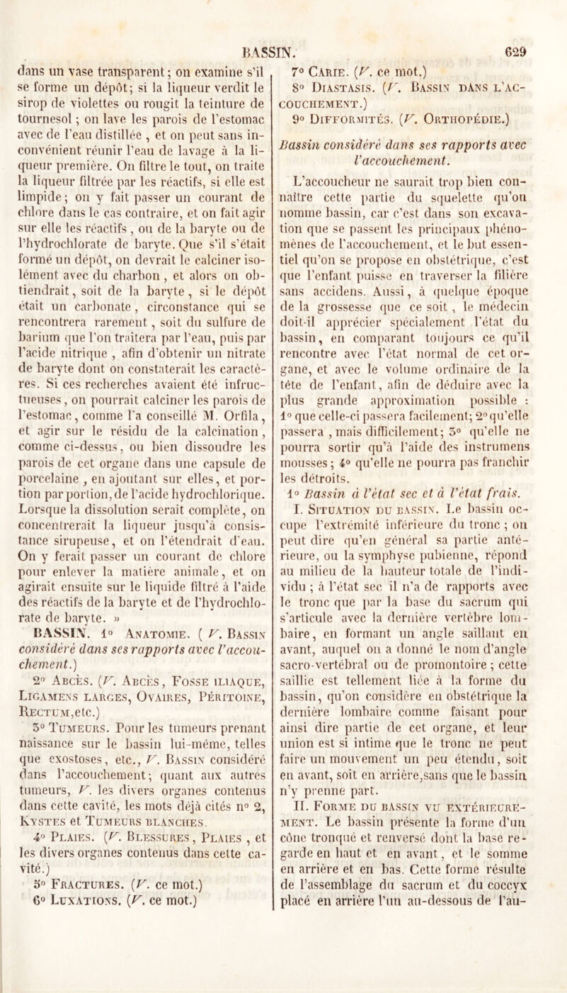 clans un vase transparent ; on examine s’il se forme un dépôt; si la liqueur verdit le sirop de violettes ou rougit la teinture de tournesol ; on lave les parois de l’estomac avec de l’eau distillée , et on peut sans in- convénient réunir l’eau de lavage à la li- queur première. On filtre le tout, on traite la liqueur filtrée par les réactifs, si elle est limpide ; on y fait passer un courant de chlore dans le cas contraire, et on fait agir sur elle les réactifs , ou de la baryte ou de l’hydrochîorate de baryte. Que s’il s’était formé un dépôt, on devrait le calciner iso- lément avec du charbon , et alors on ob- tiendrait , soit de la baryte, si le dépôt était un carbonate, circonstance qui se rencontrera rarement, soit du sulfure de barium que l’on traitera par l’eau, puis par l’acide nitrique , afin d’obtenir un nitrate de baryte dont on constaterait les caractè- res. Si ces recherches avaient été infruc- tueuses , on pourrait calciner les parois de l’estomac, comme l'a conseillé M. Orfila, et agir sur le résidu de la calcination, comme ci-dessus, ou bien dissoudre les parois de cet organe dans une capsule de porcelaine , en ajoutant sur elles, et por- tion par portion, de l’acide hydrochlorique. Lorsque la dissolution serait complète, on concentrerait la liqueur jusqu’à consis- tance sirupeuse, et on l’étendrait d'eau. On y ferait passer un courant de chlore pour enlever la matière animale, et on agirait ensuite sur le liquide filtré à l’aide des réactifs de la baryte et de l’hydrochlo- rate de baryte. » BASSIN. 1° Anatomie. ( V. Bassin considéré dans ses rapports avec Vaccou- chement.) 2° Abcès. (F. Abcès, Fosse iliaque, Ligamens larges, Ovaires, Péritoine, Rectum,etc.) 5° Tumeurs. Pour les tumeurs prenant naissance sur le bassin lui-mème, telles que exostoses, etc., V. Bassin considéré dans l’accouchement; quant aux autres tumeurs, V. les divers organes contenus dans cette cavité, les mots déjà cités n° 2, Kystes et Tumeurs blanches. 4° Plaies. (V. Blessures , Plaies , et les divers organes contenus dans cette ca- vité.) 5° Fractures. (V. ce mot.) 6° Luxations. (V, ce mot.) 7° Carie. (V. ce mot.) 8° Diastasis. (r. Bassin dans l’ac- couchement.) 9° Difformités. [V. Orthopédie.) Bassin considéré dans ses rapports avec V accouchement. L’accoucheur ne saurait trop bien con- naître cette partie du squelette qu’on nomme bassin, car c’est dans son excava- tion que se passent les principaux phéno- mènes de l’accouchement, et le but essen- tiel qu’on se propose en obstétrique, c’est que l’enfant puisse en traverser la filière sans accidens. Aussi, à quelque époque de la grossesse que ce soit , le médecin doit-il apprécier spécialement l'état du bassin, en comparant toujours ce qu’il rencontre avec l’état normal de cet or- gane, et avec le volume ordinaire de la tête de l’enfant, afin de déduire avec la plus grande approximation possible : 1° que celle-ci passera facilement; 2° qu’elle passera , mais difficilement; 5° qu’elle ne pourra sortir qu’à l’aide des instrumens mousses ; 4° qu’elle ne pourra pas franchir les détroits. 1° Bassin à l’état sec et à l’état frais. I. Situation du bassin. Le bassin oc- cupe l’extrémité inférieure du tronc ; on peut dire qu’en général sa partie anté- rieure, ou la symphyse pubienne, répond au milieu de la hauteur totale de l’indi- vidu ; à l’état sec il n’a de rapports avec le tronc que par la base du sacrum qui s'articule avec la dernière vertèbre lom- baire, en formant un angle saillant en avant, auquel on a donné le nom d’angle sacro-vertébral ou de promontoire ; cette saillie est tellement liée à la forme du bassin, qu’on considère en obstétrique la dernière lombaire comme faisant pour ainsi dire partie de cet organe, et leur union est si intime que le tronc ne peut faire un mouvement un peu étendu, soit en avant, soit en arrière,sans que le bassin n’y prenne part. IL Forme du bassin vu extérieure- ment. Le bassin présente la forme d’un cône tronqué et renversé dont la base re- garde en haut et en avant, et le somme en arrière et en bas. Cette forme résulte de l’assemblage du sacrum et du coccyx placé en arrière l’un au-dessous de l’au-