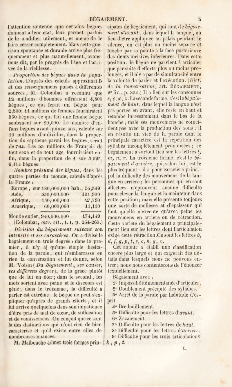l’attention soutenue que certains bègues donnent à leur état, leur permet parfois de le modifier utilement, et même de le faire cesser complètement. Mais cette gué- rison spontanée et durable arrive plus fré- quemment et plus naturellement, avons- nous dit, par le progrès de l’âge et l’arri- vée de la vieillesse. Proportion des bègues dans la popu- lation. D’après des calculs approximatifs et des renseignemens puisés à différentes sources , M. Colombat a reconnu que 12 millions d’hommes offriraient 4,800 bègues , ce qui ferait un bègue pour 2,500; 11 millions de femmes fourniraient 550 bègues, ce qui fait une femme bègue seulement sur 20,000. Le nombre d’en- fans bègues avant quinze ans, calculé sur 10 millions d’individus, dans la propor- tion du septième parmi les bègues, serait de 764. Les 55 millions de Français de tout sexe et de tout âge fourniraient en- fin, dans la proportion de 1 sur 5,597, 6,114 bègues. Nombre présumé des bègues, dans les quatre parties du monde, calculé d’après la France : Europe, sur 180,000,000 hab., 55,549 Asie, 550,000,000 101,900 Afrique, 150,000,000 27,790 Amérique, 60,000,000 11,110 Monde entier, 940,000,000 174,149 (Colombat, ouv. cit., t. i, p. 264-265.) Division du bégaiement suivant son intensité et ses caractères. On a divisé le bégaiement en trois degrés : dans le pre- mier , il n’y aj qu’une simple hésita- tion de la parole, qui n’embarrasse en rien la conversation et lui donne, selon M. Voisin {Du Bégaiement, ses causes, ses différens degrés), de la grâce plutôt que de lui en ôter ; dans le second, les mots sortent avec peine et le discours est gêné ; dans le troisième, la difficulté à parler est extrême : le bègue ne peut s’ex- pliquer qu’après de grands efforts, et il lui arrive quelquefois dans son impatience d’être pris de mal de cœur, de suffocation et de vomissemeiis. On conçoit que ce sont là des distinctions qui n'ont rien de bien caractérisé et qu’il existe entre elles de nombreuses nuances. M. Malbouche admet trois formes prin- cipales de bégaiement, qui sont:le bégaie- ment d'avant, dans lequel la langue , au lieu d’être appliquée au palais pendant le silence, en est plus ou moins séparée et touche par sa pointe à la face postérieure des dents incisives inférieures. Dans cette position, le bègue ne parvient à articuler que par suite d’efforts plus ou moins pro- longés, et il n’y a pas de simultanéité entre la volonté de parler et l’exécution. (Dict. de la Conversation, art. Bégaiement, 9e liv., p. 834.) Il a lieu sur les consonnes 5, ç,x, z. Laseconde forme, c’est le bégaie- ment de haut, dans lequel la langue n’est pas portée en avant, elle reste en haut et retombe incessamment dans le bas de la bouche ; mais ses mouvemens ne coïnci- dent pas avec la production des sons : il en résulte un vice de la parole dont le principale caractère est la répétition des syllabes incomplètement prononcées ; ce bégaiement a surtout lieu sur les lettres l, m, w, r. La troisième forme, c’est le bé- gaiement d’arrière, qui,selon lui, est le plus fréquent : il a pour caractère princi- pal la difficulté des mouvemens de la lan- gue en arrière ; les personnes qui en sont affectées n’éprouvent aucune difficulté pour élever la langue et la maintenir dans cette position; mais elle présente toujours une sorte de mollesse et d’épaisseur qui font quelle n’exécute qu’avec peine les mouvemens en arrière ou de rétraction. Cette variété du bégaiement a principale- ment lieu sur les lettres dont l’articulation exige cette rétraction.Ce sont les lettres &, d,f,g,P, t,s,c,k, qyv. Cet auteur a établi une classification encore plus large et qui exigerait des dé- tails dans lesquels nous ne pouvons en- trer ; nous nous contenterons de l’énoncer textuellement. Bégaiement avec : 1° Impossibilité momentanée d’articuler. 2° Doublement précipité des syllabes. 5° Arrêt de la parole par habitude d’es* prit. 4° Bredouillement, 5° Difficulté pour les lettres d'avant. 6° Zézaiement. 7° Difficulté pour les lettres de haut. 8° Difficulté pour les lettres cl’arrière. 9° Difficulté pour les trois articulations k,p,t. *.