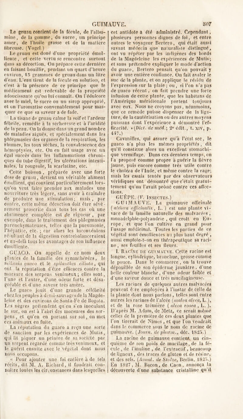 GUIMAUVE. «07 Le gruau contient de la fécule, de l’albu- mine, de la gomme, du sucre, un principe amer, de l’huile grasse et de la matière librcuse. (Yogel.) Le gruau est doué d’une propriété émol- liente , et celle vertu se rencontre surtout dans sa décoction. On prépare cette dernière en faisant bouillir, pendant un quart d’heure environ, 15 grammes de gruau dans un litre d’eau. L’eau tient de la fécule en solution, et c’est à la présence de ce principe que le médicament est redevable de la propriété adoucissante qu’on lui connaît. On l’édulcore avec le miel, le sucre ou un sirop approprié, et on l’aromatise convenablement pour mas- quer ce que sa saveur a de fade. La tisane de gruau calme la soif et l’ardeur fébrile, remédie à la sécheresse et à l’aridité de la peau. On la donne dans un grand nombre de maladies aiguës, et spécialement dans les phlegmasies des organes de la respiration,, les rhumes, les toux sèches, la convalescence des hémoptysies, etc. On en fait usage avec un égal succès dans les inflammations chroni- ques du tube digestif, les ulcérations intesti- nales, la rougeole, la scarlatine, etc. Cette boisson , préparée avec une forte dose de gruau, devient un véritable aliment émollient, qui convient particulièrement lors- qu’on veut faire prendre aux malades une nourriture très légère, sans avoir à craindre de produire une stimulation; mais, par contre, celle même décoction doit être sévè- rement proscrite dans tous les cas où une abstinence complète est de rigueur , par exemple, dans le traitement des phlegmasies parenchymateuses, telles que la pneumonie, l’hépatite, etc. ; car alors les inconvéniens résultant de la digestion contrebalanceraient et au-delà tous les avantages de son influence émolliente. GUACO. On appelle de ce nom deux plantes de la famille des synanlhérées, le mi!Mnia r/uaco et le spilanthes dilata, qui ont la réputation d’être efficaces contre la morsure des serpens venimeux; elles sont, l’une et l’autre, d’une odeur forte et désa- gréable et d’une saveur très amère. Le guaco jouit d’une grande célébrité chez Us peuples à demi-sauvages de la Magde- leine et des environs de Santa-Fé de Bogota. Les nègres prétendent qu’en s’en inoculant le suc, on est à l’abri des morsures des ser- pens, et qu’en en portant sur soi, on met ces animaux en fuite. La réputation du guaco a reçu une sorte de sanction par les expériences de Mutis, qui fit piquer un peintre de sa société par un serpent regardé comme très venimeux, et le guérit ensuite avec le végétal dont nous nous occupons. <( Four ajouter une foi entière à de tels récits, dit M. A. Richard, il faudrait con- naître toutes les circonstances dans lesquelles cet antidote a été administré. Cependant, plusieurs personnes dignes de foi, et entre autres le voyageur Bertero, qui était aussi savant médecin que naturaliste distingué, ont vu répéter par les indigènes des bords de la Magdeleine les expériences de Mutis; et sans prétendre expliquer le mode d’action du guaco, Bertero pensait qu’on pouvait y avoir une entière confiance. On fait avaler le suc de la plante, et on applique le résidu de l’expression sur la plaie ; ou , si l’on n’a pas de guaco récent, on fait prendre une forte infusion de cette plante, que les habitons de l’Amérique méridionale portent toujours avec eux. Nous ne croyons pas, néanmoins, que ce remède puisse dispenser de la liga- ture, de la cautérisation ou des autres moyens puissans dont l’expérience a démontré l'ef- ficacité. » (Dict. de mêd2e édit., t. xiv, p. 447.) Cavanilles, qui assure qu’à l’état sec, le guaco n’a plus les mêmes propriétés, dit qu’il constitue alors un excellent stomachi- que vermifuge. Dans ces derniers temps, on l’a proposé comme propre à guérir la fièvre jaune, puis encore comme très utile contre le choléra de l’Inde, et même contre la rage; mais les essais tentés par des observateurs véridiques ont démontré que c’était gratui- tement qu’on l’avait prôné contre ces affec- tions. GUÊPE. (F, Insectes.) GUIMAUVE. La guimauve officinale ( althœa officinalis,, L. ) est une plante vi- vace de la famille naturelle des malvaeées , monadelpbie-polyandrie , qui croît en Eu- rope , et que l’on cultive en grand pour l’usage médicinal. Toutes les parties de ce végétal sont émollientes au.plus haut degré , aussi emploie-t-on en thérapeutique sa raci- ne, ses feuilles et ses Heurs. I. RacIne de guimauve. Cette racine est longue, cylindrique, branchue, grosse comme le pouce. Dans le commerce , on la trouve dépouillée de son épiderme jaunâtre, d’une belle couleur blanche, d’une odeur faible et d’une saveur douce et très mucilagincuse. Les racines de quelques autres malvaeées peuvent ê:re employées à l’instar de celle de la plante dont nous parlons, telles sont entre autres les racines de l’alcée (malva alcea, L.), et de la rose trémière ( alcca rosea , L. ). D’après M. Adam, de Metz, ce serait même celles de la première de ces deux plantes que l’on tirerait de Nîmes, et que l’on vendrait dans le commerce sous le nom de racine de guimauve. ( Jauni. de pluirm., déc. 1825.) La racine de guimauve conlicrP un cin- quième de son poids de mucilage, de la fé- cule , de l’inuline , de l’extractif, beaucoup de ligneux , des traces de gluten et de résine, et des sels. (Annal, de Stolze, Berlin, 1825.) En 1827, M. Bacon, de Caen, annonça la découverte d'une substance cristalline qu’il