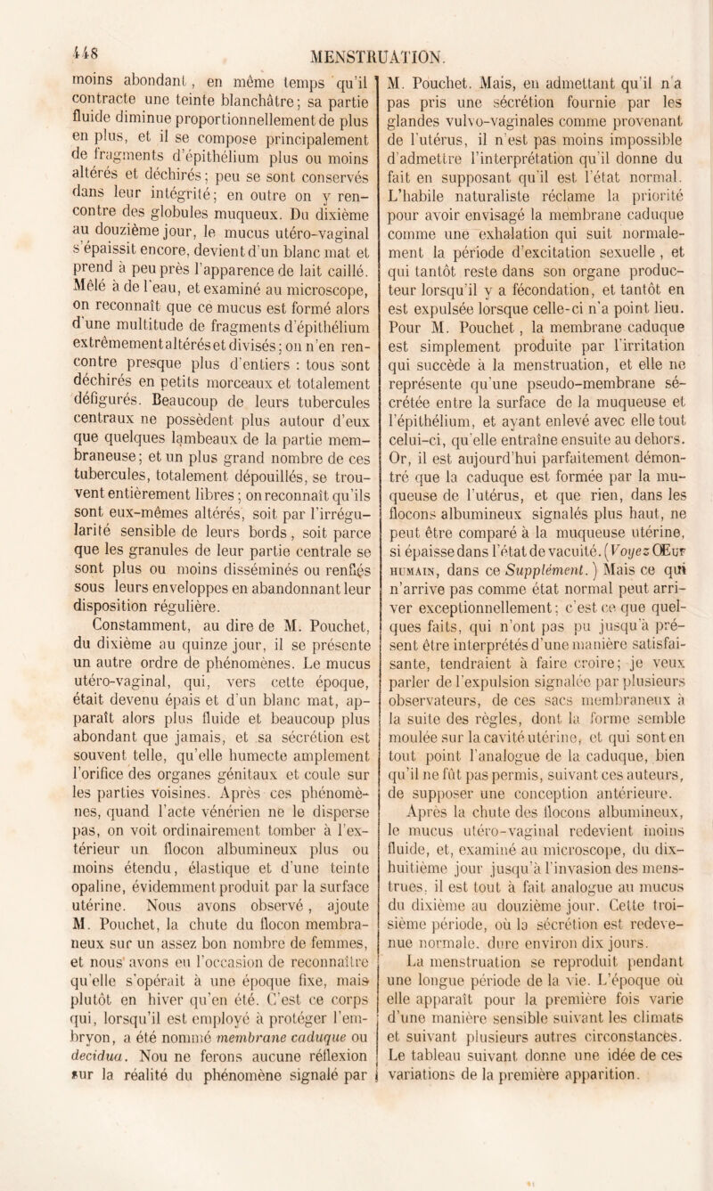 moins abondant, en meme temps qu’il contracte une teinte blanchâtre ; sa partie fluide diminue proportionnellement de plus en plus, et il se compose principalement de fragments d’épithélium plus ou moins altérés et déchirés ; peu se sont conservés dans leur intégrité; en outre on y ren- contre des globules muqueux. Du dixième au douzième jour, le mucus utéro-vaginal s épaissit encore, devient d'un blanc mat et prend à peu près l’apparence de lait caillé. Mêlé à de 1 eau, et examiné au microscope, on reconnaît que ce mucus est formé alors d une multitude de fragments d’épithélium extrêmement altérés et divisés; on n’en ren- contre presque plus d'entiers : tous sont déchirés en petits morceaux et totalement défigurés. Beaucoup de leurs tubercules centraux ne possèdent plus autour d’eux que quelques lambeaux de la partie mem- braneuse; et un plus grand nombre de ces tubercules, totalement dépouillés, se trou- vent entièrement libres ; on reconnaît qu’ils sont eux-mêmes altérés, soit par l’irrégu- larité sensible de leurs bords, soit parce que les granules de leur partie centrale se sont plus ou moins disséminés ou renflés sous leurs enveloppes en abandonnant leur disposition régulière. Constamment, au dire de M. Pouchet, du dixième au quinze jour, il se présente un autre ordre de phénomènes. Le mucus utéro-vaginal, qui, vers cette époque, était devenu épais et d’un blanc mat, ap- paraît alors plus fluide et beaucoup plus abondant que jamais, et sa sécrétion est souvent telle, qu’elle humecte amplement l’orifice des organes génitaux et coule sur les parties voisines. Après ces phénomè- nes, quand l’acte vénérien ne le disperse pas, on voit ordinairement tomber à l’ex- térieur un flocon albumineux plus ou moins étendu, élastique et d'une teinte opaline, évidemment produit par la surface utérine. Nous avons observé, ajoute M. Pouchet, la chute du flocon membra- neux sur un assez bon nombre de femmes, et nous avons eu l’occasion de reconnaître qu elle s’opérait à une époque fixe, mais plutôt en hiver qu’en été. C'est ce corps qui, lorsqu’il est employé à protéger l’em- bryon, a été nommé membrane caduque ou decidua. Nou ne ferons aucune réflexion *ur la réalité du phénomène signalé par j M. Pouchet. Mais, en admettant qu'il n a pas pris une sécrétion fournie par les glandes vulvo-vaginales comme provenant de l'utérus, il n'est pas moins impossible d’admettre l’interprétation qu’il donne du fait en supposant qu’il est l’état normal. L’habile naturaliste réclame la priorité pour avoir envisagé la membrane caduque comme une exhalation qui suit normale- ment la période d’excitation sexuelle , et qui tantôt reste dans son organe produc- teur lorsqu’il y a fécondation, et tantôt en est expulsée lorsque celle-ci n’a point lieu. Pour M. Pouchet, la membrane caduque est simplement produite par l’irritation qui succède à la menstruation, et elle ne représente qu’une pseudo-membrane sé- crétée entre la surface de la muqueuse et l’épithélium, et ayant enlevé avec elle tout celui-ci, qu elle entraîne ensuite au dehors. Or, il est aujourd’hui parfaitement démon- tré que la caduque est formée par la mu- queuse de l’utérus, et que rien, dans les flocons albumineux signalés plus haut, ne peut être comparé à la muqueuse utérine, si épaisse dans l’état devacuité. [Voyez Œuf humain, dans ce Supplément. ) Mais ce qui n’arrive pas comme état normal peut arri- ver exceptionnellement; c’est ce que quel- ques faits, qui n’ont pas pu jusqu’à pré- sent être interprétés d’une manière satisfai- sante, tendraient à faire croire; je veux parler de l’expulsion signalée par plusieurs observateurs, de ces sacs membraneux à la suite des règles, dont la forme semble moulée sur la cavité utérine, et qui sont en tout point l’analogue de la caduque, bien qu’il ne fût pas permis, suivant ces auteurs, de supposer une conception antérieure. Après la chute des flocons albumineux, le mucus utéro-vaginal redevient moins fluide, et, examiné au microscope, du dix- huitième jour jusqu'à l'invasion des mens- trues. il est tout à fait analogue au mucus du dixième au douzième jour. Cette troi- sième période, où la sécrétion est redeve- nue normale, dure environ dix jours. La menstruation se reproduit pendant une longue période de la vie. L’époque où elle apparaît pour la première fois varie d’une manière sensible suivant les climats et suivant plusieurs autres circonstances. Le tableau suivant donne une idée de ces variations de la première apparition.