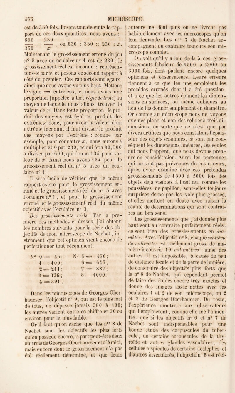 est de 350 fois. Posant tout de suite le rap- port de ces deux quantités, nous avons : 600 230 -—- = ou 630 : 350 :: 230 : x. 350 x ' Maintenant le grossissement erroné du jeu n° 5 avec un oculaire n° 1 est de 230 ; le grossissement réel est inconnu : représen- tons-lepar.T, et posons ce second rapport à côté du premier. Ces rapports sont égaux, ainsi que nous avons vu plus haut. Mettons le signe = entre eux, et nous avons une proportion (appelée à tort règle de trois) au moyen de laquelle nous allons trouver la valeur de x. Dans toute proportion, le pro- duit des moyens est égal au produit des extrêmes; donc, pour avoir la valeur d’un extrême inconnu, il faut diviser le produit des moyens par l’extrême : comme par exemple, pour connaître x, nous aurons à multiplier 350 par 230, ce qui fera 80,500 à diviser par 600, qui donne 1 34 pour va- leur de x. Ainsi nous avons '134 pour le grossissement réel du n° 5 avec un ocu- laire n° 1. Il sera facile de vérifier que le même rapport existe pour le grossissement er- roné et le grossissement réel du n° 5 avec l’oculaire n° 1 , et pour le grossissement erroné et le grossissement réel du même objectif avec l’oculaire n° 3. Des grossissements réels. Par la pre- mière des méthodes ci-dessus, j’ai obtenu les nombres suivants pour la série des ob- jectifs de mon microscope de Nachet, in- strument que cet opticien vient encore de perfectionner tout récemment. N° 0 = 46; 1 =100; 2 = 211; 3 = 326; 4 = 391 ; 6 = 645; 7= 887; 8 = 1000. Dans les microscopes de Georges Ober- haueser, l’objectif n° 9, qui est le plus fort de tous, ne dépasse jamais 380 à 400; les autres varient entre ce chiffre et 30 ou environ pour le plus faible. Or il faut qu’on sache que les nos 8 de Nachet sont les objectifs les plus forts qu’on possède encore, à part peut-être deux ou troisdeGeorgesOberhaueseretd’Amici, mais encore dont le grossissement n’a pas été réellement déterminé, et que leurs auteurs ne font plus ou ne livrent pas habituellement avec les microscopes qu’on leur demande. Les ns 7 de Nachet ac- compagnent au contraire toujours son mi- croscope complet. On voit qu’il y a loin de là à ces gros- sissements fabuleux de 1500 à 2000 ou 3000 fois, dont parlent encore quelques opticiens et observateurs. Leurs erreurs tiennent à ce que les uns emploient les procédés erronés dont il a été question, et à ce que les autres donnent les dimen- sions en surfaces, ou même cubiques au lieu de les donner simplement en diamètre. Or comme au microscope nous ne voyons que des plans et non des solides à trois di- mensions, en sorte que ce n’est que par divers artifices que nous constatons l’épais- seur des objets examinés, ce sont par con- séquent les dimensions linéaires, les seules qui nous frappent , que nous devons pren- dre en considération. Aussi les personnes qui ne sont pas prévenues de ces erreurs, après avoir examiné avec ces prétendus grossissements de 1500 à 2000 fois des objets déjà visibles à l’œil nu, comme les poussières de papillon, sont-elles toujours surprises de ne pas les voir plus grosses, et elles mettent en doute avec raison la réalité de déterminations qui sont contrai- res au bon sens. Les grossissements que j’ai donnés plus haut sont au contraire parfaitement réels : ce sont bien des grossissements en dia- mètre. Avec l’objectif n°8, chaque centième de millimètre est réellement grossi de ma- nière à couvrir 1 0 millimètres : ainsi des autres. Il est impossible, à cause du peu de distance focale et de la perte de lumière, de construire des objectifs plus forts que le n° 8 de Nachet, qui cependant permet de faire des études encore très exactes et donne des images assez nettes avec les oculaires 1 et 2 de son microscope, ou 2 et 3 de Georges Oberhaueser. Du reste, l’expérience montrera aux observateurs qui l’emploieront, comme elle me l'a mon- tré , que si les objectifs n° 6 et n° 7 de Nachet sont indispensables pour une bonne étude des corpuscules du tuber- cule , de certains corpuscules de la thy- roïde et autres glandes vasculaires, des cellules à spiculés de certains acalèphes et d'autres invertébrés, l’objectif n 8 est réel-