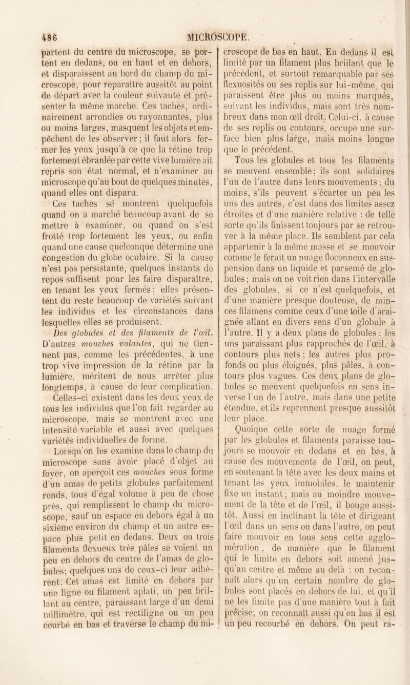 partent du centre du microscope, se por- | croscope de bas en haut. En dedans il est tent en dedans, ou en haut et en dehors, et disparaissent au bord du champ du mi- croscope, pour reparaître aussitôt au point de départ avec la couleur suivante et pré- senter la même marche. Ces taches, ordi- nairement arrondies ou rayonnantes, plus ou moins larges, masquent les objets et em- pêchent de les observer; il faut alors fer- mer les yeux jusqu’à ce que la rétine trop fortement ébranlée par cette vive lumière ait repris son état normal, et n’examiner au microscope qu’au bout de quelques minutes, quand elles ont disparu. Ces taches së montrent quelquefois quand on a marché beaucoup avant de se mettre à examiner, ou quand on s’est frotté trop fortement les yeux, ou enfin quand une cause quelconque détermine une congestion du globe oculaire. Si la cause n’est pas persistante, quelques instants de repos suffisent pour les faire disparaître, en tenant les yeux fermés ; elles présen- tent du reste beaucoup de variétés suivant les individus et les circonstances dans lesquelles elles se produisent. Des globules et des filaments de l'œil. D’autres mouches volantes, qui ne tien- nent pas, comme les précédentes, à une trop vive impression de la rétine par la lumière, méritent de nous arrêter plus longtemps, à cause de leur complication. Celles-ci existent dans les deux yeux de tous les individus que l'on fait regarder au microscope, mais se montrent avec une intensité variable et aussi avec quelques variétés individuelles de forme. Lorsqu'on les examine dans le champ du microscope sans avoir placé d'objet au foyer, on aperçoit ces mouches sous forme d’un amas de petits globules parfaitement ronds, tous d’égal volume à peu de chose près, qui remplissent le champ du micro- scope, sauf un espace en dehors égal à un sixième environ du champ et un autre es- pace plus petit en dedans. Deux ou trois filaments flexueux très pâles se voient un peu en dehors du centre de l’amas de glo- bules; quelques uns de ceux-ci leur adhè- rent. Cet amas est limité en dehors par une ligne ou filament aplati, un peu bril- lant au centre, paraissant large d’un demi millimètre, qui est rectiligne ou un peu courbé en bas et traverse le champ du mi- limité par un filament plus brillant que le précédent, et surtout remarquable par ses flexuosités ou ses replis sur lui-même, qui paraissent être plus ou moins marqués, suivant les individus, mais sont très nom- breux dans mon œil droit, Celui-ci, à cause de ses replis ou contours, occupe une sur- face bien plus large, mais moins longue que le précédent. Tous les globules et tous les filaments se meuvent ensemble; ils sont solidaires l’un de l’autre dans leurs mouvements; du moins, s’ils peuvent s’écarter un peu les uns des autres, c’est dans des limites assez étroites et d'une manière relative : de telle sorte qu’ils finissent toujours par se retrou- ver à la même place. Ils semblent par cela appartenir à la même masse et se mouvoir comme le ferait un nuage floconneux en sus- pension dans un liquide et parsemé de glo- bules; mais on ne voit rien dans l'intervalle des globules, si ce n’est quelquefois, et d'une manière presque douteuse, de min- ces filamens comme ceux d’une toile d'arai- gnée allant en divers sens d'un globule à l’autre. Il y a deux plans de globules : les uns paraissant plus rapprochés de l’œil, à contours plus nets ; les autres plus pro- fonds ou plus éloignés, plus pâles, à con- tours plus vagues. Ces deux plans de glo- bules se meuvent quelquefois en sens in- verse l’un de l'autre, mais dans une petite étendue, et ils reprennent presque aussitôt leur place. Quoique cette sorte de nuage formé par les globules et filaments paraisse tou- jours se mouvoir en dedans et en bas, à cause des mouvements de l’œil, on peut, en soutenant la tête avec les deux mains et tenant les yeux immobiles, le maintenir fixe un instant; mais au moindre mouve- ment de la tête et de l’œil, il bouge aussi- tôt. Aussi en inclinant la tête et dirigeant l’œil dans un sens ou dans l’autre, on peut faire mouvoir en tous sens cette agglo- mération , de manière que le filament qui le limite en dehors soit amené jus- qu’au centre et même au delà : on recon- naît alors qu'un certain nombre de glo- bules sont placés en dehors de lui, et qu'il ne les limite pas d'une manière tout à fait précise; on reconnaît aussi qu'en bas il est un peu recourbé en dehors. On peut ra-