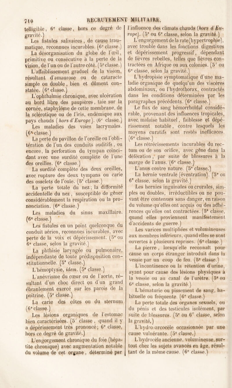 telligible, 6e classe, hors ce degré de gravité.) Les fistules salivaires , de cause trau- matique, reconnues incurables. (6e classe.) La désorganisation du globe de l'œil, primitive ou consécutive à la perte de la vision, de l'un ou de l'autre côté. (5eclasse.) L’affaiblissement graduel de la vision, résultant d'amaurose ou de cataracte simple ou double, bien et dûment con- statée. (6e classe.) L’ophtbalmie chronique, avec ulcération au bord libre des paupières, taie sur la cornée, staphylôpae de cette membrane, de la sclérotique ou de l’iris, endémique aux pays chauds (hors d'Europe). (fi,; classe.) Les maladies des voies lacrymales, (ficelasse.) La perte du pavillon de l’oreille ou l’obli- tération de l’un des conduits auditifs, ou encore, la perforation du tympan coïnci- dant avec une surdité complète de 1 une des oreilles. (6e classe.) La surdité complète des deux oreilles, avec rupture des deux tympans ou carie des osselets de l’ouïe. (5e classe.) La perte totale du nez; la difformité accidentelle du nez , susceptible de gêner considérablement la respiration ou la pro- nonciation. (6e classe.) Les maladies du sinus maxillaire. (6e classe.) Les fistules en un point quelconque du conduit aérien, reconnues incurables, avec perte de la voix et dépérissement. (5e ou 6e classe, selon la gravité.) La phthisie laryngée ou pulmonaire, indépendante de toute prédisposition con- stitutionnelle. (5e classe.) L'hémoptysie, idem. (5e classe.) L'anévrisme du cœur ou de l’aorte, ré- sultant d’un choc direct ou d'un grand ébranlement exercé sur les parois de la poitrine. (5e classe.) La carie des côtes ou du sternum (6e classe.) Les lésions organiques de l’estomac bien caractérisées. (5** classe , quand il y a dépérissement très prononcé ; 6e classe, hors ce degré de gravité.) L’engorgement chronique du foie (hépa- tite chronique) avec augmentation notable du volume de cet organe , déterminé par l’influence des climats chauds (hors d Eu- rope). (5e ou 6e classe, selon la gravité.) L’engorgement de la rate (hypertrophie), avec trouble dans les fonctions digestives et dépérissement progressif, dépendant de fièvres rebelles, telles que fièvres con- tractées en Afrique ou aux colonies. (5* ou 6e classe, selon la gravité.) L hydropisie symptomatique d’une ma- ladie organique de quelqu’un des viscères abdominaux, ou l’hydrothorax, contractés dans les conditions déterminées par les paragraphes précédents. (6e classe.) Le flux de sang hémorrhoïdal considé- rable, provenant des influences tropicales, avec malaise habituel, faiblesse et dépé- rissement notable, contre lesquels les moyens curatifs sont restés inefficaces. (6e classe.) Les rétrécissements incurables du rec- tum ou de son orifice, avec gêne dans la défécation ,* par suite de blessures à la marge de l’anus. (6e classe.) L’anus contre nature. (5e classe.) La hernie ventrale (éventration). (5e ou 6e classe, selon la gravité.) Les hernies inguinales ou crurales, sim- ples ou doubles, irréductibles ou ne pou- vant être contenues sans danger, en raison du volume qu’elles ont acquis ou des adhé- rences qu’elles ont contractées. (5e classe, quand elles proviennent manifestement d’accidents de guerre.) Les varices multipliées et volumineuses aux membres inférieurs, quand elles se sont ouvertes à plusieurs reprises. (6e classe.) La pierre , lorsqu'elle reconnaît pour cause un corps étranger introduit dans la vessie par un coup de feu. (5e classe.) L’incontinence ou la rétention d’urine, ayant pour cause des lésions physiques à la vessie ou au canal de l’urètre. (5e ou 6e classe, selon la gravité.) L'hématurie ou pissement de sang, ha- bituelle ou fréquente. (6e classe.) La perte totale des organes sexuels, ou du pénis et des testicules isolément, par suite de blessures. (5e ou 6e classe, selon la gravité.) L’hydrO'arcocèle occasionnée par une cause vulnérante. (5e classe.) L'hydrocèle ancienne, volumineuse, sur- tout chez les sujets avancés en âge, résul- tant de la même cause. (6e classe.) \ /