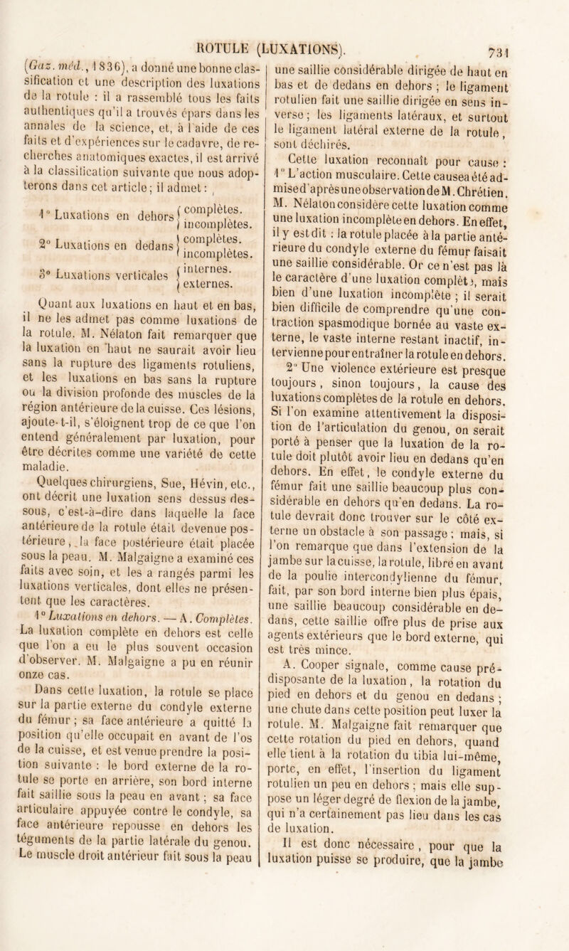 [Gaz. mcd., ! 836), a donné une bonne clas sification et une description des luxations de la rotule : il a rassemblé tous les faits authentiques qu’il a trouvés épars dans les annales de la science, et, à l aide de ces faits et d expériences sur le cadavre, de re- cherches anatomiques exactes, il est arrivé à la classiiication suivante que nous adop- terons dans cet article; il admet: 1° Luxations en dehors f comPlè|e®- ) incomplètes. ROTULE (LUXATIONS). 2° Luxations en dedans o° Luxations verticales complètes, incomplètes, r internes, i externes. Quant aux luxations en haut et en bas, il ne les admet pas comme luxations de la rotule. M. Nélaton fait remarquer que la luxation en haut ne saurait avoir lieu sans la rupture des ligaments rotuliens, et les luxations en bas sans la rupture ou la division profonde des muscles de la région antérieure de la cuisse. Ces lésions, ajoute-t-il, s’éloignent trop de ce que l’on entend généralement par luxation, pour être décrites comme une variété de cette maladie. Quelques chirurgiens, Sue, Hévin.etc., ont décrit une luxation sens dessus des- sous, c’est-à-dire dans laquelle la face antérieure de la rotule était devenue pos- térieure, la face postérieure était placée sous la peau. M. Malgaigne a examiné ces faits avec soin, et les a rangés parmi les luxations verticales, dont elles ne présen- tent que les caractères. 10 Luxations en dehors. — À. Complètes. La luxation complète en dehors est celle que Ion a eu le plus souvent occasion d observer. M. Malgaigne a pu en réunir onze cas. Dans cette luxation, la rotule se place sur la partie externe du condyle externe du fémur ; sa face antérieure a quitté la position qu’elle occupait en avant de l’os de la cuisse, et est venue prendre la posi- tion suivante : le bord externe de la ro- tule se porte en arrière, son bord interne fait saillie sous la peau en avant ; sa face articulaire appuyée contre le condyle, sa face antérieure repousse en dehors les téguments de la partie latérale du genou. Le muscle droit antérieur fait sous la peau 731 une saillie considérable dirigée de haut en bas et de dedans en dehors ; le ligament rotulien fait une saillie dirigée en sens in- verse ; les ligaments latéraux, et surtout le ligament latéral externe de la rotule, sont déchirés. Cette luxation reconnaît pour cause : 1ü L’action musculaire. Cette causeaétéad- mised’aprèsuneobservationdeM. Chrétien. M. Nélaton considère cette luxation comme une luxation incomplète en dehors. En effet, il y estdit ; la rotule placée à la partie anté- rieure du condyle externe du fémur faisait une saillie considérable. Or ce n’est pas là le caractère d’une luxation complèt3, mais bien d’une luxation incomplète ; il serait bien difficile de comprendre qu’une con- traction spasmodique bornée au vaste ex- terne, le vaste interne restant inactif, in- terviennepour entraîner la rotule en dehors. 2° Une violence extérieure est presque toujours, sinon toujours, la cause des luxations complètes de la rotule en dehors. Si l’on examine attentivement la disposi- tion de 1 articulation du genou, on serait porté à penser que la luxation de la ro- tule doit plutôt avoir lieu en dedans qu’en dehors. En effet, le condyle externe du fémur fait une saillie beaucoup plus con- sidérable en dehors qu’en dedans. La ro- tule devrait donc trouver sur le côté ex- terne un obstacle à son passage; mais, si l’on remarque que dans l’extension de’ la jambe sur lacuisse, la rotule, libre en avant de la poulie intercondylienne du fémur, fait, par son bord interne bien plus épais, une saillie beaucoup considérable en de- dans, cette saillie offre plus de prise aux agents extérieurs que le bord externe, qui est très mince. A. Cooper signale, comme cause pré- disposante de la luxation , la rotation du pied en dehors et du genou en dedans ; une chute dans cette position peut luxer la rotule. M. Malgaigne fait remarquer que cette rotation du pied en dehors, quand elle tient à la rotation du tibia lui-même porte, en effet, l’insertion du ligament rotulien un peu en dehors ; mais elle sup- pose un léger degré de flexion de la jambe, qui n’a certainement pas lieu dans les cas de luxation. Il est donc nécessaire , pour que la luxation puisse se produire, que la jambe