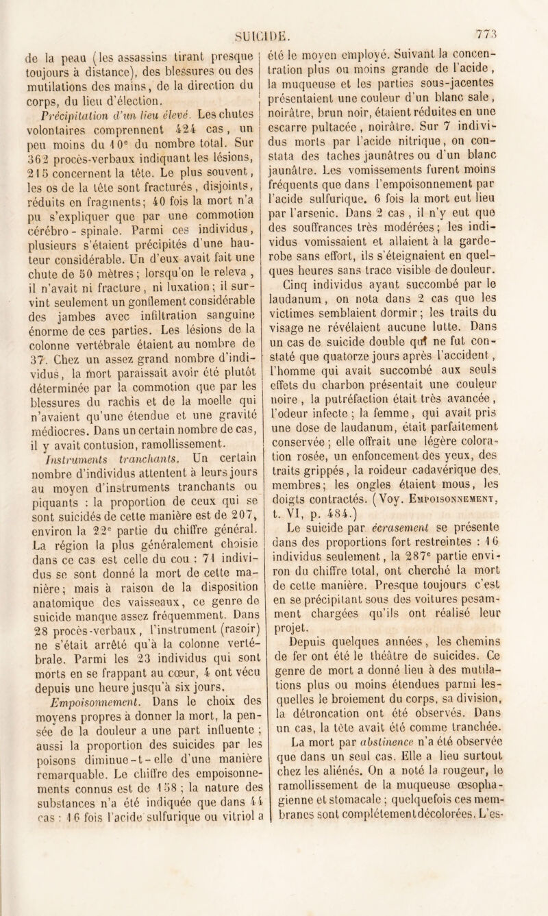 de la peau (les assassins tirant presque toujours à distance), des blessures ou des mutilations des mains, de la direction du corps, du lieu d’élection. Précipitation d’un lieu élevé. Les chutes volontaires comprennent 424 cas, un peu moins du 10e du nombre total. Sur 362 procès-verbaux indiquant les lésions, 21 5 concernent la tête. Le plus souvent, les os de la tête sont fracturés , disjoints, réduits en fragments; 40 fois la mort n’a pu s’expliquer que par une commotion cérébro - spinale. Parmi ces individus , plusieurs s’étaient précipités d’une hau- teur considérable. Un d’eux avait fait une chute de 50 mètres; lorsqu’on le releva , il n'avait ni fracture, ni luxation; il sur- vint seulement un gonflement considérable des jambes avec infiltration sanguine énorme de ces parties. Les lésions de la colonne vertébrale étaient au nombre de 37. Chez un assez grand nombre d’indi- vidus , la mort paraissait avoir été plutôt déterminée par la commotion que par les blessures du rachis et de la moelle qui n’avaient qu’une étendue et une gravité médiocres. Dans un certain nombre de cas, il y avait contusion, ramollissement. Instruments tranchants. Un certain nombre d’individus attentent à leurs jours au moyen d’instruments tranchants ou piquants : la proportion de ceux qui se sont suicidés de cette manière est de 207, environ la 22e partie du chiffre général. La région la plus généralement choisie dans ce cas est celle du cou : 71 indivi- dus se sont donné la mort de cette ma- nière ; mais à raison de la disposition anatomique des vaisseaux, ce genre de suicide manque assez fréquemment. Dans 28 procès-verbaux, l’instrument (rasoir) ne s’était arrêté qu’à la colonne verté- brale. Parmi les 23 individus qui sont morts en se frappant au cœur, 4 ont vécu depuis une heure jusqu’à six jours. Empoisonnement. Dans le choix des moyens propres à donner la mort, la pen- sée de la douleur a une part influente ; aussi la proportion des suicides par les poisons diminue-t-elle d’une manière remarquable. Le chiffre des empoisonne- ments connus est de 158 ; la nature des substances n’a été indiquée que dans 44 ras : 1 6 fois l’acide sulfurique ou vitriol a été le moyen employé. Suivant la concen- tration plus ou moins grande de l’acide, la muqueuse et les parties sous-jacentes présentaient une couleur d’un blanc sale , noirâtre, brun noir, étaient réduites en une escarre pultacée, noirâtre. Sur 7 indivi- dus morts par l’acide nitrique, on con- stata des taches jaunâtres ou d'un blanc jaunâtre. Les vomissements furent moins fréquents que dans l’empoisonnement par l’acide sulfurique. 6 fois la mort eut lieu par l’arsenic. Dans 2 cas , il n’y eut que des souffrances très modérées; les indi- vidus vomissaient et allaient à la garde- robe sans effort, ils s’éteignaient en quel- ques heures sans trace visible de douleur. Cinq individus ayant succombé par le laudanum , on nota dans 2 cas que les victimes semblaient dormir ; les traits du visage ne révélaient aucune lutte. Dans un cas de suicide double qut ne fut con- staté que quatorze jours après l’accident, l’homme qui avait succombé aux seuls effets du charbon présentait une couleur noire , la putréfaction était très avancée , l’odeur infecte; la femme, qui avait pris une dose de laudanum, était parfaitement conservée ; elle offrait une légère colora- tion rosée, un enfoncement des yeux, des traits grippés, la roideur cadavérique des. membres; les ongles étaient mous, les doigts contractés. (Voy. Empoisonnement, t. VI, p. 484.) Le suicide par écrasement se présente dans des proportions fort restreintes : 4 6 individus seulement, la 287e partie envi- ron du chiffre total, ont cherché la mort de cette manière. Presque toujours c’est en se précipitant sous des voitures pesam- ment chargées qu’ils ont réalisé leur projet. Depuis quelques années, les chemins de fer ont été le théâtre de suicides. Ce genre de mort a donné lieu à des mutila- tions plus ou moins étendues parmi les- quelles le broiement du corps, sa division, la détroncation ont été observés. Dans un cas, la tète avait été comme tranchée. La mort par abstinence n’a été observée que dans un seul cas. Elle a lieu surtout chez les aliénés. On a noté la rougeur, le ramollissement de la muqueuse œsopha- gienne et stomacale ; quelquefois ces mem- branes sont complétementdécolorées. L’es-