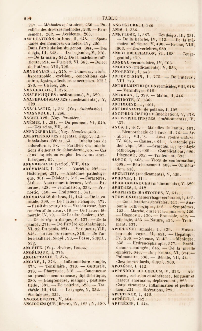 247, — Méthodes opératoires, 250. — Pa- rallèle des diverses méthodes, 260. —Pan- sement, 262. — Accidents, 268. AMPUTATIONS du bras, II, 148. — Spon- tanée des membres du fœtus, IV, 220. — Dans l’articulation du genou, 384. —■ Des doigts, III, 348. — De la jambe, V, 276. — De la main, 512. De la mâchoire infé- rieure, 494. — Du pied, VI, 363. — Du col de l’utérus, VIII, 798. AMYGDALES, I, 275. — Tumeurs, abcès, hypertrophie , excision , concrétions cal- caires, kystes, affections cancéreuses, 275 à 286. — Ulcères, 286. AMYGDALITE, I, 376. ANALEPTIQUES (médicaments), V, 529. ANAPURQBISIAQUES (médicaments), V, 529. ANAPLASTIE, I, 551. (Voy. Autoplastie.) ANASAUQUE, I, 286. AMCIIILOPS. (Voy. Paupière.) ANÉMIE, I , 291. — Du poumon, VI, 540. — Des reins, VII, 48. ANENCÉPHALIE. ( Voy. Monstruosités.) ANESTHÉSIQUES (agents), Suppl, 52. — Inhalations d’éther, 53. — Inhalations de chloroforme, 58. — Parallèle des inhala- tions d’éther et de chloroforme, 65. — Cas dans lesquels on emploie les agents anes- thésiques, 65. ANÉvniSMALE (varice), VIII, 846. ANÉVRISME, I, 291. — Variétés, 292. — Historique', 294. — Anatomie pathologi- que, 301. — Etiologie, 312.—Caractères, 316. — Anévrismes internes , 316. — Ex- ternes, 328. —Terminaison, 333. — Pro- nostic, 340. — Traitement, 341. ANÉVRISMES du bras, II, 144. —De la ca- rotide, 309. —De l’artère cœliaque, 572. — Passif du cœur,615. —Vrai du cœur, faux consécutif du cœur, 619. — De l’artère fé- morale, IV, 79. — De l’artère fessière, 182. — De la région iliaque, V, 137. — De la jambe, 274. — De l’artère ophthalmique, VI, 92. Du pénis, 221. —Variqueux, VIII, 846. — Artérioso-veineux, 846. — De l’ar- tère axillaire, Suppl, 96. — Des os, Suppl., 552. ANGÉITE. (Voy. Artères, Veines.) ANGÉLIQUE, I, 374. ANGIECTASIE, I, 374. ANGINE, I, 374. — Inflammatoire simple, 375. — Tonsillaire , 376. — Gutturale, 378. — Pharyngée, 378. — Couenneuse ou pseudo-membraneuse, diphthéritique, 380. — Gangréneuse, maligne , pestilen- tielle , 385. — De poitrine, 525. — Tra- chéale, III, 164. — Laryngée, V, 332. — Striduleuse, 335. AN GIO LE U CITE, V, 464. ANGIOTÉNIQUE fièvre), IV, 193 ; V, 180. ! ANGUSTURE, I, 386. ! A N1S, I, 386. ANKYLOSE, I, 387. - Des doigts, III, 331. — De la hanche, IV, 513. — De la mâ- choire inférieure, V, 490. — Fausse, VUÏ, 603. — Des vertèbres, 980. ANRYLOBLÉPIIARON, VI, 188. — Congé- génital, 179. ANNEAU vermiculaire, IV, 703. ANODINS (médicaments), V, 535, ANOREXIE, I, 443. ANTÉVERSION, I, 775. — De l’utérus, VIII, 773. ANTHELMlNTHîQUES vermicides, VIII, 918. — Vermifuges, 918. ANTHRAX, I, 399. — Malin, II, 446. ANTIDOTE, V, 536. ANTIMOINE , I , 401. ANTIMONIATE de potasse, I, 402. ANTIPHLOGISTIQUE (médication), V, 178. A NT IS Y ph I LIT IQ u E S (médicaments), V, 537. ANUS, I , 407. — Maladies de l’anus, 407. — Blennorrhagie de l’anus, II, 76. — Ar- tificiel , VII, 8. — Anus contre nature, IV, 684. —Causes, 684. — Anatomie pa- thologique, 685. —Symptômes, physiologie pathologique, 689. — Complications, 690. Diagnostic, 692. — Traitement, 693. AORTE, I, 408. — Vices de conformation, 508. — Rétrécissement, 408. — Oblitéra- tion, 410. APERITIFS (médicaments), V, 529. APHONIE, I, 411. aphrodisiaques (médicaments), V, 529, APHTHES, I, 412. APOPHYSES MASTOÏDES, V, 517. . A POP LE Xl E (hémorrhagie cérébrale), I, 415. — Considérations générales, 415. — Ana- tomie .pathologique , 416. — Symptômes, — Marche, durée et terminaison, 429. — Diagnostic, 430. — Pronostic, 432. — Etiologie, 433.— Nature, 435. — Traite- ment, 437. APOPLEXIE spinale, I, 439. — Muscu- laire du cœur, II, 624. — Hépatique, IV, 236.— Séreuse, V, 47. — Méningée, 538. — Hydrencéphalique, 577. —Rachi- dienne-méningée , 645. — De la moelle épinière, 646. — Du placenta, VI, 374.— Pulmonaire, 536. — Rénale, VII, 44. — Chez les vieillards, Suppl, 900. APOZÈME, I, 442. APPENDICE DU COECUM, V, 223. — Ab- sence , occlusion et adhérence, longueur et largeur anormales, déplacement , 223. — Corps étrangers , inflammation et perfora- tion, 224 — Ulcérations, 225. APPÉTENCE, I, 442. APPÉTIT, I, 442. APYRÉXÏE, I, 444.