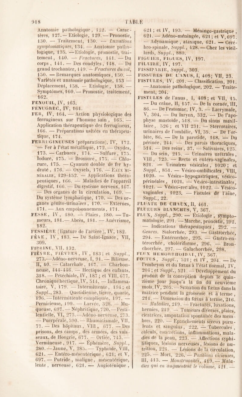 Anatomie pathologique, 122. — Carac- tères, 127.—Etiologie, 129.—Pronostic, 130. — Traitement, 130. — Luxations symptomatiques, 134. — Anatomie patho- logique, 135. —Etiologie, pronostic, trai- tement, 140. —Fractures, 141.—Du corps, 441. — Des condyles, 148. — Du grand trochanter, 149. — Fractures du col, 150. — Remarques anatomiques, 150. — Variétés et anatomie pathologique, 153 — Déplacement, 158. — Etiologie, 158.— Symptômes, 160. — Pronostic, traitement, 162. FENOUIL, IV, 163. FENUGIlEC, IV, 164. FEU, IV, 164. — Action physiologique des ferrugineux sur l’homme sain , 165. — Application thérapeutique des ferrugineux, 166. — Préparations usitées en thérapeu- tique, 174. FERRUGINEUSES (préparations), IV, 172. — Fer à l’état métallique, 172. — Oxydes, 173. —Carbures, 174. —Sulfure, 175. ïodure, 175. — Bromure, 175. — Chlo- rure, 175. —Cyanure double de fer hy- draté , 176. — Oxysels, 176. —Eaux mi- nérales, 429-452. — Applications théra- peutiques, 166. — Maladies de l’appareil digestif, 166. — Du système nerveux, 167. — Des organes de la circulation, 169. — Du système lymphatique, 170. — Des or- ganes génito-urinaires, 170.—Externes, 171. — Aux empoisonnements, 171. FESSE, IV, 180. — Plaies, 180. —Tu- meurs, 181.—Abcès, 181. —Anévrisme, 182.^ ’FESSIÈRE (ligature de l’artère), IV, 182. FÈVE, IV, 183.— De Saint-Ignace, VII, 309. FIBRINE, VII, 132. FIÉ VUE, FIÈVRES, IV, 183; et Suppl., 273.—Adéno-nerveuse, I, 91. — Bilieuse. II, 40. —Catarrhale, 167. — Charbon- neuse, 444-446. — Hectique des enfants, 318. — Pétéchiale, IV, 187 ; et VIII, 677. Chronique hectique, IV, 514. — Inflamma- toire, V, 179. —Intermittente, 194; et Suppl., 283. Quotidienne, tierce, quarte, 196. — Intermittente compliquée, 197. — Pernicieuse, 199. —Larvée, 328. —Mu- queuse, 697. — Néphritique, 720.-—Pesti- lentielle, VI, 273.—Adéno-nerveuse, 273. — Puerpérale, 590. — Rhumatismale, VH, 77. — Des hôpitaux, VIH, 677, —Des prisons, des camps, des armées, des vais- seaux, de Hongrie, 677. — Ortiée, 743.— Vermineuse, 917. — Éphémère, Suppl., 280. — Jaune, V, 285. — Typhoïde, VIII, 621. — Entéro-mésentérique , 621; et V, 697. — Putride , maligne, mésentérique, lente, nerveuse, 621.— Angioténique , 621 ; et IV, 193. — Méningo-gastrique , 621. — Adéno-méningée, 621; et V, 697. — Advnamique , ataxique, 621. — Céré- bro-spinale, Suppl., 428. — Chez les vieil- lards, Suppl., 880. FIGUIER, FIGUES, IV, 197. PILAIRE, IV, 197. F1SSIPARIE, Suppl., 303. FISSURES DE L’ANUS, I, 408; VII, 23. FISTULES, IV, 201. —Classification, 201. — Anatomie pathologique, 202. — Traite- ment, 204. FISTULES de l’anus, I, 408; et VII, 15. — Du crâne, II, 157. — De la cornée, III, 86- — De l’estomac, IV, 3.— Lacrymale, V, 304. — Du larynx, 332. -—• De l’apo- physe mastoïde, 518. — Du sinus maxil- laire, 526 ; et VU 231. — Stercoraires, urinaires de l’ombilic, VI, 35. — De l’or- bite, 86. — De la parotide, 168. — Du périnée, 244. — Des parois thoraciques, 514. — Des reins , 37. — Salivaires, 125. — Du sein, 215. — Urinaires urétrales , VIII, 723. — Recto et entéro-vagînales, 821. — Urinaires vésicales, 1020; et Suppl., 851. — Vésico-ombilicales, VIII, 1020. — Vésico-hypogastriques, vésico- périnéales, 1021. — Vésico-intestinales, 1021. — Vésico-rec:ales, 1022. — Vésico- vaginales , 1023. — Fistules dé Faîne, Suppl., 22. ELU A TE DE CHAUX, II, 461. F LU EUR S BLANCHES, V, 367. FEUX, Suppl., 290. — Étiologie , Sympto- matologie, 291. —Marche, pronostic, 292. — Indications thérapeutiques, 292. — Genres. Sialorrhée, 293. — Gastrorrhée, 294. — Entérorrhée, 295. — Gastro-en- térorrhée, cholériforme, 296. — Bron- chorrhée, 297.— Galachorrhée, 298. FLUX II É AI O U H II (J ID \ L, IV, 567. FOETUS, Suppl., 521; et IV, 204. —De l’embryon et du fœtus à l’état normal, IV, 204 ; et Suppl., 521. — Développement du produit de la conception depuis le quin- zième jour jusqu’à la fin du neuvième mois, IV, 205. — Situation du fœtus dans la matrice pendant la grossesse et à terme , 214. — Dimension du fœtus à terme, 216. — Maladies, 219. —Fractures, luxations, hernies, 219. — Tumeurs diverses, plaies, cicatrices, amputation spontanée des mem- bres, 220. — Epanchements séreux puru- lents et sanguins, 222. — Tubercules , calculs, concrétions, inflammations, mala- dies de la peau, 223. — Affections syphi- litiques, lésions nerveuses, lésions de nu- trition, 224. — Lésions de la circulation, 225. Mort, 226. — Positions vicieuses, III, 413. — Monstruosités, 419. — Mala- dies qui en augmentent le'volume, 421. —•