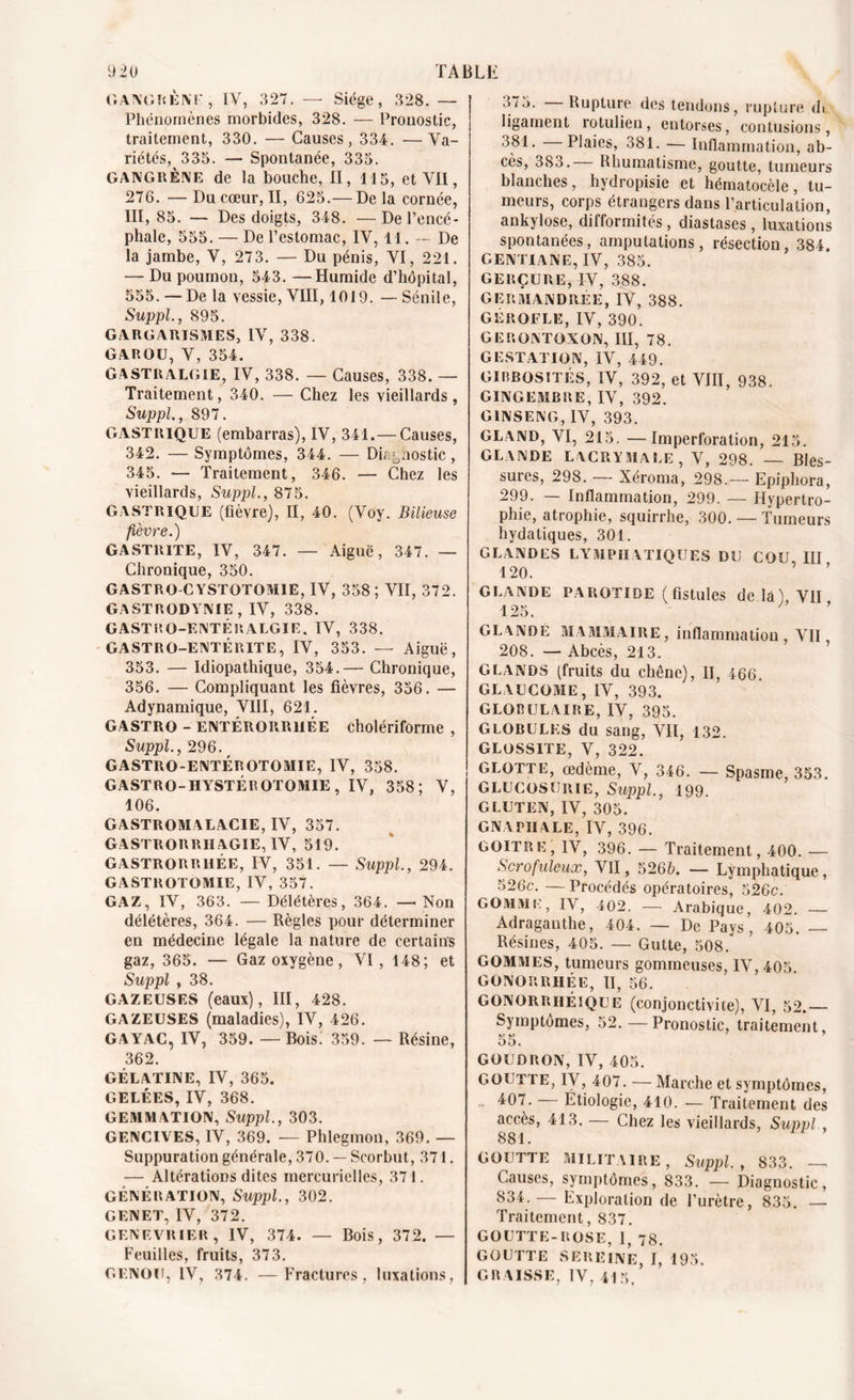 GANG h ÈIV'r , IV, 327. — Siège, 328. — ! Phénomènes morbides, 328. — Pronostic, traitement, 330. — Causes, 334. —Va- riétés, 335. — Spontanée, 335. GANGRÈNE de la bouche, II, 115, et VII, 276. — Du cœur, II, 625.— De la cornée, 111,85. — Des doigts, 348. —De l’encé- phale, 555. — De l’estomac, IV, 11. — De la jambe, V, 273. — Du pénis, VI, 221. — Du poumon, 543. —Humide d’hôpital, 555. — De la yessie, VIII, 1019. — Sénile, Suppl., 895. GARGARISMES, IV, 338. GAROU, V, 354. GASTRALGIE, IV, 338. — Causes, 338. — Traitement, 340. — Chez les vieillards, Suppl., 897. GASTRIQUE (embarras), IV, 341. —Causes, 342. — Symptômes, 344. — Di, ^aostic , 345. — Traitement, 346. — Chez les vieillards, Suppl., 875. GASTRIQUE (fièvre), II, 40. (Voy. Bilieuse fièvre.) GASTRITE, IV, 347. — Aiguë, 347. — Chronique, 350. GASTRO-CYSTOTOMIE, IV, 358; VII, 372. GASTRODYNIE , IV, 338. GASTRO-ENTÉRALGIE. IV, 338. GASTRO-ENTÉRITE, IV, 353. — Aiguë, 353. — Idiopathique, 354.— Chronique, 356. — Compliquant les fièvres, 356. — Adynamique, VIII, 621. GASTRO - ENTÉRORR1IÉE cholériforme , Suppl., 296. GASTRO-ENTÉROTOMIE, IV, 358. GASTRO-HYSTÉROTOMIE, IV, 358; V, 106. GASTROM ALACIE, IV, 357. GASTRORRHAGIE, IV, 519. GASTRORRHÉE, IV, 351. — Suppl., 294. GASTROTOMIE, IV, 357. GAZ, IV, 363. — Délétères, 364. — Non délétères, 364. ■— Règles pour déterminer en médecine légale la nature de certains gaz, 365. — Gaz oxygène, VI, 148; et Suppl , 38. GAZEUSES (eaux), III, 428. GAZEUSES (maladies), IV, 426. GAYAC, IV, 359. — Boisi 359. — Résine, 362. GÉLATINE, IV, 365. GELÉES, IV, 368. GEMMATION, Suppl., 303. GENCIVES, IV, 369. — Phlegmon, 369. — Suppuration générale, 370. — Scorbut, 371. — Altérations dites mercurielles, 371. GÉNÉRATION, Suppl., 302. GENET, IV, 372. GENEVRIER, IV, 374. — Bois, 372. — Feuilles, fruits, 373. GENOU, IV, 374. —Fractures, luxations, 375. Rupture des tendons, rupture dt ligament rotulien, entorses, contusions, 381. Plaies, 381. — Inflammation, ab- cès, 383. Rhumatisme, goutte, tumeurs blanches, hydropisie et hématocèle, tu- meurs, corps étrangers dans l’articulation, ankylosé, difformités , diastases , luxations spontanées, amputations, résection, 384. GENTIANE, IV, 385. GERÇURE, IV, 388. GERMANDREE, IV, 388. GÉROFLE, IV, 390. GERONTOXON, III, 78. GESTATION, IV, 449. GIBBOSITÉS, IV, 392, et VIII, 938. GINGEMBRE, IV, 392. G1NSENG, IV, 393. GLAND, VI, 215. —Imperforation, 215. GLANDE lacrymale, V, 298. — Bles- sures, 298. — Xéroma, 298.— Epiphora, 299. — Inflammation, 299. — Hypertro- phie, atrophie, squirrhe, 300. — Tumeurs hydatiques, 301. GLANDES LYMPHATIQUES DU COU III 120. GLANDE PAROTIDE (fistules delà) VII 125. ’ GLANDE MAMMAIRE, inflammation, VII, 208. — Abcès, 213. GLANDS (fruits du chêne), II, 466. GLAUCOME, IV, 393. GLOBULAIRE, IV, 395. GLOBULES du sang, Vil, 132. GLOSSITE, V, 322. GLOTTE, œdème, V, 346. — Spasme, 353. GLUCüSUrie, Suppl., 199. GLUTEN, IV, 305. GNV! SIALE, IV, 396. GOITRE, IV, 396. — Traitement, 400. — Scrofuleux, VII, 5266. — Lymphatique, 526c. — Procédés opératoires, 526c. GOMME, IV, 402. — Arabique, 402. — Adragauthe, 404. — De Pays, 405. — Résines, 405. — Gutte, 508. GOMMES, tumeurs gommeuses, IV, 405 GONORRHÉE, II, 56. GONORRHÉ1QUE (conjonctivite), VI, 52.— Symptômes, 52. — Pronostic, traitement, 55. GOUDRON, IV, 405. GOUTTE, IV, 407. — Marche et symptômes, * 407. — Etiologie, 410. — Traitement des accès, 413. — Chez les vieillards, Suppl , 881. GOUTTE MILITAIRE, Suppl., 833. — Causes, symptômes, 833. — Diagnostic, 834. — Exploration de l’urètre, 835. — Traitement, 837. GOUTTE-ROSE, I, 78. GOUTTE SEREINE, I, 195. GR AISSE, IV, 415,