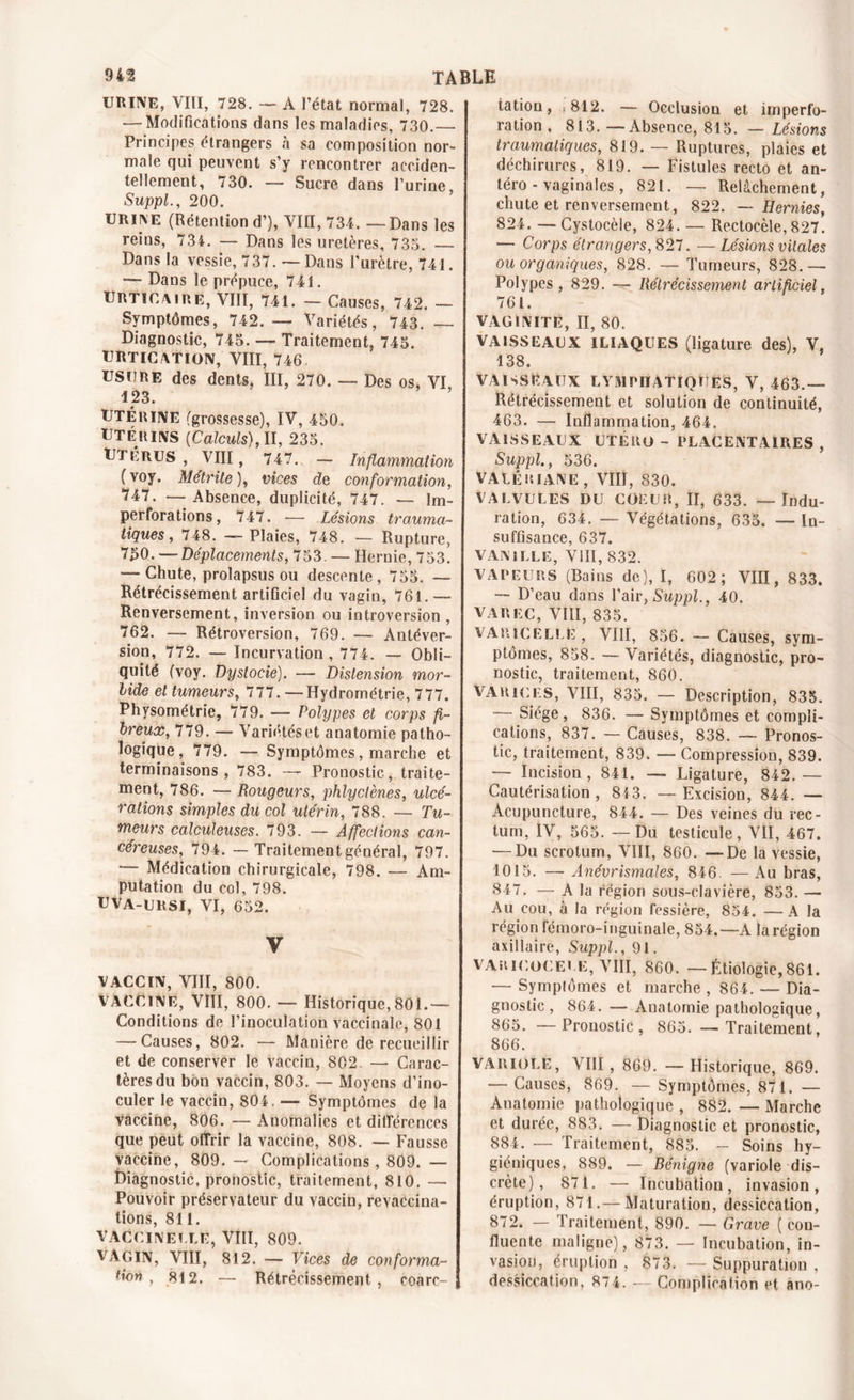 URINE, VIII, 728. — A l’état normal, 728. — Modifications dans les maladies, 730.— Principes étrangers à sa composition nor- male qui peuvent s’y rencontrer acciden- tellement, 730. — Sucre dans l’urine, Suppl., 200. Urine (Rétention d’), VIII, 734. — Dans les reins, 734. — Dans les uretères, 733. — Dans la vessie, 737. — Dans l’urètre, 741. — Dans le prépuce, 741. URTICAIRE, VIII, 741. — Causes, 742. — Symptômes, 742.— Variétés, 743. — Diagnostic, 745. — Traitement, 745. URTICATION, VIII, 746 usure des dents, III, 270. — Des os, VI 123. UTÉRINE (grossesse), IV, 450. UTERINS {Calculs), U, 235. UTÉRUS , VIII, 747. — Inflammation ( voy. Métrite ), vices de conformation, 747. — Absence, duplicité, 747. — Im- perforations, 747. — Lésions trauma- tiques, 748. — Plaies, 748. -— Rupture, 730. — Déplacements, 753. — Hernie, 753. — Chute, prolapsus ou descente, 755. — Rétrécissement artificiel du vagin, 761.— Renversement, inversion ou introversion , 762. — Rétroversion, 769. — Antéver- sion, 772. — Incurvation , 774. — Obli- quité (voy. Dystocie). — Distension mor- lide et tumeurs, 777. — Hydrométrie, 777. Physométrie, 779. — Polypes et corps fi- breux, 779. — Variétés et anatomie patho- logique , 779. — Symptômes, marche et terminaisons, 783. — Pronostic, traite- ment, 786. — Rougeurs, phlyctènes, ulcé- rations simples du col utérin, 788. — Tu- meurs calculeuses. 793. — Affections can- céreuses, 794. — Traitement général, 797. '— Médication chirurgicale, 798. — Am- putation du col, 798. UVA-URSI, VI, 652. y VACCIN, VIII, 800. VACCINE, VIII, 800. — Historique, 801.— Conditions de l’inoculation vaccinale, 801 — Causes, 802. — Manière de recueillir et de conserver le vaccin, 802. — Carac- tères du bon vaccin, 803. — Moyens d’ino- culer le vaccin, 804. — Symptômes de la vaccine, 806. — Anomalies et différences que peut offrir la vaccine, 808. — Fausse vaccine, 809.— Complications, 809. — Diagnostic, pronostic, traitement, 810. — Pouvoir préservateur du vaccin, revaccina- tions, 811. VACCINE! EE, VIII, 809. VAGIN, VIII, 812. — Vices de conforma- tion , 812. — Rétrécissement, coarc- tation, ;812. — Occlusion et imperfo- ration , 813. — Absence, 815. — Lésions traumatiques, 819. — Ruptures, plaies et déchirures, 819. — Fistules recto et an- téro - vaginales , 821. — Relâchement, chute et renversement, 822. — Hernies, 824. —Cystocèle, 824.— Rectocèle,827. — Corps étrangers, 827. —Lésions vitales ou organiques, 828. — Tumeurs, 828.— Polypes , 829. — Rétrécissement artificiel, 761. VAGINITE, II, 80. vaisseaux ILIAQUES (ligature des), V, 138. VAISSEAUX lymphatiques, V, 463.— Rétrécissement et solution de continuité, 463. — Inflammation, 464. VAISSEAUX UTERO - PLACENTAIRES , Suppl., 536. VALÉRIANE , VIII, 830. VALVULES DU COEUR, II, 633. — Indu- ration, 634. — Végétations, 635. — In- suffisance, 637. VANILLE, VIII, 832. VAPEURS (Bains de), I, 602; VIII, 833. — D’eau dans l’air, Suppl., 40. VAREC, VIII, 835. VARICELLE , VIII, 856. — Causes, sym- ptômes, 858. — Variétés, diagnostic, pro- nostic, traitement, 860. Varices, VIII, 835. — Description, 835. — Siège, 836. — Symptômes et compli- cations, 837. — Causes, 838. — Pronos- tic, traitement, 839. — Compression, 839. — Incision, 841. — Ligature, 842.— Cautérisation , 813. — Excision, 844. — Acupuncture, 844. — Des veines du rec- tum, IV, 565. — Du testicule, VII, 467. •—Du scrotum, VIII, 860. —De la vessie, 1015. — Anévrismales, 846. —Au bras, 847. — A la région sous-clavière, 853. — Au cou, à la région fessière, 854. — A la région fémoro-inguinale, 854.—A Iarégion axillaire, Suppl., 91. VARICOCELE, VIII, 860. — Étiologie,861. — Symptômes et marche , 864. — Dia- gnostic , 864. — Anatomie pathologique, 865. —Pronostic, 865. —Traitement, 866. VARIOLE, VIII , 869. — Historique, 869. — Causes, 869. — Symptômes, 871. — Anatomie pathologique, 882.—Marche et durée, 883. — Diagnostic et pronostic, 884. •— Traitement, 885. — Soins hy- giéniques, 889. — Bénigne (variole dis- crète) , 871. — Incubation, invasion, éruption, 871.— Maturation, dessiccation, 872. — Traitement, 890. — Grave ( con- fluente maligne), 873. — Incubation, in- vasion, éruption , 873. — Suppuration , dessiccation, 87 4. ~ Complication et ano-